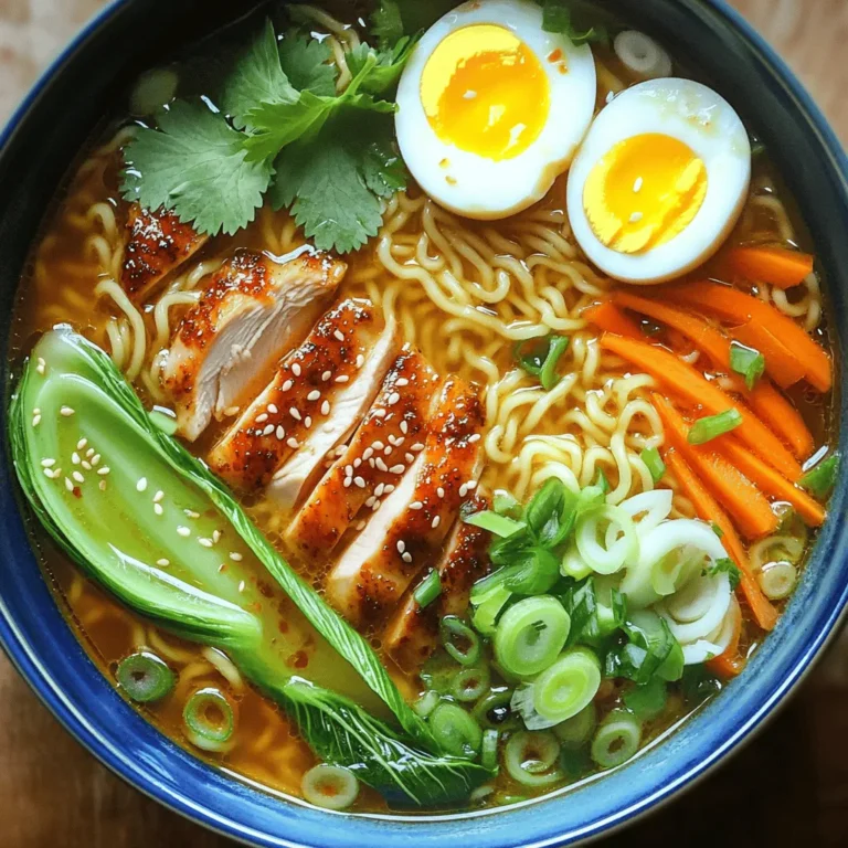 - 2 boneless, skinless chicken thighs - 4 cups chicken broth - 2 packs of instant ramen noodles (discard flavor packets) - 1 tablespoon sesame oil - 2 cloves garlic, minced - 1 inch ginger, grated - 2 tablespoons soy sauce - 1 tablespoon sriracha (adjust to taste) - 1 teaspoon chili paste (optional for extra heat) - 1 cup bok choy, chopped - 1 carrot, julienned - 2 green onions, sliced - 2 boiled eggs, halved - Chopped cilantro for garnish - Sesame seeds for garnish Add a teaspoon of chili oil for more heat. You can also use a splash of rice vinegar for tang. A bit of miso paste can deepen the broth’s flavor. If you like crunch, try adding crushed peanuts or fried onions. Top your ramen with fresh herbs like basil or mint for a twist. Thinly sliced radishes add a nice crunch. You can also sprinkle some nori strips on top for added flavor. A dash of lime juice brightens the dish and balances the spice. First, you need to marinate the chicken thighs. In a medium bowl, combine: - 2 tablespoons soy sauce - 2 cloves garlic, minced - 1 inch ginger, grated - 1 tablespoon sriracha Mix these well. This blend adds rich flavor to the chicken. Let the chicken sit in this mix for 15 to 20 minutes. The longer you marinate, the more flavor it gets. Next, heat 1 tablespoon of sesame oil in a large pot over medium-high heat. Once hot, add the marinated chicken thighs. Sear them for about 5 to 7 minutes on each side until they turn brown. Remove the chicken and set it aside. In the same pot, pour in 4 cups of chicken broth. Bring it to a boil, then lower the heat to a simmer. Add 1 cup of chopped bok choy and 1 julienned carrot. Cook these for about 3 minutes until they soften. Now, it's time to add the ramen noodles. Break the 2 packs of instant ramen noodles in half and drop them into the pot. Cook according to the package instructions, usually about 3 to 4 minutes. While the noodles cook, slice the seared chicken into strips. Add the chicken back into the pot and mix everything. Taste the broth and adjust with more soy sauce or sriracha if needed. This simple process brings together all the flavors. Enjoy your spicy chicken ramen bowls, packed with taste and warmth! To cook chicken thighs just right, start with marinating them. Use soy sauce, garlic, ginger, and sriracha. Let the chicken sit for 15-20 minutes. This helps the flavors soak in. Heat sesame oil in a pot. Sear the thighs for 5-7 minutes on each side until they are golden brown. Then, remove them and set aside. This method gives you juicy, flavorful chicken. If you like spice, use sriracha and chili paste. Start with one tablespoon of sriracha. After cooking, taste the broth. Add more sriracha or chili paste if you want it spicier. Remember, you can always add more heat, but you can’t take it away. Make it your own by finding the right balance for your taste. Using homemade broth makes a big difference. You can simmer chicken bones and vegetables for hours. This creates a rich, deep flavor. If you don't have time, store-bought broth works too. Just choose a low-sodium option for better control over seasoning. You can add extra garlic or ginger to boost the taste even more. This extra effort rewards you with a broth that sings with flavor. {{image_2}} You can make a great vegetarian version of spicy ramen. Instead of chicken, use tofu. Tofu absorbs flavors well and adds protein. You can also use vegetable broth for a rich base. Add in mushrooms for umami and more texture. Don't forget to toss in your favorite vegetables like bell peppers or spinach. If you want to try different proteins, consider shrimp or pork. Shrimp cooks quickly and adds a sweet taste. Slice pork tenderloin into thin pieces for a hearty option. For a lighter meal, grilled chicken breast works nicely too. Just remember to adjust cooking time based on your choice. Get creative with your veggie choices in spicy ramen. In addition to bok choy and carrots, you can add snap peas or zucchini. Sweet corn adds a nice crunch and sweetness. For a bit of heat, try adding sliced jalapeños. Mix and match to create your perfect bowl! To keep your spicy chicken ramen fresh, store it in an airtight container. Let the ramen cool down first. Then, cover it tightly. It stays good in the fridge for up to three days. Keep the toppings separate. This helps keep them fresh and crisp. When you're ready to enjoy your ramen again, reheat it on the stove. Heat it over medium heat. Stir gently to mix the broth and noodles. You can also use a microwave. Place it in a microwave-safe bowl. Heat in short bursts, stirring in between. This way, it warms evenly. You can freeze the ramen for later meals. Portion it into freezer-safe containers. Leave some space at the top for expansion. It stays good for up to three months. When you want to eat it, thaw it in the fridge overnight. Reheat as usual before serving. Yes, you can use regular ramen. Regular ramen takes longer to cook. Follow the package instructions for timing. Instant ramen cooks quickly, which makes it easy for busy nights. Regular ramen often has a better texture. It can hold up well in broth. To make your ramen less spicy, reduce the sriracha. Start with a smaller amount. You can also skip the chili paste. Adding more chicken broth can help balance the heat. Incorporating more veggies like carrots can add sweetness. Creamy toppings like a soft-boiled egg can also tone down spice. If you don't have bok choy, try spinach or kale. Both greens add nice texture and flavor. You can also use napa cabbage for a similar crunch. Other options include shredded cabbage or Swiss chard. Each of these will fit well in your ramen bowl. You learned how to make spicy chicken ramen with tasty ingredients and helpful tips. We covered steps like marinating chicken and cooking broth. Remember to customize your dish with extra flavors and toppings. You can even switch proteins or try vegetarian options. Storing and reheating ramen properly keeps it fresh. With these insights, you can make a delicious meal that suits your taste. Enjoy your cooking adventure and explore your ramen creations!