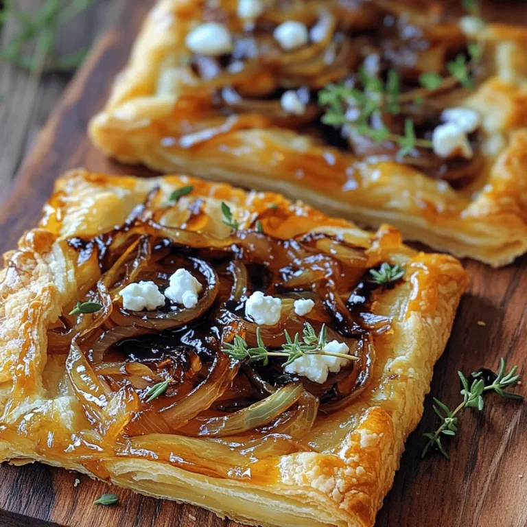 - 1 sheet puff pastry, thawed - 3 large onions, thinly sliced - 2 tablespoons olive oil - 1 tablespoon balsamic vinegar - 4 oz goat cheese, crumbled - 2 tablespoons fresh thyme leaves (or 1 tablespoon dried thyme) - Salt and pepper to taste - 1 egg (for egg wash) - 1 tablespoon honey (for drizzling) - Large skillet - Baking sheet - Knife - Small bowl for egg wash - Rolling pin (if needed) In this recipe, we start with a puff pastry base. This pastry gives the tart a light and flaky texture. Next, we need three large onions. Thin slices help the onions cook down evenly. Olive oil adds richness, while balsamic vinegar brings a sweet tang. Goat cheese gives the tart a creamy touch. Fresh thyme adds a lovely herb flavor. Salt and pepper round out the taste. For a special twist, drizzle honey on top. This sweet touch contrasts nicely with the tart. You will need some basic tools. A large skillet helps cook the onions. A baking sheet holds the tart while it bakes. A knife helps cut the pastry and a small bowl is for the egg wash. A rolling pin can help shape the pastry if needed. Gather these ingredients and tools, and you’re ready to create a delicious caramelized onion and goat cheese tart! Start by preheating your oven to 400°F (200°C). This helps create a crispy crust. Next, take your large skillet and add 2 tablespoons of olive oil over medium heat. Add 3 large onions, thinly sliced. Stir them occasionally for about 15 to 20 minutes. You want them to become soft and start to caramelize. When they turn a deep golden color, add 1 tablespoon of balsamic vinegar, 2 tablespoons of fresh thyme leaves, salt, and pepper. Stir for another 2 to 3 minutes to blend the flavors. Then, remove the skillet from heat. Now, roll out your puff pastry on a lightly floured surface. Transfer the pastry to a baking sheet, shaping it if needed. Use a knife to make a border around the edge, about 1 inch from the edge. Be careful not to cut all the way through. This will form a lovely crust. Spread the caramelized onions evenly over the pastry within the border. Next, crumble 4 ounces of goat cheese over the onions. Make sure to distribute it evenly. In a small bowl, beat 1 egg. Brush the edges of the pastry with the egg wash. This gives the tart a beautiful golden color when baked. Bake the tart in your preheated oven for 20 to 25 minutes. Look for a puffed, golden brown pastry. If you want a sweet touch, drizzle 1 tablespoon of honey over the warm tart just before serving. Allow it to cool for a few minutes before slicing, and then enjoy this flavorful delight! To caramelize onions well, use medium heat. Start with good olive oil in your skillet. Add thinly sliced onions and stir them often. This helps them cook evenly. Cook for about 15 to 20 minutes. Look for a deep golden color. If they start to stick, add a splash of water. Add balsamic vinegar near the end. This gives a sweet and tangy flavor. Season with salt and pepper to taste. For the best puff pastry, keep it cold. Thaw it just before you need it. Roll it out gently on a floured surface. Aim for a rectangular shape and even thickness. Make a border around the edges with a knife. This keeps your filling inside while baking. Brush the edges with egg wash for a golden finish. Bake at 400°F until it puffs and turns golden brown. Serve this tart warm for the best taste. Cut it into squares or slices for easy sharing. Garnish with fresh thyme leaves for a nice look. Pair it with a light salad for a full meal. A glass of white wine goes well too. You can drizzle honey on top for added sweetness. This contrast makes each bite special. {{image_2}} You can easily switch out goat cheese for other types. Try feta for a tangy kick. Mozzarella gives a mild and creamy taste. Blue cheese adds a bold flavor. Just crumble or slice the cheese as you prefer. Each choice will change the taste, so experiment to find your favorite. Seasonal vegetables can enhance your tart. In spring, use asparagus or peas for freshness. Summer calls for zucchini or bell peppers for color and crunch. In fall, add roasted squash or mushrooms for warmth. These veggies not only taste great but also add nutrition and beauty. To make this tart gluten-free, use gluten-free puff pastry. These options are now widely available. For a vegan version, swap goat cheese for a nut-based cheese. You can use cashew cheese or a store-bought vegan option. For the egg wash, brush with a mix of plant-based milk and a bit of maple syrup. These changes keep the tart delicious while catering to different diets. To store leftovers, let the tart cool completely. Then, wrap it tightly in plastic wrap or aluminum foil. You can also place it in an airtight container. This keeps it fresh for up to three days in the fridge. To reheat, preheat your oven to 350°F (175°C). Place the tart on a baking sheet. Heat it for about 10-15 minutes. This method keeps the crust crispy and the cheese delicious. You can also use a microwave for quick reheating, but it may make the crust soft. You can freeze the tart before baking. Wrap it tightly in plastic wrap and then in foil. It can last for up to three months in the freezer. When ready to bake, thaw it in the fridge overnight, then bake as per the recipe. Freezing after baking is also an option. Just remember to cool it first and follow the same wrapping method. Yes, you can make this tart ahead of time. You can prepare the caramelized onions and puff pastry separately. Store each in the fridge for up to two days. When ready to serve, simply assemble the tart. Bake it right before serving for the best taste. If you don't have goat cheese, you can use cream cheese or feta cheese. Both options provide a creamy texture. If you prefer a dairy-free option, try cashew cheese or a vegan cream cheese. Each will change the flavor a bit, but they will still taste great. Perfectly caramelized onions are soft, golden brown, and sweet. This usually takes about 15-20 minutes on medium heat. Stir them often to avoid burning. When they start to stick to the pan, they are ready for balsamic vinegar and seasonings. This blog post explored how to make a delicious caramelized onion and goat cheese tart. We covered the key ingredients, simple steps to assemble and bake, and helpful tips for perfecting your dish. I shared variations to suit your taste and dietary needs. Remember to store leftovers properly and reheat them well. You can enjoy this tart on special occasions or casual dinners. With practice, you'll master this recipe and impress your family and friends. Enjoy your cooking journey and savor each bite!
