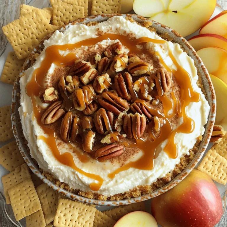 - 8 oz cream cheese, softened - 1 cup powdered sugar - 1/2 cup caramel sauce - 1 teaspoon vanilla extract - 1/2 cup chopped pecans, toasted The main ingredients create a rich and creamy base for the dip. Cream cheese adds a smooth texture and a slight tang. Powdered sugar sweetens the dip, making it dessert-like. Caramel sauce brings a sweet, buttery flavor that pairs well with pecans. Vanilla extract enhances the overall taste. Chopped pecans add a nice crunch and nutty flavor. - 1/2 cup whipped cream - 1 teaspoon cinnamon - Graham crackers or apple slices for dippers Optional ingredients can elevate your dip. Whipped cream makes it even fluffier and lighter. Cinnamon adds warmth and depth to the flavor. Graham crackers or apple slices serve as dippers, giving you a fun way to enjoy the dip. You can mix and match these options to personalize your experience. - Step 1: Mixing cream cheese and powdered sugar Start by taking 8 ounces of softened cream cheese. Place it in a medium mixing bowl. Add 1 cup of powdered sugar to the bowl. Use a hand mixer to beat them together. Mix on medium speed until the mixture is smooth and creamy. - Step 2: Incorporating caramel sauce and vanilla Gradually pour in 1/2 cup of caramel sauce. Add 1 teaspoon of vanilla extract. Keep mixing until everything is well combined. The dip will start to take on a rich, sweet flavor. - Step 3: Folding in pecans and cinnamon Now it’s time to add texture. Take 1/2 cup of chopped pecans that are toasted. Add them to the mix along with 1 teaspoon of cinnamon. Use a spatula to fold these in gently. This step keeps the dip light and fluffy. - Step 4: Adding whipped cream Finally, fold in 1/2 cup of whipped cream. This makes the dip extra fluffy. Mix carefully until it’s all blended. You want a nice, creamy consistency. - Transfer to serving bowl Spoon the finished dip into a decorative serving bowl. This makes it look inviting and fun. - Garnishing with caramel sauce and pecans Drizzle some extra caramel sauce on top. Sprinkle additional toasted pecans for garnish. This adds a nice touch and makes it even more delicious. To achieve a fluffy dip, start with softened cream cheese. This helps create a smooth base. Use a hand mixer to blend the cream cheese and powdered sugar. Mix on medium speed until creamy and well combined. When adding caramel sauce and vanilla, do it slowly. This keeps the dip light and airy. After these ingredients mix well, fold in the chopped, toasted pecans and cinnamon. A spatula is best for this step. It helps maintain the fluffiness of the dip as you mix. For the final touch, gently fold in the whipped cream. This step is key for a light, airy texture. Use slow, careful movements to avoid deflating the whipped cream. For a creative presentation, serve the dip in a decorative bowl. Surround it with graham crackers and fresh apple slices. This creates a colorful and inviting platter. Drizzle extra caramel sauce on top for a sweet finish. A sprinkle of cinnamon adds flavor and a nice look. The best dippers for this dip are graham crackers and apple slices. Both offer a nice contrast to the creamy dip. You can also try pretzels for a salty twist. Enjoy experimenting with different dippers to find your favorite! {{image_2}} You can make your dip even more exciting. Try adding chocolate! Just mix in some cocoa powder or melted chocolate. This creates a rich chocolate caramel pecan dip. It adds a new twist that chocolate lovers will adore. Seasonal flavors can also be fun. For fall, mix in pumpkin spice. Just add a teaspoon of pumpkin spice to the original recipe. It gives your dip a warm, cozy taste perfect for autumn gatherings. If you need gluten-free options, swap out the graham crackers. Use fresh apple slices or gluten-free crackers as dippers. This way, everyone can enjoy the dip. For a low-sugar or sugar-free version, replace powdered sugar with a sugar substitute. Look for products that measure cup-for-cup like sugar. This keeps the dip sweet without the extra sugar. You can still enjoy a tasty treat without worry. To keep your Caramel Pecan Cheesecake Dip fresh, use an airtight container. Glass containers work well, but plastic ones are fine too. Make sure the dip is cool before sealing. Store it in the fridge for up to three days. If you see any change in texture or smell, it's best to toss it. You can freeze this dip if you have extra. To freeze, place it in a freezer-safe container. Leave some space at the top, as the dip may expand. It can last up to two months in the freezer. When ready to enjoy, move it to the fridge for a day to thaw. Once thawed, stir it well before serving. This helps restore its creamy texture. You can keep this dip in the fridge for about three days. Store it in an airtight container. If you notice any change in texture or smell, it's best to toss it. Yes, you can! Almonds or walnuts work well too. Just chop them up like you would with pecans. This dip will still taste great with different nuts. You can use butterscotch sauce or chocolate syrup. Both give a sweet flavor that blends well. If you want a healthier option, try honey or maple syrup. Absolutely! This dip is perfect for parties. It’s easy to make and always a hit. Serve it with graham crackers or apple slices for a fun touch. Your guests will love it! This blog post covered a tasty Caramel Pecan Cheesecake Dip. You learned the key ingredients and steps to make it. I included tips to perfect your dip and ideas for serving. You even found fun variations and storage tips for leftovers. In conclusion, try this dip for your next gathering. It's easy, sweet, and sure to impress. Enjoy your cooking!