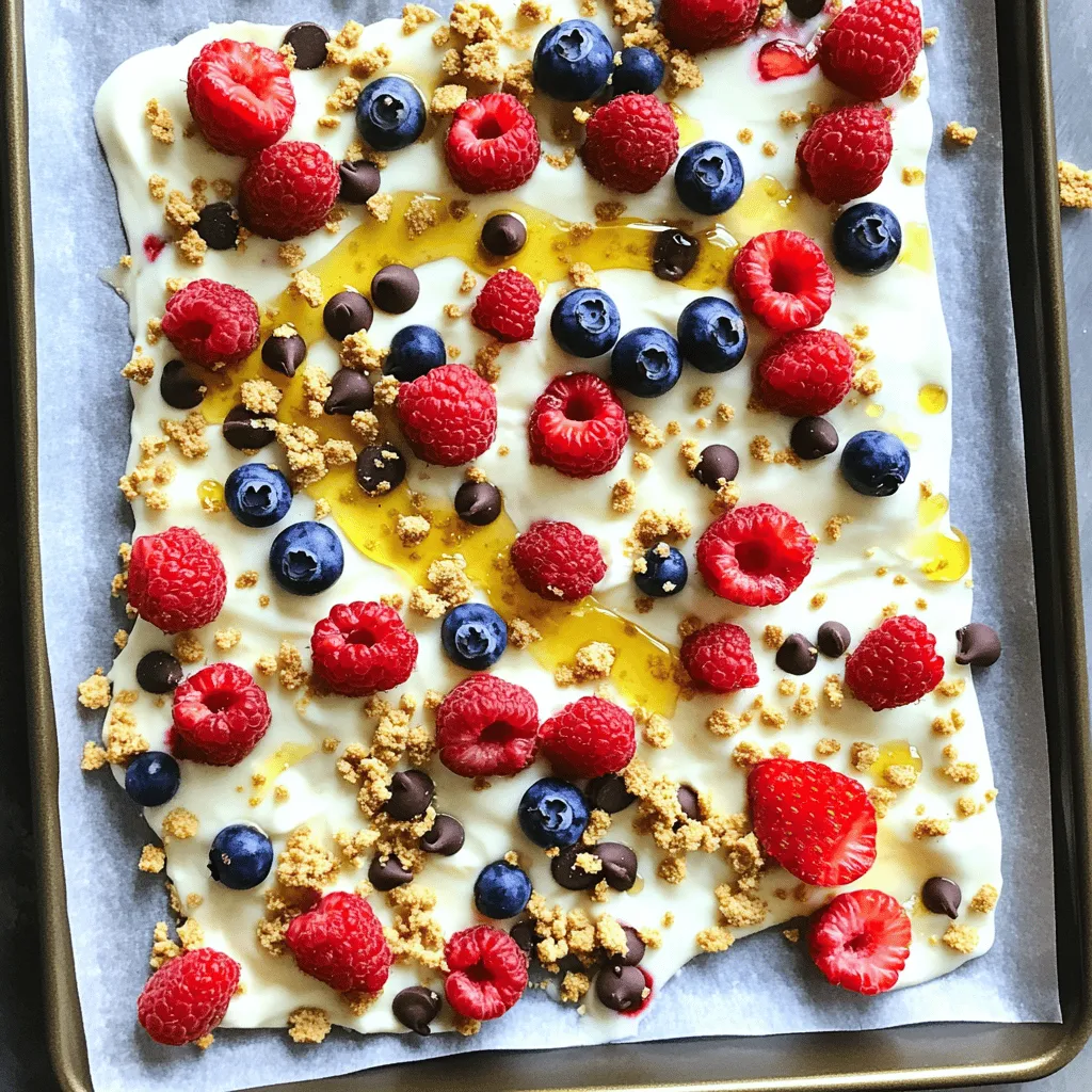 - 2 cups Greek yogurt (plain or vanilla) - 1/4 cup honey or maple syrup - 1 teaspoon vanilla extract - 1/2 cup cream cheese, softened - 1/2 cup mixed berries (strawberries, blueberries, raspberries) - 2 tablespoons mini chocolate chips (optional) - 1 tablespoon crushed graham crackers (for topping) For this berry cheesecake yogurt bark, we need fresh and tasty ingredients. Start with Greek yogurt. It gives the bark a creamy base. You can choose plain or vanilla. Next, we add honey or maple syrup for sweetness. This will help balance the tartness of the berries. Don't forget the vanilla extract! It adds a nice flavor twist. Next, cream cheese gives the bark that cheesecake taste. Make sure it is softened for easy mixing. Mixed berries bring the fun and color! You can use strawberries, blueberries, and raspberries. They all work well together. If you're feeling adventurous, add mini chocolate chips for extra sweetness. Finally, crushed graham crackers make a lovely topping. They add crunch and a hint of flavor. With these ingredients, you can create a dessert that is both delicious and refreshing. Perfect for sharing with friends or enjoying on your own! - Line a baking sheet with parchment paper. Make sure it hangs over the edges. This helps with easy removal later. - In a mixing bowl, combine the Greek yogurt, honey or maple syrup, and vanilla extract. Add the softened cream cheese. Whisk until it is smooth and creamy. - Pour the yogurt mixture onto the baking sheet. Use a spatula to spread it evenly. Aim for about 1/2 inch thick. - Scatter the mixed berries over the yogurt layer. Press them down slightly so they stick well. If you like, sprinkle mini chocolate chips and crushed graham crackers on top. - Place the baking sheet in the freezer. Freeze it until solid, which takes about 4 hours. - Once frozen, take it out and let it sit for 5 minutes. This makes cutting easier. Now, cut it into pieces or break it into chunks for a rustic look. You can serve it right away or store it in an airtight container in the freezer for up to a week. To avoid ice crystals in your yogurt bark, keep it smooth. Use full-fat Greek yogurt for the best creaminess. The fat helps give a rich texture. Mix the yogurt, honey, vanilla, and cream cheese together well. This blending helps avoid ice crystals. For a creamier result, ensure your cream cheese is really soft. Let it sit at room temperature. When you spread the mixture out, make it even. This helps it freeze uniformly and stay smooth. You can add fun toppings to change the flavor. Try nuts, seeds, or different fruits. Sliced bananas or peaches work great too! If you want a sweeter bark, add more honey or maple syrup. Taste the mix before you freeze it. This way, you can adjust the sweetness to your liking. If you love chocolate, sprinkle some mini chocolate chips on top. They add a sweet crunch. Crushed graham crackers give a cheesecake feel. Mix and match to find your favorite flavor combo! {{image_2}} You can easily change the fruit in this recipe. Instead of mixed berries, try tropical fruits like mango or pineapple. Stone fruits, like peaches or cherries, also taste great. Each choice gives a new twist to your yogurt bark. For those who prefer dairy-free options, use coconut yogurt instead of Greek yogurt. This gives a nice flavor and keeps it creamy. You can also swap cream cheese for a vegan cream cheese. This way, everyone can enjoy this treat. In summer, use fresh, ripe fruits for the best taste. Strawberries, blueberries, and raspberries shine during this time. They add vibrant color and flavor to your yogurt bark. You can also add a hint of lime juice for a refreshing kick. For winter, spice things up! Mix in cinnamon or nutmeg into the yogurt. It warms up the flavors and makes the bark cozy. You can also add roasted nuts for extra crunch and warmth. This gives a festive feel to your dessert. To store your berry cheesecake yogurt bark, first, let it freeze completely. Once it’s solid, take it out of the freezer. You can cut it into pieces or break it into chunks. Next, place the pieces in an airtight container. This will help keep it fresh. Use a container that fits well. A shallow, flat container works best. This way, you can stack the pieces without them sticking together. If you want to keep it longer, wrap each piece in plastic wrap before putting them in the container. This extra step helps keep out moisture and air. Your yogurt bark will last in the freezer for about one week. After that, it may start to lose its flavor and texture. To enjoy it at its best, try to eat it within that week. If you notice any ice crystals or freezer burn, it’s time to toss it out. Always check for these signs before enjoying your treat! Can I use frozen berries instead of fresh? Yes, you can use frozen berries! Just thaw them first. Drain excess liquid. This keeps your yogurt bark from becoming too watery. How do I make this recipe dairy-free? To make it dairy-free, use coconut yogurt. Substitute cream cheese with dairy-free cream cheese. This gives you that creamy texture without dairy. Can I substitute Greek yogurt with regular yogurt? Yes, you can use regular yogurt. Just remember, it will change the texture a bit. Greek yogurt is thicker and creamier, while regular is more runny. What if my yogurt bark is too soft? If your yogurt bark is soft, it might need more time in the freezer. Also, check if your yogurt had too much liquid. Use a thicker yogurt for a firmer result. How to prevent toppings from sinking? To keep toppings from sinking, press them lightly into the yogurt layer. You can also freeze the yogurt bark for a short time before adding toppings. This keeps them on top better. This blog post shared a fun and easy recipe for berry cheesecake yogurt bark. You learned the key ingredients, step-by-step instructions, and tips to make it perfect. Customization options let you create your own flavor and texture. Store it right, and you will enjoy this treat for weeks. I hope you feel inspired to try this snack at home. Enjoy making your berry cheesecake yogurt bark!