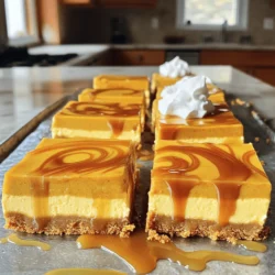 - Graham Cracker Crust: - 1 ½ cups graham cracker crumbs - ½ cup melted unsalted butter - Pumpkin Cheesecake Filling: - 1 cup pumpkin puree - 8 oz cream cheese (softened) - 1 cup granulated sugar - Flavor Enhancers: - 2 large eggs - 1 teaspoon vanilla extract - 1 teaspoon ground cinnamon - ½ teaspoon ground nutmeg - ¼ teaspoon ground ginger - ½ teaspoon salt - Topping: - ½ cup caramel sauce - Optional whipped cream for serving I love using simple, fresh ingredients for my Caramel Pumpkin Cheesecake Bars. Each one plays a key role in creating that rich, creamy texture. For the crust, I prefer using graham cracker crumbs. They give that nice crunch. The melted butter helps hold it all together. Next, the pumpkin cheesecake filling is where the magic happens. I use pure pumpkin puree, not the spiced kind, for better flavor. Softened cream cheese is vital. It blends easily with sugar and gives a velvety texture. Now, the flavor enhancers really boost the taste. I add two large eggs to help the bars set nicely. Vanilla extract gives a warm note, while cinnamon, nutmeg, and ginger add that cozy autumn feel. A pinch of salt balances all the sweetness. Finally, I like to drizzle caramel sauce on top. It adds a sweet finish that pairs wonderfully with the pumpkin. If you want, a dollop of whipped cream adds an extra touch of creaminess. Each ingredient brings something special to the table, making these bars a must-try! 1. First, preheat your oven to 350°F (175°C). 2. Next, line a 9x9-inch baking pan with parchment paper. Leave some paper hanging over the sides. This helps you lift the bars out later. 3. In a bowl, mix 1 ½ cups of graham cracker crumbs with ½ cup of melted unsalted butter. Stir until the crumbs are coated. 4. Press the crumb mixture firmly into the bottom of the pan. Make it even and flat. 5. Bake the crust for about 10 minutes. It should turn lightly golden. Once done, remove it and let it cool. 1. In a large bowl, beat 8 oz of softened cream cheese with 1 cup of granulated sugar. Keep beating until it’s creamy and smooth. 2. Add 1 cup of pumpkin puree, 2 large eggs, 1 teaspoon of vanilla extract, 1 teaspoon of ground cinnamon, ½ teaspoon of ground nutmeg, ¼ teaspoon of ground ginger, and ½ teaspoon of salt. 3. Mix everything together until it’s all smooth. 1. Pour the cheesecake filling over the cooled crust. Spread it evenly across the top. 2. Drizzle ½ cup of caramel sauce over the cheesecake mixture. Use a knife to swirl it in. This creates a pretty marbled effect. 3. Bake the bars for 30-35 minutes. The edges should set, but the center can still jiggle slightly. 4. After baking, let the bars cool at room temperature for about 1 hour. Then, transfer them to the fridge. Chill for at least 2 hours or overnight. 5. Once chilled, lift the bars out using the parchment paper. Slice them into squares and serve. You can add whipped cream and more caramel sauce on top if you like. To make a great crust, use a measuring cup. This helps you press the crust firmly and evenly. A well-pressed crust gives a nice base. Make sure your butter is fully melted. This step improves the texture and holds everything together. To check for doneness, look at the edges. They should be set, while the center can jiggle a bit. This means it's not overcooked. For a smooth filling, beat the cream cheese and sugar well. Use an electric mixer if you have one. This makes mixing easier and faster. Let the bars cool at room temperature first. This step is important for the right texture. After cooling, chill them overnight for the best flavor. The longer they chill, the better they taste when you slice them. {{image_2}} You can easily change the flavor of your bars. Adding chocolate chips gives a nice twist. You can also sprinkle chopped pecans on top for a crunchy bite. Try different spices to make it your own. Use cardamom or allspice for a warm flavor. You can even add a pinch of cayenne for a spicy kick! If you need a gluten-free option, swap the graham crackers for gluten-free crumbs. You can find these at most stores. For a vegan version, use dairy-free cream cheese and coconut cream instead of regular cream. Just make sure the caramel sauce is also dairy-free. These bars are perfect for any occasion. Serve them at fall parties or family gatherings. Pair them with a scoop of vanilla ice cream for a fun treat. Drizzle extra caramel sauce on top for added sweetness. You can also add a sprinkle of sea salt to enhance the flavors. To keep your caramel pumpkin cheesecake bars fresh, store them in the refrigerator. Place them in an airtight container. This will help maintain their taste and texture. You can also freeze them for longer storage. Wrap the bars tightly in plastic wrap or foil, then place them in a freezer-safe bag. This protects against freezer burn. These bars last about 5 to 7 days in the fridge. After that, their quality may drop. Look for signs of spoilage, like a change in color or a sour smell. If you see any mold, it's best to toss them out. If you freeze the bars, thaw them in the fridge overnight. This slow method keeps them from becoming too soft. Before serving, you can refresh the texture by warming them slightly in the oven. Set the oven to 350°F and heat for about 10 minutes. This makes them taste fresh again and enhances the caramel flavor. Yes, you can use fresh pumpkin. Fresh pumpkin gives a richer flavor. To prepare, first, cut the pumpkin. Remove the seeds and stringy parts. Then, chop it into pieces and boil or steam until soft. After cooking, mash the pumpkin until smooth. You need about one cup for this recipe. This fresh puree will make your bars even tastier. To cut cheesecake bars cleanly, use a sharp knife. Dip the knife in warm water, then wipe it dry. This method helps the knife glide through the bars. Cut straight down and pull the knife straight out. Repeat this process for each slice. You will get neat, beautiful pieces every time. Yes, you can prepare these bars a day in advance. Make the bars, cool them, and then chill in the fridge. They will taste even better after resting overnight. This is perfect if you have a party or a big meal planned. Just slice and serve when you are ready. This recipe for pumpkin cheesecake bars is simple and fun. You learned how to make a tasty graham cracker crust and a creamy filling from scratch. I shared tips to get the best texture and flavor. Whether you want to add chocolate or go vegan, the options are endless. Remember, proper storage keeps your bars fresh. Enjoying these treats will bring joy to any occasion. With just a few steps, you can impress your friends and family with these delicious bars. Happy baking!