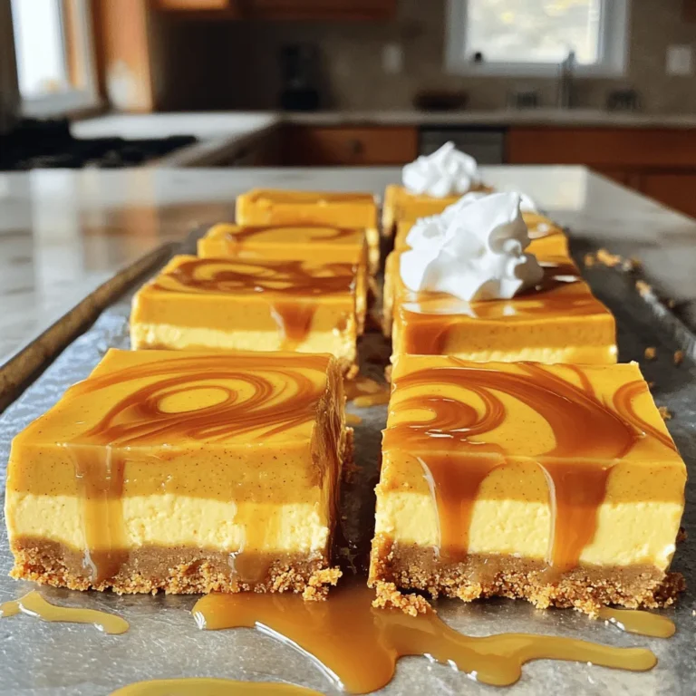 - Graham Cracker Crust: - 1 ½ cups graham cracker crumbs - ½ cup melted unsalted butter - Pumpkin Cheesecake Filling: - 1 cup pumpkin puree - 8 oz cream cheese (softened) - 1 cup granulated sugar - Flavor Enhancers: - 2 large eggs - 1 teaspoon vanilla extract - 1 teaspoon ground cinnamon - ½ teaspoon ground nutmeg - ¼ teaspoon ground ginger - ½ teaspoon salt - Topping: - ½ cup caramel sauce - Optional whipped cream for serving I love using simple, fresh ingredients for my Caramel Pumpkin Cheesecake Bars. Each one plays a key role in creating that rich, creamy texture. For the crust, I prefer using graham cracker crumbs. They give that nice crunch. The melted butter helps hold it all together. Next, the pumpkin cheesecake filling is where the magic happens. I use pure pumpkin puree, not the spiced kind, for better flavor. Softened cream cheese is vital. It blends easily with sugar and gives a velvety texture. Now, the flavor enhancers really boost the taste. I add two large eggs to help the bars set nicely. Vanilla extract gives a warm note, while cinnamon, nutmeg, and ginger add that cozy autumn feel. A pinch of salt balances all the sweetness. Finally, I like to drizzle caramel sauce on top. It adds a sweet finish that pairs wonderfully with the pumpkin. If you want, a dollop of whipped cream adds an extra touch of creaminess. Each ingredient brings something special to the table, making these bars a must-try! 1. First, preheat your oven to 350°F (175°C). 2. Next, line a 9x9-inch baking pan with parchment paper. Leave some paper hanging over the sides. This helps you lift the bars out later. 3. In a bowl, mix 1 ½ cups of graham cracker crumbs with ½ cup of melted unsalted butter. Stir until the crumbs are coated. 4. Press the crumb mixture firmly into the bottom of the pan. Make it even and flat. 5. Bake the crust for about 10 minutes. It should turn lightly golden. Once done, remove it and let it cool. 1. In a large bowl, beat 8 oz of softened cream cheese with 1 cup of granulated sugar. Keep beating until it’s creamy and smooth. 2. Add 1 cup of pumpkin puree, 2 large eggs, 1 teaspoon of vanilla extract, 1 teaspoon of ground cinnamon, ½ teaspoon of ground nutmeg, ¼ teaspoon of ground ginger, and ½ teaspoon of salt. 3. Mix everything together until it’s all smooth. 1. Pour the cheesecake filling over the cooled crust. Spread it evenly across the top. 2. Drizzle ½ cup of caramel sauce over the cheesecake mixture. Use a knife to swirl it in. This creates a pretty marbled effect. 3. Bake the bars for 30-35 minutes. The edges should set, but the center can still jiggle slightly. 4. After baking, let the bars cool at room temperature for about 1 hour. Then, transfer them to the fridge. Chill for at least 2 hours or overnight. 5. Once chilled, lift the bars out using the parchment paper. Slice them into squares and serve. You can add whipped cream and more caramel sauce on top if you like. To make a great crust, use a measuring cup. This helps you press the crust firmly and evenly. A well-pressed crust gives a nice base. Make sure your butter is fully melted. This step improves the texture and holds everything together. To check for doneness, look at the edges. They should be set, while the center can jiggle a bit. This means it's not overcooked. For a smooth filling, beat the cream cheese and sugar well. Use an electric mixer if you have one. This makes mixing easier and faster. Let the bars cool at room temperature first. This step is important for the right texture. After cooling, chill them overnight for the best flavor. The longer they chill, the better they taste when you slice them. {{image_2}} You can easily change the flavor of your bars. Adding chocolate chips gives a nice twist. You can also sprinkle chopped pecans on top for a crunchy bite. Try different spices to make it your own. Use cardamom or allspice for a warm flavor. You can even add a pinch of cayenne for a spicy kick! If you need a gluten-free option, swap the graham crackers for gluten-free crumbs. You can find these at most stores. For a vegan version, use dairy-free cream cheese and coconut cream instead of regular cream. Just make sure the caramel sauce is also dairy-free. These bars are perfect for any occasion. Serve them at fall parties or family gatherings. Pair them with a scoop of vanilla ice cream for a fun treat. Drizzle extra caramel sauce on top for added sweetness. You can also add a sprinkle of sea salt to enhance the flavors. To keep your caramel pumpkin cheesecake bars fresh, store them in the refrigerator. Place them in an airtight container. This will help maintain their taste and texture. You can also freeze them for longer storage. Wrap the bars tightly in plastic wrap or foil, then place them in a freezer-safe bag. This protects against freezer burn. These bars last about 5 to 7 days in the fridge. After that, their quality may drop. Look for signs of spoilage, like a change in color or a sour smell. If you see any mold, it's best to toss them out. If you freeze the bars, thaw them in the fridge overnight. This slow method keeps them from becoming too soft. Before serving, you can refresh the texture by warming them slightly in the oven. Set the oven to 350°F and heat for about 10 minutes. This makes them taste fresh again and enhances the caramel flavor. Yes, you can use fresh pumpkin. Fresh pumpkin gives a richer flavor. To prepare, first, cut the pumpkin. Remove the seeds and stringy parts. Then, chop it into pieces and boil or steam until soft. After cooking, mash the pumpkin until smooth. You need about one cup for this recipe. This fresh puree will make your bars even tastier. To cut cheesecake bars cleanly, use a sharp knife. Dip the knife in warm water, then wipe it dry. This method helps the knife glide through the bars. Cut straight down and pull the knife straight out. Repeat this process for each slice. You will get neat, beautiful pieces every time. Yes, you can prepare these bars a day in advance. Make the bars, cool them, and then chill in the fridge. They will taste even better after resting overnight. This is perfect if you have a party or a big meal planned. Just slice and serve when you are ready. This recipe for pumpkin cheesecake bars is simple and fun. You learned how to make a tasty graham cracker crust and a creamy filling from scratch. I shared tips to get the best texture and flavor. Whether you want to add chocolate or go vegan, the options are endless. Remember, proper storage keeps your bars fresh. Enjoying these treats will bring joy to any occasion. With just a few steps, you can impress your friends and family with these delicious bars. Happy baking!