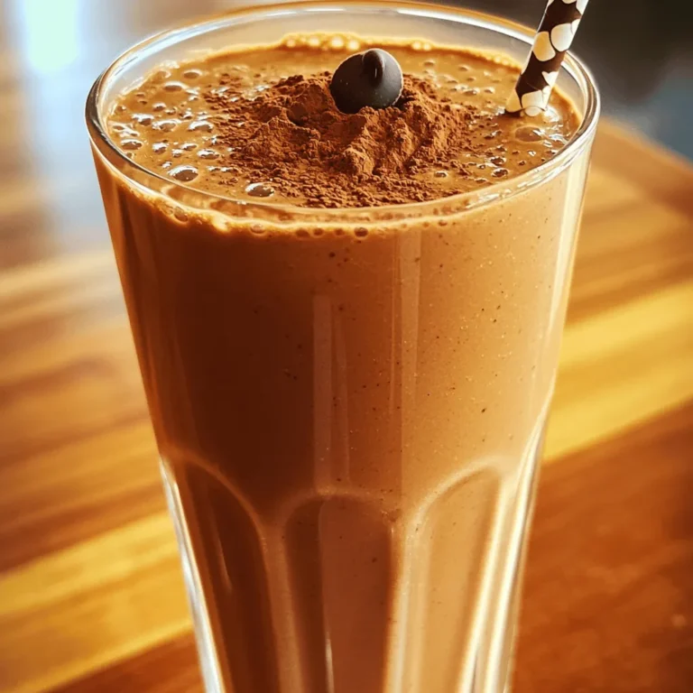 To make a Chocolate Peanut Butter Protein Smoothie, you need fresh, simple ingredients. Here’s what you’ll need: - 1 frozen banana - 1 cup almond milk (or milk of your choice) - 2 tablespoons natural peanut butter - 1 scoop chocolate protein powder - 1 tablespoon cocoa powder - 1 tablespoon honey or maple syrup (optional for extra sweetness) - 1/2 teaspoon vanilla extract - Ice cubes (optional, for a thicker texture) Each ingredient plays a key role in this smoothie. The frozen banana adds natural sweetness and creaminess. Almond milk keeps it light and adds a nutty flavor. Natural peanut butter brings a rich taste and healthy fats. Chocolate protein powder boosts protein and gives a deep chocolate flavor. Cocoa powder enhances the chocolate taste while keeping it healthy. You can use honey or maple syrup if you want more sweetness. Vanilla extract adds depth and a lovely scent. Lastly, ice cubes help make the smoothie frosty and thick. Gather all these items, and you’re ready to blend up a delicious treat! - Gather all ingredients. You need a frozen banana, almond milk, and peanut butter. Also, get chocolate protein powder, cocoa powder, sweetener, vanilla extract, and ice cubes. - Blend the base ingredients. Start by adding the frozen banana to your blender. Next, pour in the almond milk. - Incorporate optional sweeteners. Add peanut butter, chocolate protein powder, cocoa powder, and vanilla extract. If you want a sweeter drink, include honey or maple syrup. - Add ice for desired consistency. If you like your smoothie thick, toss in some ice cubes. - Blend until smooth and creamy. Mix everything on high speed. Stop to scrape down the sides if needed. - Adjust sweetness and re-blend if necessary. Taste your smoothie. If it's not sweet enough, add more sweetener and blend again. - Serve in a glass or bowl. Pour your delicious smoothie into a tall glass or bowl. Enjoy right away! You can change the almond milk to any nut milk or dairy milk. This gives you more flavor options. If you want it sweeter, try different sweeteners like stevia or agave. Want to add more nutrition? Toss in spinach or protein-rich seeds like chia or flaxseeds. They blend right in and boost your smoothie. Make your drink look special! You can sprinkle cocoa powder on top for a rich touch. Mini chocolate chips also add a fun twist. For a cool serving option, use a fun reusable straw. It makes sipping your smoothie even more enjoyable! {{image_2}} You can switch up the fruits in your smoothie. Try adding berries like strawberries or blueberries. They add a nice flavor and color. You can also mix in Greek yogurt for extra protein. This makes the smoothie creamier and gives it a nice tang. When autumn comes, add a sprinkle of pumpkin spice to your smoothie. It gives a cozy taste that fits the season. In summer, top your smoothie with coconut flakes. They add a fun crunch and a tropical vibe. I recommend you drink your Chocolate Peanut Butter Protein Smoothie fresh. This way, you get the best taste and nutrients. If you can't finish it, store it in the fridge. It stays good for up to 24 hours. Just remember, it will taste better when fresh! Want to keep some for later? You can freeze it! Pour the smoothie into small containers. This makes it easy to grab a portion when you want one. When it's time to enjoy, just thaw it out. After thawing, blend it again for the best taste and smoothness. This keeps the texture creamy and delicious. It takes just 5 minutes to make this tasty smoothie. You gather your ingredients first. Then, you blend them all together. It’s quick and easy! Yes, you can make this smoothie vegan. Use almond milk or any plant-based milk. Choose natural peanut butter without added ingredients. Skip the honey and use maple syrup instead for sweetening. This smoothie is great for meal prep. You can blend it ahead of time. Store it in the fridge for up to 24 hours. For longer storage, freeze it in portions. Just blend again after thawing to enjoy! This blog post covers how to make a delicious Chocolate Peanut Butter Protein Smoothie. You learned the simple ingredients, easy steps, and helpful tips for customization. Remember, you can swap almond milk, play with sweeteners, and add extra nutrients. Store it fresh for the best taste or freeze it for later. Enjoy these flavors anytime you want a boost! This smoothie is also great for quick meal prep. Fuel your day with this tasty treat!