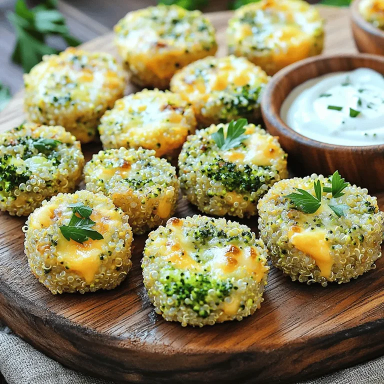 - 1 cup cooked quinoa - 2 cups fresh broccoli, chopped - 1 cup sharp cheddar cheese, grated - 2 large eggs The main ingredients are simple and wholesome. Cooked quinoa brings a nutty flavor and a great texture. Fresh broccoli adds a nice crunch and is packed with vitamins. Sharp cheddar cheese gives these bites a rich, creamy taste. Eggs help bind everything together, making the bites hold their shape. - 1/4 cup breadcrumbs (or whole wheat for a healthier option) - 1 tablespoon olive oil - 1/4 cup grated parmesan cheese Adding breadcrumbs gives a crispy texture. Whole wheat breadcrumbs are a healthier choice. Olive oil adds moisture and a touch of flavor. Grated parmesan cheese can enhance the taste even more. - 1 teaspoon garlic powder - 1 teaspoon onion powder - Salt and pepper to taste Seasonings are key for flavor. Garlic powder adds depth, while onion powder provides a slight sweetness. Don't forget salt and pepper to bring all the flavors together. Adjust these to fit your taste. - Preheat oven to 375°F (190°C). - Line a baking sheet with parchment paper. - In a large bowl, combine 1 cup cooked quinoa, 2 cups chopped broccoli, and 1 cup grated sharp cheddar cheese. Mix well. - In a separate bowl, whisk together 2 large eggs, 1 tablespoon olive oil, 1 teaspoon garlic powder, 1 teaspoon onion powder, salt, and pepper. - Pour the egg mixture into the quinoa mixture. Stir until all ingredients blend well. - Scoop about 2 tablespoons of the mixture and shape them into small patties. Place on the baking sheet. - Bake for 20-25 minutes or until bites are golden brown. Allow to cool before serving. - Use fresh ingredients for best flavor. Fresh broccoli and sharp cheese make a big difference. - Adjust seasoning to your taste. If you like spice, add more garlic powder or pepper. - Ensure bites are tightly packed to hold shape. Press down firmly when forming them. - Allow cooling time for better texture. This helps them firm up and makes them easier to eat. - Pair with dips like garlic yogurt or marinara. These add extra flavor and fun. - Garnish options for presentation. A sprinkle of parsley on top makes them look great. {{image_2}} You can change the cheese in this recipe. Try mozzarella for a milder taste. Feta adds a tangy flavor that many love. You can also mix in other veggies. Spinach is a healthy choice, or bell peppers add sweetness and color. If you need gluten-free bites, use gluten-free breadcrumbs. This swap keeps the bites just as tasty. For a vegan option, replace eggs with flax eggs. Mix one tablespoon of flaxseed meal with two and a half tablespoons of water. Let it sit for five minutes to thicken. You can add fresh herbs to boost flavor. Parsley or basil works great with this recipe. If you like heat, sprinkle in red pepper flakes or add hot sauce. This will give your bites a spicy kick that many enjoy. To store your broccoli cheddar quinoa bites in the refrigerator, let them cool first. Place them in an airtight container. This keeps them fresh for up to three days. I recommend using glass containers for easy viewing. You can also use plastic containers, but glass helps reduce odors. If you want to save some bites for later, freezing is a great option. First, arrange the cooled bites on a baking sheet. Freeze them for about an hour until firm. Then, transfer them to a freezer-safe bag. Remove as much air as you can to prevent freezer burn. For reheating, bake them at 375°F (190°C) for about 15 minutes. This keeps the outside crisp and the inside warm. You can store the bites in the fridge for up to three days. In the freezer, they last about three months. Always check for signs of spoilage. If they smell off or have a strange color, it’s best to throw them away. Keeping an eye on freshness helps you enjoy these tasty snacks at their best! To keep the quinoa bites from falling apart, pack the mixture tightly. When you scoop the mixture, use about 2 tablespoons and form it into a tight patty. Place the bites on the baking sheet without too much space between them. Baking at the right temperature, 375°F (190°C), helps them firm up nicely. Let them cool slightly after baking for better shape. Yes, you can make these bites ahead of time! Prepare the mixture and shape them into patties. Place them on a baking sheet and cover with plastic wrap. Store them in the fridge for up to 24 hours. When you're ready to bake, just pop them in the oven. You can also freeze the formed bites. To reheat, bake directly from frozen, adding a few extra minutes to the cook time. These bites pair well with many sides and dips. Serve them with a garlic yogurt dip for a creamy touch. Marinara sauce also makes a great dip. For sides, try a fresh salad or some roasted veggies. You can even serve them with whole grain bread for a more filling meal. This blog post covered how to make tasty broccoli cheddar quinoa bites. I shared the main ingredients, optional add-ins, and easy steps for baking. You learned tips to perfect the recipe and how to store leftovers. Remember, you can switch ingredients to make it your own. Have fun with flavors and serve them with your favorite dips. This dish is simple, healthy, and great for meal prep. Enjoy your healthy cooking!