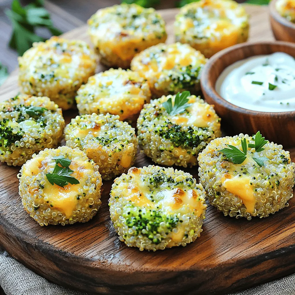 - 1 cup cooked quinoa - 2 cups fresh broccoli, chopped - 1 cup sharp cheddar cheese, grated - 2 large eggs The main ingredients are simple and wholesome. Cooked quinoa brings a nutty flavor and a great texture. Fresh broccoli adds a nice crunch and is packed with vitamins. Sharp cheddar cheese gives these bites a rich, creamy taste. Eggs help bind everything together, making the bites hold their shape. - 1/4 cup breadcrumbs (or whole wheat for a healthier option) - 1 tablespoon olive oil - 1/4 cup grated parmesan cheese Adding breadcrumbs gives a crispy texture. Whole wheat breadcrumbs are a healthier choice. Olive oil adds moisture and a touch of flavor. Grated parmesan cheese can enhance the taste even more. - 1 teaspoon garlic powder - 1 teaspoon onion powder - Salt and pepper to taste Seasonings are key for flavor. Garlic powder adds depth, while onion powder provides a slight sweetness. Don't forget salt and pepper to bring all the flavors together. Adjust these to fit your taste. - Preheat oven to 375°F (190°C). - Line a baking sheet with parchment paper. - In a large bowl, combine 1 cup cooked quinoa, 2 cups chopped broccoli, and 1 cup grated sharp cheddar cheese. Mix well. - In a separate bowl, whisk together 2 large eggs, 1 tablespoon olive oil, 1 teaspoon garlic powder, 1 teaspoon onion powder, salt, and pepper. - Pour the egg mixture into the quinoa mixture. Stir until all ingredients blend well. - Scoop about 2 tablespoons of the mixture and shape them into small patties. Place on the baking sheet. - Bake for 20-25 minutes or until bites are golden brown. Allow to cool before serving. - Use fresh ingredients for best flavor. Fresh broccoli and sharp cheese make a big difference. - Adjust seasoning to your taste. If you like spice, add more garlic powder or pepper. - Ensure bites are tightly packed to hold shape. Press down firmly when forming them. - Allow cooling time for better texture. This helps them firm up and makes them easier to eat. - Pair with dips like garlic yogurt or marinara. These add extra flavor and fun. - Garnish options for presentation. A sprinkle of parsley on top makes them look great. {{image_2}} You can change the cheese in this recipe. Try mozzarella for a milder taste. Feta adds a tangy flavor that many love. You can also mix in other veggies. Spinach is a healthy choice, or bell peppers add sweetness and color. If you need gluten-free bites, use gluten-free breadcrumbs. This swap keeps the bites just as tasty. For a vegan option, replace eggs with flax eggs. Mix one tablespoon of flaxseed meal with two and a half tablespoons of water. Let it sit for five minutes to thicken. You can add fresh herbs to boost flavor. Parsley or basil works great with this recipe. If you like heat, sprinkle in red pepper flakes or add hot sauce. This will give your bites a spicy kick that many enjoy. To store your broccoli cheddar quinoa bites in the refrigerator, let them cool first. Place them in an airtight container. This keeps them fresh for up to three days. I recommend using glass containers for easy viewing. You can also use plastic containers, but glass helps reduce odors. If you want to save some bites for later, freezing is a great option. First, arrange the cooled bites on a baking sheet. Freeze them for about an hour until firm. Then, transfer them to a freezer-safe bag. Remove as much air as you can to prevent freezer burn. For reheating, bake them at 375°F (190°C) for about 15 minutes. This keeps the outside crisp and the inside warm. You can store the bites in the fridge for up to three days. In the freezer, they last about three months. Always check for signs of spoilage. If they smell off or have a strange color, it’s best to throw them away. Keeping an eye on freshness helps you enjoy these tasty snacks at their best! To keep the quinoa bites from falling apart, pack the mixture tightly. When you scoop the mixture, use about 2 tablespoons and form it into a tight patty. Place the bites on the baking sheet without too much space between them. Baking at the right temperature, 375°F (190°C), helps them firm up nicely. Let them cool slightly after baking for better shape. Yes, you can make these bites ahead of time! Prepare the mixture and shape them into patties. Place them on a baking sheet and cover with plastic wrap. Store them in the fridge for up to 24 hours. When you're ready to bake, just pop them in the oven. You can also freeze the formed bites. To reheat, bake directly from frozen, adding a few extra minutes to the cook time. These bites pair well with many sides and dips. Serve them with a garlic yogurt dip for a creamy touch. Marinara sauce also makes a great dip. For sides, try a fresh salad or some roasted veggies. You can even serve them with whole grain bread for a more filling meal. This blog post covered how to make tasty broccoli cheddar quinoa bites. I shared the main ingredients, optional add-ins, and easy steps for baking. You learned tips to perfect the recipe and how to store leftovers. Remember, you can switch ingredients to make it your own. Have fun with flavors and serve them with your favorite dips. This dish is simple, healthy, and great for meal prep. Enjoy your healthy cooking!