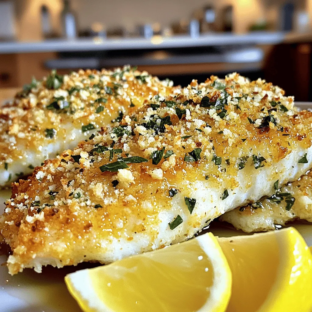 For this tasty dish, gather the following ingredients: - 4 tilapia fillets - 1 cup grated Parmesan cheese - 1/2 cup breadcrumbs (preferably panko for extra crunch) - 2 tablespoons fresh parsley, chopped - 1 tablespoon fresh basil, chopped - 1 teaspoon garlic powder - 1 teaspoon onion powder - 1 teaspoon paprika - Salt and pepper to taste - 3 tablespoons olive oil - 1 lemon, cut into wedges for serving You can swap some ingredients if needed. If you don’t have tilapia, use any firm white fish. For cheese, try Pecorino Romano or a dairy-free option. If you can’t find panko, regular breadcrumbs work too. Fresh herbs are great, but dried herbs can also work. Use half the amount if you choose dried herbs. Garnishing adds appeal and flavor to your dish. Fresh herbs like parsley or basil make great choices. Lemon wedges brighten the dish and add zest. A sprinkle of chili flakes brings some heat if you like spice. Consider serving with a fresh salad for a complete meal. First, I set my oven to 400°F (200°C). This temperature ensures the fish cooks evenly and the crust gets crispy. Next, I line a baking sheet with parchment paper. This step helps with cleanup and prevents the fish from sticking. In a mixing bowl, I combine 1 cup of grated Parmesan cheese with 1/2 cup of breadcrumbs. I prefer using panko for extra crunch. Then, I add 2 tablespoons of chopped fresh parsley and 1 tablespoon of chopped fresh basil. After that, I mix in 1 teaspoon of garlic powder, 1 teaspoon of onion powder, and 1 teaspoon of paprika. Finally, I season with salt and pepper to taste. I stir everything well until all ingredients blend together. Now, I take 4 tilapia fillets and pat them dry with paper towels. This helps the crust stick better. I drizzle 3 tablespoons of olive oil over both sides of each fillet. Then, I press the Parmesan herb mixture firmly onto the top side of each fillet. I make sure the coating is even. Next, I place the crusted fillets on the prepared baking sheet, with the crusted side facing up. I bake them in the preheated oven for about 15-20 minutes. I check that the tilapia is cooked through and the crust is golden brown and crispy. After baking, I carefully remove the baking sheet from the oven and let the fillets rest for a minute. I like to serve them with lemon wedges on the side for a fresh squeeze of flavor. To get that golden crust, use fresh ingredients. Fresh herbs like parsley and basil really shine. Make sure you press the Parmesan mix firmly onto the tilapia. This helps it stick during cooking. You want good coverage for the best flavor. Panko breadcrumbs add a nice crunch, so try to use them. Bake the tilapia at 400°F (200°C) for 15-20 minutes. Check for doneness around the 15-minute mark. The fish should flake easily with a fork. If your fillets are thicker, you may need a few more minutes. Keep an eye on the crust. It should be a light golden brown when done. Pair the tilapia with light sides. Steamed vegetables like broccoli or green beans work well. A fresh salad with mixed greens adds a nice crunch. You can also serve it with rice or quinoa for a fuller meal. Don't forget the lemon wedges! They add a bright flavor when squeezed over the fish. {{image_2}} You can switch up the herbs to make this dish your own. Try adding dill for a fresh twist. Oregano gives a warm flavor. You can also use thyme or rosemary to add depth. Each herb adds its own taste, so feel free to explore. Just keep the amounts similar to the parsley and basil in the recipe. Tilapia is great, but other fish work well too. Cod has a mild taste and flaky texture. Haddock also makes a good choice with its tender flesh. For a richer flavor, use salmon or trout. Just remember to adjust the cook time based on the thickness of the fish. If you need a gluten-free option, try using almond flour. It gives a nice crunch and flavor. Crushed gluten-free crackers also work well in place of regular breadcrumbs. Just make sure they are finely crushed for the best texture. This way, everyone can enjoy the meal! To keep leftover Parmesan herb crusted tilapia fresh, place it in an airtight container. Make sure the fish cools down first. Store it in the fridge for up to three days. If you want to enjoy it later, freezing is a good option. For the best taste, reheat your tilapia in the oven. Preheat the oven to 350°F (175°C). Place the fillets on a baking sheet and cover them with foil. Heat for about 10-15 minutes, or until warmed through. This keeps the crust crispy and the fish moist. If you want to freeze the tilapia, wrap each fillet tightly in plastic wrap. Then, place them in a freezer bag. Label the bag with the date. You can freeze the tilapia for up to three months. When you're ready to eat, thaw it in the fridge overnight before reheating. Yes, you can make Parmesan herb crusted tilapia in the air fryer. This method gives you a crispy crust in less time. Preheat the air fryer to 375°F (190°C). Then, place the crusted tilapia fillets in a single layer in the basket. Cook them for about 10-12 minutes. Check for doneness halfway through cooking. The fish should be golden and crispy. You can pair Parmesan herb crusted tilapia with many sides. Here are some ideas: - Steamed broccoli or green beans - Garlic mashed potatoes - Quinoa salad with veggies - Rice pilaf with herbs - A fresh garden salad with lemon vinaigrette These sides complement the flavors of the fish nicely. You can tell when tilapia is done cooking by checking its color and texture. The fish should be opaque and flaky. Insert a fork into the thickest part of the fillet. If it flakes easily, it’s ready. You can also use a food thermometer. The internal temperature should reach 145°F (63°C) for safe eating. Parmesan Herb Crusted Tilapia is simple and tasty. We covered the key ingredients, possible swaps, and helpful garnishes. You learned the steps to prep, coat, and bake the fish perfectly. I shared tips to get a great crust and outlined variations to try. Storing leftovers and reheating was also discussed. Enjoy this dish with different sides or herbs. Experiment and make it your own! Try these ideas, and I hope you love cooking this easy meal.
