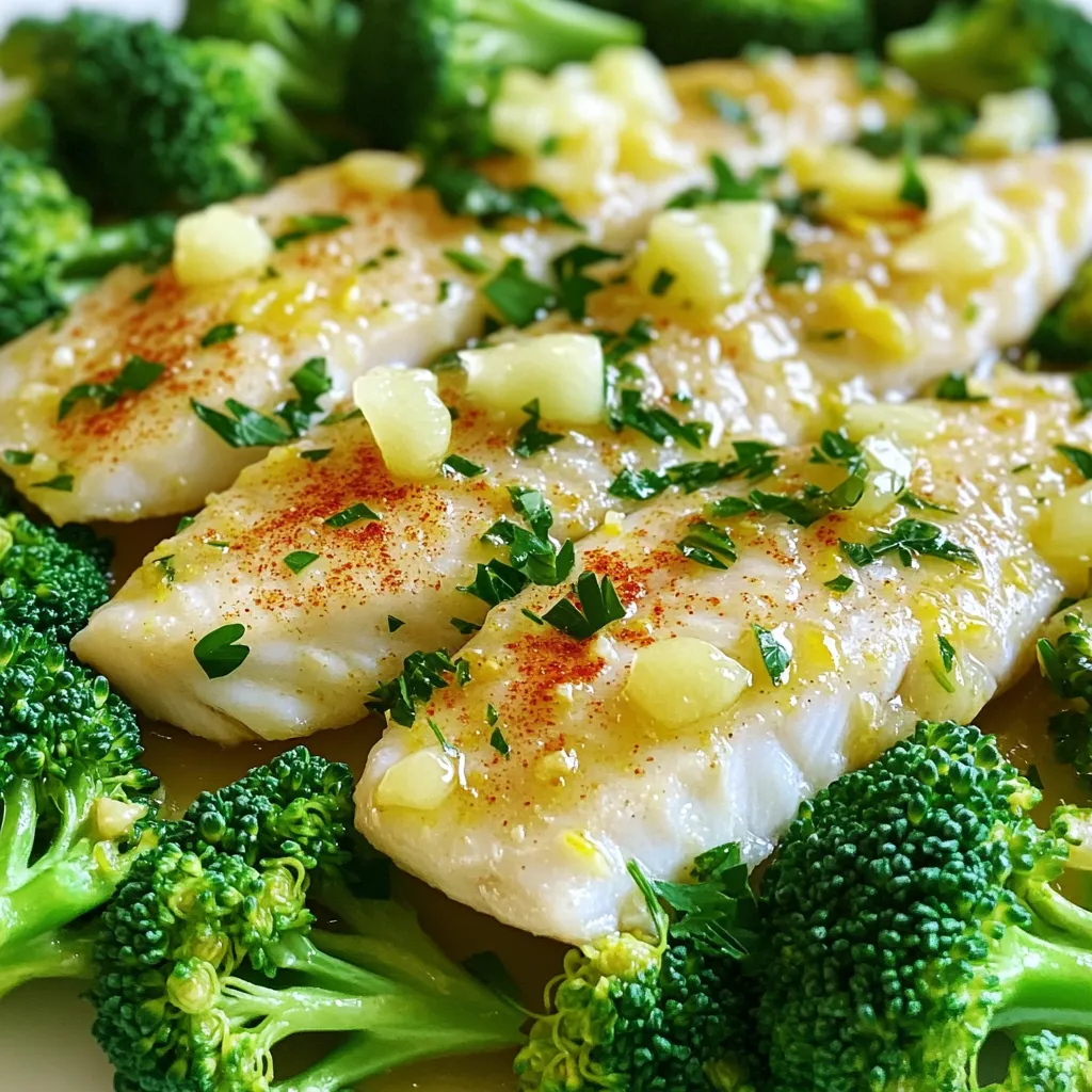 - 4 tilapia fillets - 2 cups broccoli florets - 4 cloves garlic, minced - 1 lemon, zested and juiced - 3 tablespoons olive oil - 1 teaspoon paprika - Salt and pepper to taste - Fresh parsley, chopped (for garnish) The ingredients for Lemon Garlic Tilapia and Broccoli are fresh and simple. You need tilapia fillets for the main dish. Broccoli adds color and crunch. Garlic brings flavor, while lemon adds a zesty punch. Olive oil helps everything cook perfectly. Paprika gives a nice touch of spice. And, of course, salt and pepper enhance all the flavors. Finally, fresh parsley makes the dish look great. You can swap some ingredients if you need to. For tilapia, you can use cod or salmon. They have a similar texture and taste. Instead of fresh broccoli, use green beans or asparagus. Both work well and taste good. If you don’t have fresh garlic, you can use garlic powder. Just use less than you would of fresh garlic. For olive oil, you can use canola oil or melted butter. They will also add flavor. I always recommend using fresh ingredients when you can. Fresh tilapia tastes better and cooks well. Fresh broccoli is crisper, making the dish more enjoyable. But frozen ingredients can still work. Frozen tilapia is easy to find and just as healthy. If you use frozen broccoli, make sure to thaw and drain it first. This way, you won’t have extra water on your sheet pan. Both fresh and frozen ingredients can lead to a tasty meal, so use what you have! Start by preheating your oven to 400°F (200°C). This step is key. A hot oven helps cook the tilapia and broccoli just right. It gives the fish a nice finish and keeps the veggies crisp. Next, grab a small bowl. In it, mix together the minced garlic, lemon juice, lemon zest, olive oil, paprika, salt, and pepper. This mix brings out the best flavors. The garlic adds a punch, while the lemon gives a bright touch. Stir until well combined. Now, take a large sheet pan. Place the tilapia fillets in the center. Spread the broccoli florets around the fish. This layout helps everything cook evenly. Pour the marinade over the tilapia, letting it soak in. Drizzle some on the broccoli too. Toss the broccoli gently. Make sure every piece is coated in that tasty mix. Place the sheet pan in your hot oven. Bake for 12-15 minutes. The tilapia should flake easily with a fork when done. Check the broccoli too; it should be tender but still crisp. Once cooked, remove the pan and let it cool for a minute. Garnish with fresh chopped parsley before serving. To make the best marinade, use fresh garlic. Fresh garlic gives a strong and bold flavor. Combine lemon juice and zest with olive oil. This mix adds brightness to the fish. Add paprika for a smoky taste. Don't forget to season with salt and pepper. Let the tilapia soak in this mix for at least 15 minutes. This wait helps the fish absorb all the flavors. For an extra kick, add a pinch of red pepper flakes. To keep broccoli crisp and tender, choose fresh florets. Cut them into even pieces for uniform cooking. Toss the broccoli in the marinade before baking. This adds flavor and helps with tenderness. Bake the broccoli for the same time as the fish. Keep an eye on them to avoid overcooking. Broccoli should still be bright green and have a slight crunch. If you want softer broccoli, add a few extra minutes to the bake time. For a lovely presentation, sprinkle fresh parsley on top. This adds color and freshness. Serve the dish straight from the pan for a casual vibe. If you prefer a fancier look, plate the tilapia and broccoli neatly. Add lemon wedges on the side for extra zest. Pair this meal with a light salad or rice. This keeps it balanced and delicious. Enjoy your meal with family or friends for a perfect dinner night! {{image_2}} You can swap broccoli for many other veggies. Asparagus, green beans, or bell peppers work well. Each adds a unique flavor and texture. For a colorful dish, try a mix of these vegetables. Cauliflower also roasts nicely and pairs well with tilapia. Feel free to change the spice mix! Instead of paprika, try chili powder for heat. Cumin adds a warm, earthy touch. You can also use Italian herbs like oregano and thyme for a different vibe. A pinch of red pepper flakes gives a nice kick too. If you don’t have tilapia, many other proteins fit this recipe. Salmon is rich and flavorful, while cod is mild and flaky. Shrimp cooks quickly and soaks up flavors well. Chicken breast can be a great substitute too. Adjust cooking time as needed for each protein choice. To store leftovers, let the tilapia and broccoli cool first. Use an airtight container. Place the fish and broccoli in the container. This way, they stay fresh. Keep the container in the fridge. Use the leftovers within three days for the best taste. Reheat your leftovers in the oven. Set the oven to 350°F (175°C). Place the dish in the oven for about 10 minutes. This warms the meal evenly. You can also microwave it. Place on a microwave-safe plate. Heat in short bursts of 30 seconds. Check until warm. Be careful not to overheat, or the fish can dry out. You can freeze tilapia and broccoli, too. First, let them cool completely. Then, wrap them tightly in plastic wrap. Place this in a freezer-safe bag. Remove as much air as possible. Label the bag with the date. You can freeze it for up to three months. When ready to eat, thaw it in the fridge overnight before reheating. Yes, you can use other fish. Good options include cod, haddock, or catfish. Each fish has a different taste and texture. Cod is flaky and mild, while haddock is firm and slightly sweet. Catfish has a rich flavor. Adjust the cooking time as needed. Thin fish cooks faster than thick ones. Cooked tilapia lasts about three to four days in the fridge. Store it in an airtight container. Keep it cool to maintain freshness. When reheating, ensure it warms thoroughly to kill any germs. Always check for any off smells or changes in texture before eating. Lemon garlic tilapia pairs well with many sides. Here are a few ideas: - Rice or quinoa for a hearty base - A fresh green salad for crunch - Mashed potatoes for a creamy side - Crusty bread to soak up flavors These sides enhance the dish and make it more filling. Feel free to mix and match! This blog post covered a lot about cooking with tilapia. First, we explored the key ingredients, their substitutions, and the benefits of fresh versus frozen options. Then, I shared step-by-step instructions for perfect baking. You learned tips for better flavor and texture, plus variations to try. Finally, I provided storage tips and answered common questions. By using these insights, you can create a tasty dish that fits your taste. Enjoy cooking and share your results!