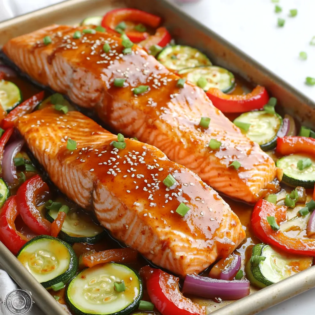 - Salmon fillets - Sweet chili sauce - Soy sauce (low sodium) - Honey - Sesame oil - Fresh ginger The star of this meal is the salmon. It’s rich in omega-3 fatty acids, which are great for heart health. Using sweet chili sauce adds a nice sweet and spicy flavor. I like using low-sodium soy sauce to keep the dish lighter but still savory. Honey adds a touch of natural sweetness that balances the heat. Sesame oil gives the dish a nutty taste, while fresh ginger adds warmth and zest. - Red bell pepper - Zucchini - Red onion For veggies, I choose red bell pepper, zucchini, and red onion. The red bell pepper adds color and sweetness. Zucchini is mild and cooks quickly. Red onions bring a sharp taste that pairs well with the glaze. Together, they create a colorful and tasty mix that complements the salmon. - Olive oil - Salt and pepper - Sesame seeds - Chopped green onions I use olive oil to coat the vegetables. It helps them roast nicely and adds flavor. Salt and pepper are must-haves for seasoning. For a finishing touch, I sprinkle sesame seeds and chopped green onions on top of the salmon after cooking. This not only looks pretty but adds a nice crunch and fresh flavor. - Preheat your oven to 400°F (200°C). - Line a sheet pan with parchment paper. This helps with easy cleanup. - In a small bowl, mix together: - 1/4 cup sweet chili sauce - 2 tablespoons soy sauce - 1 tablespoon honey - 2 teaspoons sesame oil - 1 teaspoon grated fresh ginger - Whisk until all ingredients blend well. - Place 4 salmon fillets in a shallow dish or bag. - Pour half of the marinade over the salmon. - Make sure the fillets get fully coated. - Let them marinate for 15-20 minutes. This adds great flavor. - In a separate bowl, toss: - 1 sliced red bell pepper - 1 sliced zucchini - 1 small red onion cut into wedges - Add 2 tablespoons of olive oil, salt, and pepper. Toss until veggies are well coated. - Arrange the veggies on one side of the sheet pan. - Remove the salmon from the marinade and place it on the empty side of the pan, skin-side down. - Brush the remaining marinade on top of the salmon. - Bake for 12-15 minutes. The salmon should flake easily when done. - When cooked, take the pan out of the oven. - Sprinkle sesame seeds and chopped green onions on top of the salmon. - Serve right away with rice or quinoa for a complete meal. For the best taste, marinate your salmon for 15 to 20 minutes. This time allows the fish to soak up the flavors of the sweet chili sauce and ginger. If you have more time, you can let it sit for up to an hour. This extra time can deepen the flavor. When balancing flavors, add a pinch of salt or a dash of lime juice. These small tweaks can brighten the dish. If you like heat, a sprinkle of red pepper flakes works wonders. Taste the marinade before using it. Adjust it to fit your preference. Cooking time can vary based on the thickness of your salmon fillets. Thicker pieces may need a few more minutes. Check the salmon at 12 minutes. If it’s not flaky, add 1-2 minutes. For thinner fillets, start checking at 10 minutes. Use a fork to test for doneness. If the fish flakes easily, it’s done. This ensures a perfect cook every time. To make cleanup simple, line your sheet pan with parchment paper. This prevents sticking and makes it easy to lift off the salmon and veggies. After cooking, let the pan cool for a few minutes. Then, scrape off any bits stuck to the pan. Wash the pan with warm, soapy water for quick cleaning. If you soak it for a bit, it will come clean faster. Use this method to keep your kitchen neat and tidy after cooking this tasty dish. {{image_2}} You can swap out the veggies for a fun twist. Try broccoli for a crunchy bite. Snap peas add freshness. Carrots bring a sweet note. You can also use asparagus for a classy touch. Just remember to cut them into even pieces for even cooking. If you want to change the flavor, use teriyaki sauce instead. It gives a sweet and savory taste. For a spicy kick, try sriracha mixed with honey. A lemon garlic sauce can add brightness. These choices keep your meal exciting and new. Salmon isn’t the only fish you can use. Try trout for a milder flavor. Chicken breast works well if you prefer poultry. Tofu is a great plant-based option, soaking up flavors nicely. Just adjust the cooking time to ensure it cooks through. Keep your leftover salmon in the fridge. Place it in an airtight container. This helps keep it fresh. Try to eat leftovers within three days for the best taste. If you want to store veggies, keep them separate. They can lose their crunch if stored together. Reheat salmon gently to avoid drying it out. The best methods are: - Oven: Preheat the oven to 300°F (150°C). Place salmon on a baking sheet and cover it with foil. Heat for about 10-15 minutes. - Microwave: Use a microwave-safe dish. Heat in 30-second bursts to avoid overcooking. You can freeze both uncooked and cooked salmon. If freezing uncooked salmon, wrap it tightly in plastic wrap. Then place it in a freezer bag. This keeps it fresh for up to three months. For cooked salmon, wait until it cools. Then wrap it well and freeze. Frozen cooked salmon can last for up to two months. Thaw it in the fridge before reheating. For the best flavor, I recommend marinating the salmon for 15 to 20 minutes. This time allows the sweet chili sauce, soy sauce, and ginger to soak into the fish. If you marinate too long, the fish may become mushy. Keep it short for the best taste! Yes, you can use frozen salmon! Just thaw the fillets in the fridge overnight or submerge them in cold water for quicker thawing. Once thawed, pat them dry and follow the recipe as usual. Remember to check for any ice crystals before marinating. You can serve this dish with many sides. Some great options include: - Steamed rice - Quinoa - Roasted vegetables - A fresh green salad - Sautéed greens like spinach These sides will complement the flavors of the salmon perfectly. To check if the salmon is done, look for a few signs: - The salmon should change from bright pink to a pale pink. - It should flake easily when you press it with a fork. - You can also use a food thermometer; the internal temperature should reach 145°F (63°C). This blog post covered how to make sheet pan sweet chili glazed salmon. You learned about ingredients, step-by-step instructions, and tips for the best flavor. You also explored variations and storage information. In conclusion, this dish is easy and tasty. It’s great for busy days or family meals. Try new veggies or sauces to keep it fresh. Enjoy your delicious creation!