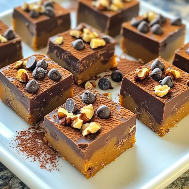 - 1 can (15 oz) pumpkin puree - 1 cup creamy peanut butter - 1 cup powdered sugar - 1/2 cup cocoa powder - 1 tsp pumpkin spice - 1/2 tsp vanilla extract - 1/4 tsp salt - 1/2 cup dark chocolate chips (dairy-free if desired) - Optional: chopped nuts for topping Gathering your ingredients is the first step to making this delicious fudge. You'll start with pumpkin puree, which gives the fudge its rich flavor and creamy texture. The creamy peanut butter adds a nutty touch and helps bind everything together. Next, powdered sugar sweetens the fudge. Cocoa powder adds a deep chocolate flavor, while pumpkin spice brings warmth and a hint of fall. Vanilla extract and salt enhance the overall taste. Finally, dark chocolate chips add little bursts of chocolate in every bite. If you want extra crunch, consider topping your fudge with chopped nuts. These ingredients combine beautifully to create a rich and tasty treat. 1. Mixing pumpkin puree and peanut butter Start with a large mixing bowl. Add one can of pumpkin puree and one cup of creamy peanut butter. Stir them well until smooth. This mix should be creamy and uniform. 2. Incorporating dry ingredients Next, sift in one cup of powdered sugar and half a cup of cocoa powder. Sifting helps avoid lumps. Then, add one teaspoon of pumpkin spice, half a teaspoon of vanilla extract, and a quarter teaspoon of salt. Mix everything until fully combined. 3. Folding in chocolate chips Now, gently fold in half a cup of dark chocolate chips. Make sure they are evenly spread throughout the mixture. This adds rich flavor to your fudge. 4. Preparing the baking dish Line a 9x9-inch baking dish with parchment paper. Leave some overhang on the sides. This will help you lift out the fudge later. 5. Spreading the fudge mixture Pour the fudge mixture into the prepared dish. Use a spatula to spread it out evenly. Press it down firmly. This creates a smooth surface for your fudge. 1. Refrigeration process Place the dish in the refrigerator. Let it chill for at least two hours. This helps the fudge firm up and makes it easier to cut. 2. How to lift out and cut the fudge Once the fudge is set, take it out of the fridge. Use the parchment overhang to lift it from the dish. Place it on a cutting board and cut it into squares or rectangles. Enjoy your delicious fudge! - Ensuring proper blending: Start by mixing the pumpkin puree and peanut butter well. Use a large bowl and a sturdy spoon. Blend until the mix is smooth and creamy. This step makes sure your fudge is rich and tasty. - Tips for preventing lumps: Sifting the powdered sugar and cocoa powder is key. This step helps break up clumps and gives you a smooth texture. Mix these dry ingredients into the wet mix carefully. Make sure everything combines well. - Importance of refrigeration time: Don’t skip the refrigeration! Let your fudge chill for at least two hours. This time helps the fudge firm up nicely. The colder the fudge, the better it will cut into neat squares. - Creative serving suggestions: Arrange the fudge squares on a decorative platter. Dust them lightly with cocoa powder or shredded coconut. This adds a nice touch. You can also serve them with fresh fruit for a pop of color. - Gift packaging options: For gifts, place your fudge in a cute box. Tie it with a ribbon for a sweet finish. You can also use clear bags to show off the fudge. Add a little tag with a personal note for that extra special touch. {{image_2}} You can customize your fudge with simple swaps. For instance, if you want a nut-free option, use almond butter instead of peanut butter. Almond butter gives a nice twist while keeping the fudge creamy. It also adds a hint of nuttiness that pairs well with pumpkin. For a dairy-free treat, choose dairy-free chocolate chips. These work just as well in the recipe. They melt nicely and keep the fudge rich and chocolatey. Look for brands that use almond milk or coconut milk for a great flavor. To make your fudge even better, try adding a splash of maple syrup. This adds a subtle sweetness and a warm flavor. Just a tablespoon will do. Mix it in with the other wet ingredients for a sweet surprise. You can also play with spices. Adding nutmeg or extra cinnamon can elevate the taste. Each spice brings its own warmth. Start with a pinch and adjust to your liking. These simple changes can make your fudge truly unique and delicious. To keep your Chocolate Pumpkin Spice Fudge fresh, start by wrapping it well. Use plastic wrap or aluminum foil to cover the fudge. You can also store it in an airtight container. This keeps it from drying out and helps maintain its flavor. For the best results, refrigerate your fudge. The cool temperature helps it stay firm and tasty. If you want to enjoy it later, freezing is a great option. Just cut the fudge into squares before freezing. Place parchment paper between the layers to prevent sticking. How long does fudge last in the fridge or freezer? In the fridge, your fudge can last about two weeks. Just make sure it is wrapped tightly. If you freeze it, the fudge can last up to three months. When you want to eat it, let it thaw in the fridge overnight. This keeps the texture just right. Enjoy your fudge anytime you crave a sweet treat! Yes, you can make this fudge ahead of time. It stores well in the fridge for up to a week. Just keep it in an airtight container. If you want to enjoy it later, you can freeze it for up to three months. Just thaw it in the fridge before serving. The fudge is set when it feels firm to the touch. After two hours in the fridge, check the texture. It should not feel sticky or soft. If it does, give it more time in the fridge. If your fudge is too soft, it may need more time in the fridge. If it's still soft after chilling, you can re-mix it with a little extra cocoa powder. This will help thicken it up. Then, spread it back into the dish and chill again. Yes, this recipe can be vegan-friendly. Use dairy-free dark chocolate chips to keep it vegan. The other ingredients, like pumpkin puree and peanut butter, are naturally vegan. Enjoy this treat without worry! This blog post covered how to make tasty fudge with pumpkin. We discussed ingredients like pumpkin puree, peanut butter, and chocolate chips. I shared step-by-step instructions for mixing and setting the fudge. You learned tips for the best texture and creative ways to present it. In conclusion, making pumpkin fudge is fun and easy. You can customize it based on your taste. Enjoy sharing this treat with friends or family. Embrace your creativity, and keep experimenting with flavors!