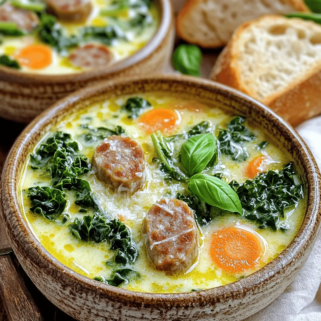 - 1 lb Italian sausage (mild or spicy) - 4 cups chicken broth - 1 medium onion, finely chopped - 3 cloves garlic, minced - 2 medium carrots, sliced - 2 cups kale, chopped - 1 cup baby spinach - 1 can (14.5 oz) diced tomatoes, undrained These main ingredients form the heart of the soup. The Italian sausage gives it a rich flavor. The chicken broth adds depth. Fresh vegetables like onion, garlic, carrots, kale, and spinach provide great nutrition. The diced tomatoes offer a nice acidity, balancing the creaminess. - 1 cup heavy cream (or coconut cream for dairy-free) - 1/2 cup grated Parmesan cheese (plus more for serving, optional) - Fresh herbs (basil or parsley) Adding heavy cream makes the soup creamy and smooth. Coconut cream is a great swap for dairy-free diets. Parmesan cheese enriches the flavor, while fresh herbs add a pop of color and freshness. - 1 teaspoon Italian seasoning - Salt and pepper to taste Seasonings are key to bringing this soup to life. Italian seasoning blends herbs that complement the sausage. Salt and pepper enhance all the flavors, ensuring every bite is delicious. Cooking the sausage Start by taking 1 pound of Italian sausage. You can choose between mild or spicy, based on your taste. Heat a skillet over medium heat. Add the sausage, breaking it up with a spatula. Cook until it turns brown, which usually takes about 5 to 7 minutes. Once browned, drain the excess fat. Transfer the sausage to your slow cooker. Chopping vegetables Next, grab a medium onion and finely chop it. You will also need 3 cloves of garlic, which you should mince. Slice 2 medium carrots into thin rounds. Now, your veggies are ready to join the sausage in the slow cooker. Adding ingredients to the slow cooker In the slow cooker, add the chopped onion and minced garlic right on top of the sausage. Pour in 4 cups of chicken broth along with a can of diced tomatoes (14.5 oz) without draining. Stir everything together gently. Now, add the sliced carrots, 1 teaspoon of Italian seasoning, and season with salt and pepper to taste. Cooking times (low vs high) Cover the slow cooker. You can set it to low for 6 to 8 hours if you want a rich flavor. If you're short on time, set it to high for 3 to 4 hours. Either way, your soup will be delicious! Incorporating greens and cream About 30 minutes before your soup is done, stir in 2 cups of chopped kale and 1 cup of baby spinach. This adds color and nutrition. Once the cooking time is up, mix in 1 cup of heavy cream and ½ cup of grated Parmesan cheese. Let it heat through for a few minutes. Adjusting flavors before serving Before serving, taste your soup. Adjust the salt and pepper if needed. If you want, sprinkle extra Parmesan cheese and garnish with fresh basil or parsley for a lovely touch. Enjoy your creamy Tuscan sausage soup! To get that dreamy creamy texture, you can use either heavy cream or coconut cream. Heavy cream gives a rich taste and a silky feel. Coconut cream is a great dairy-free option, adding a subtle sweetness. To adjust the creaminess level, start with a cup of cream. You can add more if you want it richer. Adding spices can really boost the flavor of your soup. Try a pinch of red pepper flakes for some heat. You can also add thyme or rosemary for a new twist. If you want to add more vegetables, toss in some zucchini or bell peppers. For extra protein, try diced chicken or beans. For the perfect meal, serve your soup with crusty bread. A simple salad on the side can brighten your plate. When it comes to presentation, use rustic bowls. Top each bowl with fresh herbs and a sprinkle of Parmesan. This adds color and makes your soup look inviting. {{image_2}} To make this soup dairy-free, start by swapping heavy cream for coconut cream. Coconut cream gives a rich taste without the dairy. For cheese, try using nutritional yeast. It adds a cheesy flavor without any milk. You can also use cashew cheese, which is creamy and smooth. If you want a vegetarian or vegan soup, replace the sausage with plant-based sausage. There are many great options in stores now. You can also add beans for protein. For broth, switch chicken broth to vegetable broth. This keeps all the flavors while making the soup plant-based. Want to change the flavor? Add spices like red pepper flakes for heat. You can also toss in fresh herbs like thyme or rosemary. For a fun twist, try adding curry powder to give it an Indian flavor. A little lemon juice can also brighten the dish. Each of these changes gives a new taste to this creamy soup. After you enjoy the soup, cool it to room temperature. Store it in the fridge within two hours. Use airtight containers for the best results. Glass or BPA-free plastic containers work great. Make sure to label your containers with the date. This helps you keep track of freshness. To freeze the soup, let it cool completely first. Pour the soup into freezer-safe bags or containers. Leave some space for expansion. Seal tightly and label them. When you want to eat it, thaw the soup overnight in the fridge. Reheat on the stove or in the microwave. Stir well to mix the ingredients. In the fridge, the soup stays good for about 3-4 days. If you freeze it, it can last up to 3 months. For the best taste, eat it sooner rather than later. Always check for signs of spoilage before eating. If it smells off or looks strange, it’s best to toss it. Yes, you can make this soup ahead of time. In fact, it tastes even better after a day in the fridge. To prepare, follow these steps: - Cook the sausage and add it to the slow cooker as usual. - After cooking, let the soup cool. - Store it in an airtight container in the fridge. When you’re ready to eat, just reheat it on the stove or in the microwave. You may need to add a little broth if it thickens too much. Absolutely! You can use different types of sausage. Here are a few options: - Chicken sausage for a lighter taste. - Turkey sausage if you want a leaner option. - Andouille sausage for a spicy kick. Feel free to mix and match based on your taste. Each variety brings a unique flavor to the soup. This soup pairs well with many sides. Here are some great options: - Crusty bread for dipping. - A fresh green salad with light dressing. - Garlic bread for a bold flavor boost. These sides complement the rich soup and create a full meal experience. Enjoy your meal! In this blog post, we explored the tasty world of Creamy Tuscan Sausage Soup. We covered the main and optional ingredients, provided step-by-step cooking instructions, and shared tips for perfecting the dish. You learned about variations for different diets and how to store leftovers effectively. Embrace the creativity in your cooking. Don’t hesitate to try new ingredients or spices. Enjoy making this warm, comforting soup again and again!