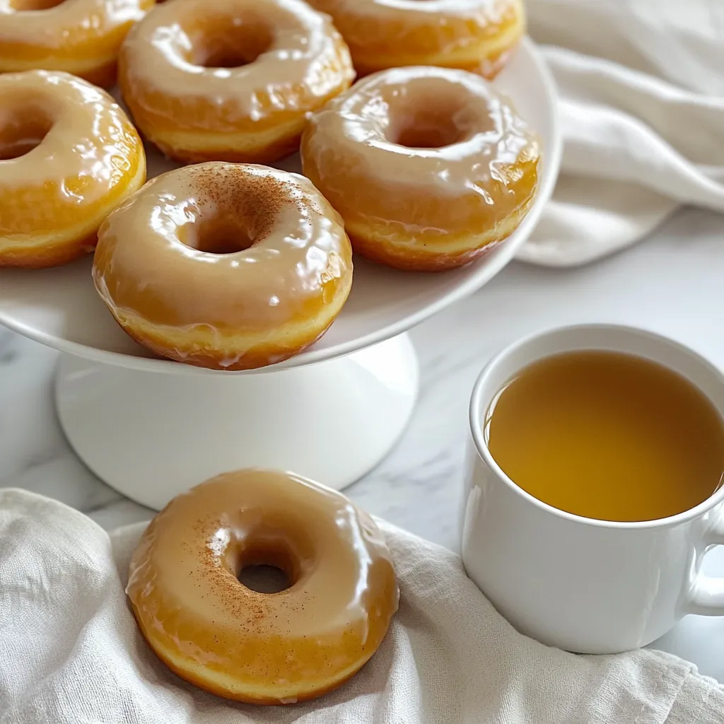 - 2 cups all-purpose flour - 1 cup apple cider - 1/2 cup granulated sugar - 1/4 cup brown sugar, packed - 1/4 cup unsalted butter, melted - 1 large egg - 1 teaspoon baking powder - 1 teaspoon baking soda - 1/2 teaspoon ground cinnamon - 1/4 teaspoon ground nutmeg - 1/4 teaspoon salt - 1/2 teaspoon vanilla extract To create these apple cider glazed donuts, you need key ingredients. All-purpose flour gives the donuts structure. Apple cider brings that sweet, fruity flavor. You use both granulated and brown sugar for a rich taste. Eggs and melted butter keep the donuts moist. Baking powder and soda help them rise. Ground cinnamon and nutmeg add warmth and spice. - 1 cup powdered sugar - 2-3 tablespoons apple cider - 1/2 teaspoon cinnamon The glaze is simple yet delicious. You need powdered sugar for sweetness and texture. Apple cider adds flavor and helps the glaze stick. A touch of cinnamon rounds out the taste. This glaze makes the donuts shine and taste even better. 1. Preheat the Oven and Grease the Donut Pan Start by preheating your oven to 350°F (175°C). While it warms up, take your donut pan and spray it with non-stick spray. This helps the donuts come out easily. 2. Reducing Apple Cider and Mixing Wet Ingredients In a medium saucepan, pour in 1 cup of apple cider. Heat it over medium heat. Stir it often until it reduces to about 1/2 cup. This step adds a richer flavor to your donuts. Let it cool slightly after reducing. In another bowl, mix the melted butter, egg, reduced apple cider, and vanilla extract. Make sure everything is well combined. 3. Combining Dry Ingredients and Merging with Wet Ingredients In a large mixing bowl, whisk together the dry ingredients: 2 cups of all-purpose flour, 1/2 cup granulated sugar, 1/4 cup brown sugar, 1 teaspoon baking powder, 1 teaspoon baking soda, 1/2 teaspoon ground cinnamon, 1/4 teaspoon ground nutmeg, and 1/4 teaspoon salt. Gradually add the wet mix to the dry mix. Stir gently until just combined. It's fine if the batter is a bit lumpy; don’t over mix! 1. Filling the Donut Mold and Baking Time Use a piping bag or a spoon to fill each donut mold about 2/3 full with the batter. Make sure not to overfill. Bake the donuts in the preheated oven for 12-14 minutes. They are done when a toothpick comes out clean. 2. Cooling in the Pan and Wire Rack Transfer Once baked, remove the donuts from the oven. Let them cool in the pan for about 5 minutes. After that, transfer the donuts to a wire rack to cool completely. This step keeps them from getting soggy. 1. Whisking the Glaze Ingredients for Consistency While the donuts cool, grab a small bowl. Whisk together 1 cup of powdered sugar, 2-3 tablespoons of apple cider, and 1/2 teaspoon of cinnamon until smooth. Adjust the cider amount to get your desired glaze thickness. 2. Dipping the Donuts into the Glaze and Letting It Set Once the donuts are cool, dip the tops into the glaze. Let the excess drip off before placing them back on the wire rack. Allow the glaze to set for about 10 minutes. This creates a delicious finish for your donuts. To make a great glaze, avoid over-mixing the batter. Over-mixing can make your donuts tough. When you combine wet and dry ingredients, stir gently. It’s okay if a few lumps remain. For the glaze, you want the right consistency. Start with one cup of powdered sugar. Add two to three tablespoons of apple cider. Mix until smooth. If it’s too thick, add a bit more cider. If it’s too thin, add more sugar. The glaze should coat the donuts well, but not run off. Using a good donut pan is key. I recommend a non-stick pan for easy removal. This helps keep the shape of your donuts. To test if your donuts are done, use a toothpick. Insert it into the center of a donut. If it comes out clean, they are ready. If not, bake for a couple more minutes. For a beautiful display, arrange your donuts on a tiered cake stand. This makes them look fancy. You can sprinkle a bit of extra cinnamon on top for flair. Serve your donuts with warm apple cider. The flavors pair well together. It makes for a perfect fall treat. Enjoy the cozy vibes! {{image_2}} You can easily change the flavor of your apple cider glazed donuts. Try adding spices like cardamom or ginger for a warmer taste. These spices blend well with the apple cider and give your donuts a cozy feel. Another fun twist is to add nuts or chocolate chips. Chopped walnuts or pecans add a nice crunch. If you love chocolate, mix in some mini chocolate chips for sweetness. Both options make the donuts even more delightful. If you need a gluten-free option, you can use alternative flours. Almond flour or a gluten-free blend works well in this recipe. Just replace the all-purpose flour with your chosen flour type. For a vegan version, swap out the egg and butter. Use a flax egg instead of the regular egg. To replace the butter, try coconut oil or a vegan butter spread. These changes keep the donuts tasty and friendly for all diets. To keep your donuts fresh, store them in an airtight container. This helps keep them from drying out. If you plan to eat them within a few days, place them in the fridge. Make sure to wrap them well with plastic wrap or foil. For long-term storage, you can freeze the donuts. Place them in a single layer on a baking sheet. Once frozen, transfer them to a freezer bag. Be sure to remove as much air as possible. They can last up to three months in the freezer. When ready to eat, thaw them in the fridge overnight or at room temperature. At room temperature, these donuts stay fresh for about two days. If you store them in the fridge, they can last up to a week. However, the glaze may soften. For the best taste, enjoy them fresh or within a few days. Can I use store-bought apple cider? Yes, you can use store-bought apple cider. It saves time and still tastes great. Just make sure it is not spiced cider. What can I substitute for eggs in the recipe? You can use applesauce or mashed banana. One-quarter cup of either can replace one egg. This keeps the donuts moist and adds a slight fruit flavor. How can I make these donuts healthier? You can use whole wheat flour instead of all-purpose flour. You can also cut the sugar by half. Using less sugar will still give you tasty donuts. Is a donut pan necessary for this recipe? A donut pan is best for shape. If you don’t have one, you can use a muffin pan. Just bake them as mini muffins instead. What to do if I don’t have powdered sugar for the glaze? You can blend granulated sugar in a blender to make powdered sugar. This works well in a pinch. Just make sure to blend it until fine. Can I prepare the batter ahead of time? Yes, you can prepare the batter a few hours ahead. Just cover it and store it in the fridge. Stir it gently before filling the donut pan. - Recommended pairings and serving suggestions: Serve these donuts with warm apple cider. They also pair well with coffee or tea for a cozy treat. - Best practices for re-glazing donuts after storage: If your donuts lose their glaze, dip them again. You can also make fresh glaze as needed. Just whisk it until smooth before dipping. We covered how to make delicious apple cider glazed donuts, outlining each step from ingredients to storage. You learned about the main and glaze ingredients, step-by-step baking, and helpful tips for perfect results. Remember to explore variations and consider dietary needs for a broader appeal. In baking, patience is key. Enjoy the process and share your creations with others. Happy baking!