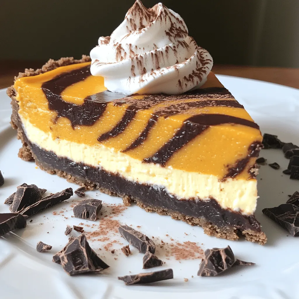 - 1 ½ cups graham cracker crumbs - ½ cup unsalted butter, melted - 3 (8 oz) packages cream cheese, softened - 1 cup granulated sugar - 1 cup pumpkin puree - 3 large eggs - 1 tablespoon vanilla extract - 1 teaspoon pumpkin pie spice - 1 cup semi-sweet chocolate chips - 2 tablespoons heavy cream The main ingredients create a rich and creamy texture. Cream cheese brings that smooth base. Pumpkin puree adds warmth and a lovely fall flavor. Eggs help bind everything together. The graham cracker crust gives it a crunchy base. The melted butter makes it stick. The semi-sweet chocolate chips add a sweet twist, while the heavy cream helps create that swirl. - Whipped cream and cinnamon - Chocolate shavings For extra flair, top your cheesecake with whipped cream. A sprinkle of cinnamon adds warmth. Chocolate shavings give a nice touch and enhance the dessert. These toppings make each slice even more delightful and beautiful. You can play with the toppings based on your preference! - Preheat the oven to 325°F (160°C). - In a bowl, combine 1 ½ cups of graham cracker crumbs and ½ cup of melted unsalted butter. Mix until it feels like wet sand. - Press this mixture firmly into the bottom of a greased 9-inch springform pan. Bake for 10 minutes. Let it cool. - In a large bowl, beat 3 packages of softened cream cheese with an electric mixer. - Gradually add 1 cup of granulated sugar. Mix until smooth. - Then, add 1 cup of pumpkin puree, 3 large eggs, 1 tablespoon of vanilla extract, and 1 teaspoon of pumpkin pie spice. Beat until fully mixed and creamy. - In a small saucepan over low heat, melt 1 cup of semi-sweet chocolate chips with 2 tablespoons of heavy cream. Stir until smooth. - Pour half of the pumpkin cheesecake mixture over the cooled crust. - Drop spoonfuls of the melted chocolate onto the pumpkin layer. Use a knife to gently swirl the chocolate into the mixture. - Pour the rest of the pumpkin mixture on top. Repeat the swirling with the remaining chocolate. - Bake for 55-60 minutes until the edges set but the center jiggles slightly. - Turn off the oven and crack the door. Let the cheesecake cool in the oven for one hour. - Once cool, refrigerate for at least 4 hours or overnight. - Before serving, run a knife around the pan's edge and remove the sides of the springform pan. How to prevent cracking To keep your cheesecake smooth, avoid overmixing the batter. Mix just until smooth. Also, avoid opening the oven door while it bakes. This helps keep the heat steady. If you see cracks forming, don't worry! A swirl of chocolate can hide them well. Cooling methods in the oven After baking, turn off the oven and crack the door. This lets the cheesecake cool slowly. A sudden temperature change can cause cracks. Let it sit for one hour in the oven. Then, chill it in the fridge for at least four hours. Overnight is even better! Presentation ideas for special occasions Slice the cheesecake neatly and serve on dessert plates. For a fun touch, add a dollop of whipped cream on each slice. You can sprinkle cinnamon on top for extra flavor. Try adding chocolate shavings to the plate for a fancy look! Pairing with beverages This cheesecake pairs well with coffee or hot cocoa. The rich flavors balance nicely with warm drinks. For a fun twist, serve it with spiced apple cider. This adds a nice fall touch to your dessert. Best springform pan Use a 9-inch springform pan for this recipe. This size makes it easy to remove the cheesecake without breaking it. Look for a pan with a sturdy base. A good seal will keep the batter from leaking. Essential mixing tools An electric mixer works best for smooth cheesecake. It saves time and gives you a creamy texture. You’ll also need a rubber spatula to scrape down the bowl. This ensures all ingredients mix well. A sharp knife helps with slicing the cheesecake cleanly. {{image_2}} You can easily make this cheesecake for different diets. For a gluten-free crust, use gluten-free graham crackers. Just crush them and mix with melted butter. Press it into the pan like you would with regular crumbs. If you want a vegan version, swap cream cheese for a plant-based alternative. Look for brands made from nuts or tofu. This will keep the creamy texture while fitting a vegan diet. To boost the flavor, add spices like nutmeg or clove. These spices add warmth and depth to the pumpkin. You can mix them right into the pumpkin layer for a tasty twist. You can also switch up the chocolate. Instead of semi-sweet chocolate chips, try dark or white chocolate. Each type brings a unique flavor to your cheesecake. Dark chocolate makes it rich, while white chocolate adds sweetness. For a fun twist, make mini cheesecake cups. Use small cups or muffin tins. This makes them easy to serve at parties. Layer them with pumpkin and chocolate for a lovely look. Another idea is to create layered dessert jars. Stack spoonfuls of the pumpkin cheesecake and melted chocolate in jars. This way, guests can enjoy a stylish treat with a perfect blend of flavors. To keep your cheesecake fresh, store it in the fridge. Use an airtight container or cover it tightly with plastic wrap. This way, it keeps its yummy taste and stays moist. The cheesecake can stay fresh for up to five days in the refrigerator. Just make sure to eat it before it gets too old! If you want to save some for later, freezing is a great option. First, let the cheesecake cool completely after baking. Then, slice it into individual pieces. Wrap each slice tightly in plastic wrap and place them in a freezer bag. This helps to keep the flavor and texture. You can freeze it for up to three months. When you're ready to enjoy a slice, take it out of the freezer. Place it in the fridge overnight to thaw. If you're in a hurry, you can let it sit at room temperature for about an hour. Then, it’s ready to serve! Making Pumpkin Chocolate Swirl Cheesecake takes about 6 hours total. Here’s how the time breaks down: - Prep Time: 20 minutes - Bake Time: 55-60 minutes - Cooling Time: 1 hour in the oven and at least 4 hours in the fridge This means you need to plan ahead. Cooling is key to a perfect cheesecake. Yes, you can make this cheesecake a day or two ahead. This is great for events. Here’s how: - Make the cheesecake and follow all steps. - Let it cool as directed. - Once cooled, cover it tightly with plastic wrap. - Store it in the fridge. Making it ahead gives the flavors time to blend. If you want a lighter cheesecake, try these options: - Greek Yogurt: Use plain, nonfat Greek yogurt as a cream cheese swap. It adds protein. - Ricotta Cheese: This gives a lighter texture and taste. Blend until smooth. - Silken Tofu: Blend silken tofu for a dairy-free choice. It works well in baked goods. These options keep the cheesecake creamy but lighter. You’ve learned how to make a delicious Pumpkin Chocolate Swirl Cheesecake. We covered all the main ingredients, the perfect preparation steps, and tips for a great texture. You can choose from variations, like gluten-free or vegan options, and I shared how to store your cheesecake properly. This dessert will impress at any gathering. Enjoy your baking adventure, and remember to get creative with toppings and flavors. Each bite should be a treat, full of joy and flavor. Happy baking!