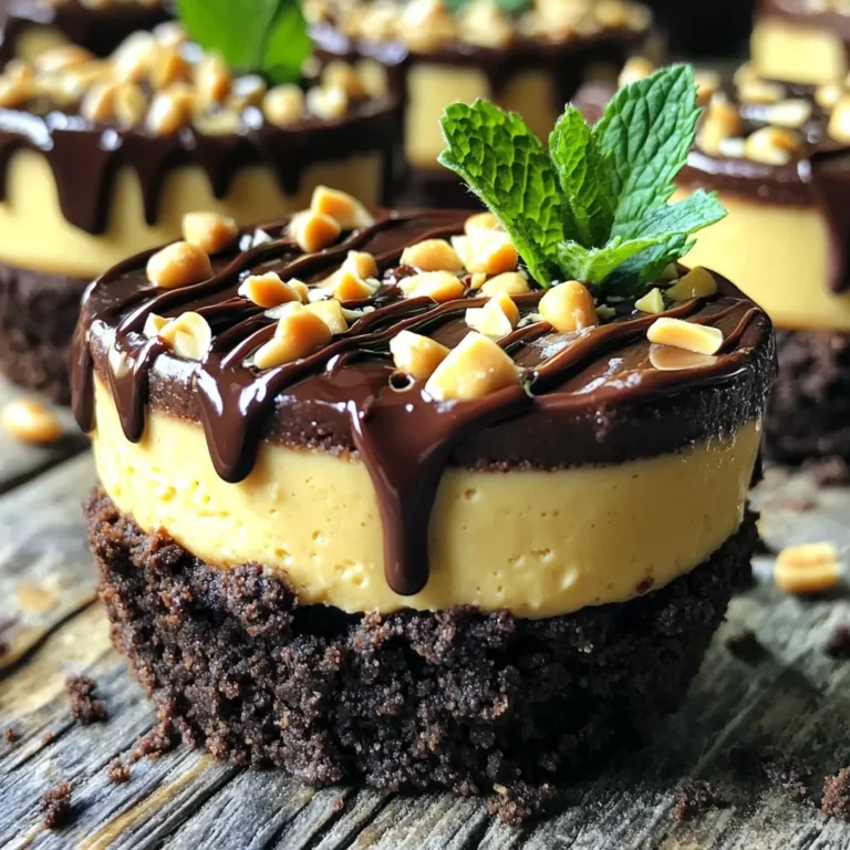 - 1 cup chocolate sandwich cookies, crushed - 4 tablespoons unsalted butter, melted - 8 oz cream cheese, softened - 1/2 cup creamy peanut butter - 1/2 cup powdered sugar - 1 teaspoon vanilla extract - 1 cup whipped cream (or whipped topping) - 1/4 cup chocolate chips, melted (for drizzling) - Chopped peanuts (for garnish) To make these cheesecake cups, you need a few simple tools: - Mixing bowls - Electric mixer - Measuring cups and spoons - Dessert cups or ramekins - Rubber spatula - Plastic wrap or lid for storage You can make this recipe your own with easy swaps: - Use gluten-free cookies for a gluten-free option. - Swap cream cheese for Greek yogurt for a lighter taste. - Choose crunchy peanut butter for a different texture. - Use maple syrup instead of powdered sugar for a natural sweetener. - Replace whipped cream with coconut cream for a dairy-free option. To start, you need to make the crust. Take 1 cup of chocolate sandwich cookies and crush them well. You can use a food processor or a zip-top bag with a rolling pin. Once crushed, mix the cookie crumbs with 4 tablespoons of melted unsalted butter in a bowl. Stir until all the crumbs are coated in butter. Next, divide this mixture into 6 to 8 dessert cups. Press the crumbs down firmly at the bottom to form a good crust. Now, let’s make the cheesecake filling. In a clean bowl, beat 8 oz of softened cream cheese using an electric mixer until it is smooth and creamy. Then add 1/2 cup of creamy peanut butter, 1/2 cup of powdered sugar, and 1 teaspoon of vanilla extract. Mix these ingredients until they are well blended. This part is key to getting a rich flavor. After that, gently fold in 1 cup of whipped cream. Use a spatula to do this carefully so the mixture stays fluffy. Time to put it all together! Spoon or pipe the peanut butter cheesecake filling over the crust in each cup. Fill them all the way to the top for a nice look. After that, place the cups in the fridge. Let them chill for at least 2 hours. This helps the filling set properly. Just before serving, drizzle 1/4 cup of melted chocolate on top of each cup. Finally, sprinkle some chopped peanuts for garnish. This adds a nice crunch and extra flavor! To get a smooth texture in your cheesecake cups, start with softened cream cheese. This helps it mix well with peanut butter and sugar. Use an electric mixer for the best results. When you add the whipped cream, fold it in gently. This step keeps the mixture light and airy. If you mix too hard, it can become dense. One mistake is not pressing the crust firmly enough. If the crust is loose, it will fall apart when you serve it. Make sure you press down hard with your fingers or a spoon. Another mistake is skipping the chilling time. The cheesecake needs at least two hours to set. If you serve it too soon, it will be runny and messy. For a beautiful presentation, drizzle melted chocolate over each cup just before serving. Use a spoon or squeeze bottle for a nice design. Garnish with chopped peanuts for extra crunch. Adding a mint sprig on top can give a fresh look. You can also sprinkle some chocolate chips around the base. This makes your dessert look even more inviting. {{image_2}} You can mix up the flavors in these cheesecake cups. Try using almond butter instead of peanut butter for a nutty twist. You can also add a bit of cocoa powder to the filling for extra chocolate flavor. If you enjoy fruit, consider adding mashed bananas or pureed strawberries. These will give your cups a fresh and fruity taste that pairs well with chocolate. The crust can change your dessert's whole vibe. Instead of chocolate sandwich cookies, use graham crackers for a classic taste. If you prefer a nutty flavor, try crushed almonds or pecans mixed with butter. For a gluten-free option, use gluten-free cookies or oats to create a base that everyone can enjoy. Each crust will give a unique texture and taste. You can make these cups a bit healthier without losing flavor. Use Greek yogurt in place of cream cheese for a lighter option. For sweetness, swap powdered sugar with honey or maple syrup. If you want fewer calories, consider using a sugar substitute. You can also use reduced-fat whipped cream to cut back on fat. These swaps keep your dessert tasty and a little more guilt-free. To keep your No-Bake Chocolate Peanut Butter Cheesecake Cups fresh, store them in the fridge. Use airtight containers or cover them tightly with plastic wrap. This will prevent them from drying out or absorbing other smells. If you plan to serve them later, make sure to refrigerate them right after they set. These cheesecake cups can last in the fridge for about 3 to 5 days. If you notice any changes in texture or smell, it’s best to toss them. Always check before you indulge in a sweet treat. You can freeze these cheesecake cups too! To do this, place them in the freezer for up to 2 months. Just make sure they are in an airtight container. When you are ready to enjoy them, move them to the fridge to thaw overnight. Avoid refreezing after they have thawed, as this may change their texture. Yes, you can use low-fat cream cheese. It works well in this recipe. Low-fat cream cheese can reduce calories a bit but may change the taste. If you want a lighter dessert, this is a good option. Just remember, the texture might be less rich. To make this recipe gluten-free, choose gluten-free chocolate sandwich cookies. Many brands offer gluten-free options. Check the label to be sure. The rest of the ingredients are naturally gluten-free. This way, everyone can enjoy these cheesecake cups! You can use whipped topping instead of whipped cream. This is a great substitute and works well in this recipe. If you want a dairy-free option, use coconut whipped cream. It adds a fun twist to the flavor. Just make sure to fold it in gently to keep the mixture light and fluffy. This blog post covered the key ingredients and tools for making cheesecake cups. I shared step-by-step instructions for preparing the crust and filling, and assembling the cups. You learned tips for the perfect texture and how to avoid mistakes. We also explored variations, storage tips, and common questions. Making cheesecake cups can be fun and rewarding. Use these insights to impress yourself and your friends with tasty treats. Enjoy creating your own delicious cheesecake cups!