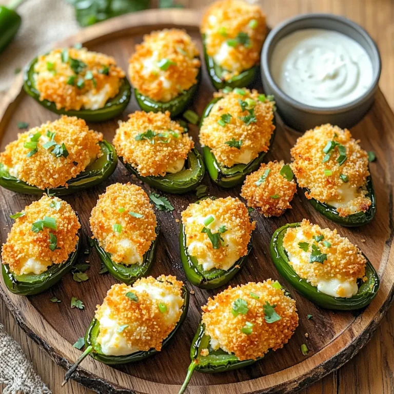 To make Air Fryer Jalapeño Cheese Bites, gather these items: - 10 fresh jalapeños, halved and seeded - 1 cup cream cheese, softened - 1 cup shredded cheddar cheese - 1/2 cup grated parmesan cheese - 1/4 cup green onions, finely chopped - 1 teaspoon garlic powder - 1/2 teaspoon smoked paprika - 1 cup breadcrumbs (panko recommended) - Olive oil spray - Salt and pepper to taste I recommend using quality brands to enhance your dish. For cream cheese, Philadelphia is a top choice. Kraft makes excellent shredded cheddar, while Grana Padano offers great parmesan. For breadcrumbs, try Panko from Kikkoman. These brands help ensure your jalapeño bites are rich in flavor. If you have dietary needs, here are some swaps: - For a vegan option, use dairy-free cream cheese and cheese alternatives. - To make it gluten-free, replace the breadcrumbs with gluten-free panko or crushed rice crackers. - You can skip the cheese entirely for a lighter snack and fill jalapeños with seasoned veggies. These adjustments allow everyone to enjoy this tasty snack! Start with 10 fresh jalapeños. First, slice each one in half. Use a small spoon to remove the seeds and membranes. This step helps reduce the heat. If you like it spicy, leave some seeds. In a mixing bowl, add the following: - 1 cup cream cheese, softened - 1 cup shredded cheddar cheese - 1/2 cup grated parmesan cheese - 1/4 cup green onions, finely chopped - 1 teaspoon garlic powder - 1/2 teaspoon smoked paprika - Salt and pepper to taste Mix all these ingredients well until smooth. This filling is creamy and full of flavor. Make sure every bite has a good mix of cheeses and spices. Now, take each jalapeño half. Fill it with the cheese mixture. Pack it in well, but don’t let it overflow. Next, prepare the breadcrumbs. You can use panko for an extra crunch. Roll each filled jalapeño half in the breadcrumbs until fully coated. Lightly spray the air fryer basket with olive oil. This helps prevent sticking. Place the jalapeño bites in the basket. Make sure they don’t touch each other. Lightly spray the tops with olive oil again. Set your air fryer to 375°F (190°C) and cook for 10-12 minutes. Look for a golden brown color and bubbly cheese. Once done, let them cool for a few minutes. Enjoy your tasty snack! To get the best flavor, use fresh jalapeños. Always taste them first. Some jalapeños are mild, while others pack heat. The cream cheese blends well with cheddar and parmesan. This mix gives a rich taste. Don't skip the garlic powder and smoked paprika. They add depth and warmth. Make sure to pack the cheese filling tightly. This keeps it from spilling out during cooking. Air fryers can cook differently. Check your bites around 8 minutes. If they aren't golden yet, let them cook a bit longer. Cooking time can change based on the size of your jalapeños. Larger ones may need more time. If you want a softer texture, reduce the cooking time by a minute or two. Presentation makes food more fun! Arrange the jalapeño bites on a nice platter. You can garnish with extra green onions or fresh cilantro. This adds color and freshness. Serve with ranch or blue cheese dressing on the side. It makes a great dip. Enjoy sharing these bites at parties or game days! {{image_2}} You can change the heat level of your jalapeño cheese bites. If you like it mild, use fewer jalapeños or pick milder peppers. Try using bell peppers instead. For more heat, leave some seeds in the jalapeños. You can also mix in cayenne pepper or hot sauce into the cheese filling. While cheddar and cream cheese work great, you can experiment with other cheeses. Use pepper jack for a spicy kick. Gouda adds a nice smoky flavor. You can also try feta for a tangy twist. Mixing different cheeses can create unique tastes and textures. Don't be afraid to mix and match! Breadcrumbs give a nice crunch, but you have options. Try crushed tortilla chips for a fun twist. Panko breadcrumbs add extra crunch, too. For a healthier choice, use ground almonds or oats. You can even skip the coating altogether for lower carbs. Each option adds a different style to your bites! To store your jalapeño cheese bites, let them cool first. Place leftovers in an airtight container. They can stay fresh in the fridge for up to three days. Make sure to keep them away from strong odors to avoid flavor changes. When you want to enjoy these bites again, preheat your air fryer to 350°F (175°C). Place the jalapeño bites in the basket in a single layer. Heat them for about 5-7 minutes until they are warm and crispy again. This method keeps them tasty and prevents sogginess. If you want to freeze these bites, prepare them but do not cook them. After filling and coating the jalapeños, arrange them on a baking sheet. Freeze them until solid, then transfer to a freezer bag. They can last for up to three months. When ready to eat, cook them straight from the freezer. Add a few extra minutes to the cooking time for best results. Yes, you can use frozen jalapeños. Just thaw them first. Remove excess water before filling. This helps keep your bites from getting soggy. Frozen jalapeños may taste slightly different, but they will still be tasty. You can serve these bites with a few dips. Here are some great options: - Ranch dressing - Blue cheese dressing - Salsa - Guacamole - Sour cream These dips add flavor and coolness to balance the heat. To make jalapeño bites gluten-free, use gluten-free breadcrumbs. Many brands offer gluten-free options. You can also use crushed cornflakes or ground nuts as a coating. This keeps the bites crispy and delicious without gluten. This article covered all you need to make tasty jalapeño cheese bites. We explored key ingredients and suggested brands. You can adjust for dietary needs and spice levels, too. I shared simple steps for prep and cooking, plus tips for best results. Don’t forget to store leftovers properly or freeze them. Enjoy these bites with your favorite dips or sides. Now, you're ready to impress friends and family with delicious snacks.