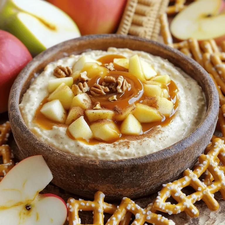 - 8 oz cream cheese, softened - 1/2 cup powdered sugar - 1/2 cup brown sugar - 1 teaspoon vanilla extract - 1/2 cup sour cream - 1 cup caramel sauce, divided - 1 medium apple, diced (Gala or Honeycrisp recommended) - 1/2 teaspoon cinnamon - 1/4 cup chopped walnuts or pecans (optional) - Apple slices, graham crackers, or pretzel rods for dipping To make a tasty Caramel Apple Cheesecake Dip, you need a few key ingredients. The base of the dip is cream cheese, which gives it a rich and creamy texture. You will mix this with both powdered and brown sugars to add sweetness. Vanilla extract adds a warm flavor that makes this dip even better. Sour cream adds a slight tang, balancing the sweetness of the sugars. The caramel sauce is essential for that classic caramel apple taste. Choosing the right apple makes a difference too. Gala or Honeycrisp apples work best because they are sweet and crunchy. A sprinkle of cinnamon gives a warm touch and enhances the apple flavor. If you want a little crunch, you can add chopped walnuts or pecans. They are optional but delicious! For dipping, you can use apple slices, graham crackers, or pretzel rods. Each option brings its own fun twist to this treat! 1. Mixing cream cheese and sugars Start with 8 oz of softened cream cheese. Use an electric mixer to beat it until smooth. Gradually add 1/2 cup of powdered sugar and 1/2 cup of brown sugar. Keep mixing until it is creamy and well combined. 2. Incorporating vanilla and sour cream Next, stir in 1 teaspoon of vanilla extract. Add 1/2 cup of sour cream to the mix. Blend until the mixture is smooth and free of lumps. This step makes the dip rich and tasty. 3. Preparing the apple mixture Take 1 medium apple, like Gala or Honeycrisp. Dice it into small pieces. In a separate bowl, mix the apples with 1/2 teaspoon of cinnamon and half of the caramel sauce. This adds a sweet flavor to the fruit. 1. Folding in apples and optional nuts Gently fold the apple mixture into the cream cheese mixture. Make sure the apples spread evenly. If you like, add 1/4 cup of chopped walnuts or pecans for extra crunch. This makes the dip even better. 2. Serving suggestions Spoon the dip into a serving bowl. Drizzle the remaining caramel sauce on top. Serve it right away with apple slices, graham crackers, or pretzel rods for dipping. Enjoy this sweet treat with friends and family! To make your dip super creamy, start with the right cream cheese. I love using full-fat cream cheese for the best texture. It blends smoothly and gives a rich taste. Always use softened cream cheese. This helps it mix easily with other ingredients. Room temperature ingredients are key. Take your cream cheese, sour cream, and vanilla out of the fridge before starting. This small step makes mixing simple and fast. You won’t have any lumps in your dip. Fresh apples are the way to go. I recommend Gala or Honeycrisp apples. They add a nice crunch and sweetness. Canned apples can be mushy and less tasty. If you want great flavor, stick with fresh fruit. Mixing caramel sauce varieties can boost taste, too. Try using a salted caramel for a fun twist. The salty-sweet mix pairs well with the creamy dip. You can also use homemade caramel if you’re feeling adventurous. It adds a personal touch! {{image_2}} You can easily change this dip to fit your taste. Start with the fruit. While apples are great, you can try pears or peaches. These fruits add a nice twist and taste. Just make sure they are fresh and ripe for the best flavor. Next, think about the nuts. If you want, swap out walnuts or pecans for something else. Try using almonds for a crunchy bite or even granola for added texture. You can mix and match until you find what you love. Seasonal flavors can make this dip even more fun. For fall, add a touch of pumpkin spice. This warm spice blends well with the cream and apples. It gives your dip a cozy feel that everyone will enjoy. If you want a richer taste, mix in some chocolate. You can use chocolate chips or even a swirl of chocolate sauce. This adds a sweet depth that pairs well with the caramel and cream cheese. Each variation makes the dip special and brings a new twist to your table. To keep your dip fresh, use a sealed container. A glass or plastic container works well. Make sure it has a tight lid. This helps keep air out, which can spoil the dip. You can store it in the fridge for up to three days. When you store the dip, separate the caramel sauce. Keep it in a small container. This prevents the dip from getting too runny. When you want to enjoy your dip again, just add the caramel back on top. Yes, you can reheat the dip! To do this, place the dip in a microwave-safe bowl. Heat it for 15 to 30 seconds. Stir it well after each interval. Be careful not to overheat it. You want it warm, not hot! If you prefer, you can also heat it on the stove. Use a small saucepan over low heat. Stir constantly until it warms up. This way, you keep the creamy texture. Enjoy your warm, sweet dip with fresh dippers! You can dip many tasty things in this dip. Here are my favorites: - Apple slices: Fresh and crunchy apples pair perfectly. - Graham crackers: Sweet and crisp, they add a nice crunch. - Pretzel rods: The salty flavor balances the sweetness well. - Cookies: Try using shortbread or vanilla cookies for a fun twist. Feel free to mix and match! You can even use fruit skewers for a fun presentation. This dip stays good for about 3 to 5 days in the fridge. - Store it in an airtight container. - Keep it away from strong-smelling foods to avoid flavor change. Make sure to check for any changes in texture or smell before eating. Yes, you can make this dip ahead of time! - Prepare it up to two days in advance. - Just keep it in the fridge until you are ready to serve. If you make it early, save some caramel sauce to drizzle on top right before serving. This keeps it looking fresh and tasty! This blog post covered how to make a tasty Caramel Apple Cheesecake Dip. You learned the key ingredients like cream cheese, sugar, and apples. I shared steps to mix everything together and tips for flavor. You also saw how to store leftovers and make the dip ahead of time. I hope you feel ready to try this easy recipe. Enjoy it with your favorite dippers for a fun treat!