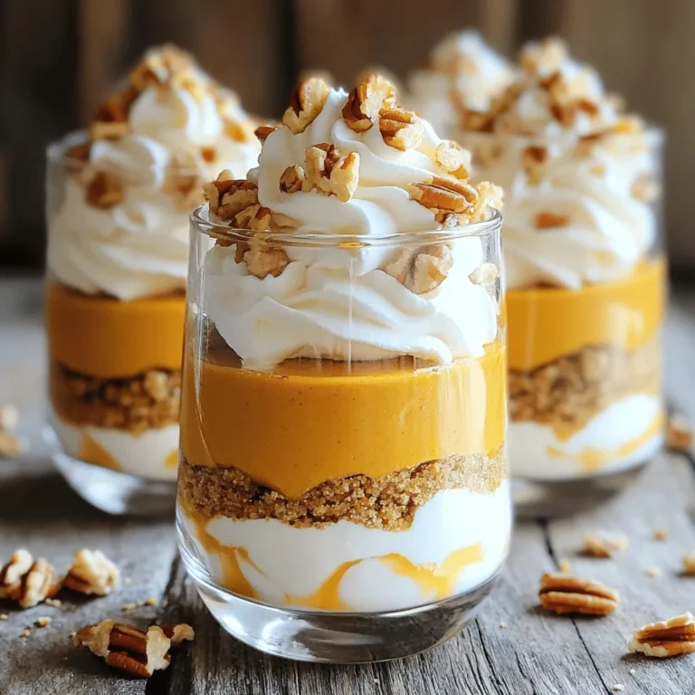 To make pumpkin cheesecake parfaits, you need a few simple ingredients. Here’s what you will need: - 1 cup pumpkin puree - 1 cup cream cheese, softened - 1/2 cup sour cream - 1/2 cup powdered sugar - 1 teaspoon vanilla extract - 1 teaspoon pumpkin pie spice - 1 cup whipped cream (store-bought or homemade) - 1 1/2 cups graham cracker crumbs - 1/4 cup melted butter - 1 tablespoon brown sugar Each of these ingredients adds to the rich and creamy texture of the parfaits. The pumpkin puree gives a warm flavor, while the cream cheese and sour cream create a smooth filling. You can make your parfaits even better with some tasty garnishes. Here are a few ideas: - Chopped pecans - Chopped walnuts - Extra whipped cream - A sprinkle of cinnamon These garnishes add crunch and enhance the flavor. They make your parfaits look fancy too! If you don’t have certain ingredients, you can easily swap them. Here are some great ideas: - Instead of cream cheese, use mascarpone cheese for a lighter taste. - Greek yogurt can replace sour cream for a healthier option. - For a gluten-free treat, use gluten-free graham crackers. - Maple syrup can take the place of powdered sugar for a natural sweetness. These swaps keep your parfaits delicious while fitting your needs. To make the crust, grab a medium bowl. Mix 1 1/2 cups of graham cracker crumbs with 1/4 cup melted butter and 1 tablespoon brown sugar. Stir until the crumbs feel sticky. This will help the crust hold its shape. Spoon a layer of this mixture into clear glasses or parfait cups. Use the back of a spoon to press it down gently. This step gives the parfait a nice base. In another bowl, add 1 cup of softened cream cheese. Beat it until smooth. Then, add 1 cup of pumpkin puree, 1/2 cup sour cream, 1/2 cup powdered sugar, 1 teaspoon vanilla extract, and 1 teaspoon pumpkin pie spice. Mix everything well until it is creamy and smooth. This filling is the star of the parfait! Start with a layer of the crust you made. Spoon a generous amount of the pumpkin cheesecake mixture on top of the crust. Spread it out evenly. Next, add a layer of whipped cream on top of the cheesecake filling. This layer adds a light touch. Repeat these steps. Add another layer of crust, filling, and whipped cream. Finish with a final layer of whipped cream on top. Cover the parfaits with plastic wrap. Chill them in the fridge for at least 2 hours. This waiting time helps the flavors meld and sets the parfaits. Before serving, you can add chopped pecans or walnuts on top. This adds a nice crunch and flavor. Enjoy your delightful no-bake Pumpkin Cheesecake Parfaits! To get the best texture for your parfaits, use softened cream cheese. Cold cream cheese makes mixing hard, so it won’t blend well. Make sure you beat it until smooth before adding other ingredients. This helps create a creamy filling. When mixing in the pumpkin puree and sour cream, stir gently. This keeps the mixture light. After you layer the cheesecake filling, the whipped cream adds a soft touch. Layering helps with texture, so keep it light and fluffy. To make your cheesecake taste even better, consider some easy tweaks. Adding a pinch of nutmeg can boost the fall flavors. You can also mix in a splash of maple syrup for a sweet twist. If you love spices, try a bit more pumpkin pie spice. Just be careful not to overdo it. For a richer taste, swap some sour cream for Greek yogurt. This adds creaminess while keeping it tangy. Using the right tools makes this process smooth. Here’s what you need: - Mixing bowls - Hand mixer or whisk - Measuring cups and spoons - Clear glasses or parfait cups - Spoon for layering - Plastic wrap for chilling These tools help you assemble your parfaits quickly and easily. Plus, they ensure a neat presentation, which is key for any dessert! {{image_2}} You can easily make gluten-free pumpkin cheesecake parfaits. Start with gluten-free graham crackers. Crush them just like regular ones. Mix the crumbs with melted butter and brown sugar. This gives you a tasty crust. Use the same filling recipe. It stays creamy and rich. Your friends won’t even know they are gluten-free! For a vegan version, swap out the cream cheese. Use vegan cream cheese instead. Replace sour cream with coconut cream for a thick texture. Sweeten with maple syrup instead of powdered sugar. It adds a nice depth of flavor. Use whipped coconut cream as a topping. This keeps it light and fluffy. Want to change it up? Try adding different spices. You can mix in cinnamon or nutmeg. These spices will enhance the pumpkin taste. Use chocolate graham crackers for the crust for a chocolate twist. You can also add a layer of caramel sauce. This will create a sweet surprise. The options are endless! To store your pumpkin cheesecake parfaits, use airtight containers. You can also cover them tightly with plastic wrap. This keeps them fresh and prevents any odor from the fridge. Make sure to store them in the refrigerator until you are ready to serve. These parfaits last for about 3 to 4 days in the fridge. For the best taste and texture, eat them within this time. Over time, the graham cracker crust may get soft. If you want a crunchy crust, consider making a fresh batch of crust when serving. You can freeze pumpkin cheesecake parfaits, but it changes the texture a bit. To freeze, place the parfaits in a freezer-safe container. Make sure to leave some space for expansion. They can last for about 1 month in the freezer. When you are ready to eat, thaw them in the fridge overnight. Note that the whipped cream may separate slightly, but you can whip it again if needed. Yes, you can make these parfaits ahead of time. I recommend making them a day before. This way, the flavors blend well. Just store them in the fridge, covered. This will keep them fresh and tasty. If you need a substitute for sour cream, try Greek yogurt. It has a similar tang and texture. Plain yogurt also works well. Both options keep your parfait creamy and delicious. To make homemade whipped cream, you need heavy cream, sugar, and vanilla. Start with one cup of heavy cream. Whip it until soft peaks form. Add two tablespoons of sugar and one teaspoon of vanilla. Continue whipping until you get stiff peaks. It’s simple and tasty! Yes, you can use fresh pumpkin. Just cook and puree it first. Roast the pumpkin until soft, then mash or blend it until smooth. This gives a fresh taste, but canned pumpkin is easier and quicker. These parfaits last about three days in the fridge. Keep them covered to maintain freshness. They may lose some texture after a couple of days, but they still taste great! This article showed you how to make delicious pumpkin cheesecake parfaits. We covered the key ingredients, from crust to filling. You learned tips for the best texture and flavor. We explored fun variations like gluten-free and vegan options. Finally, we discussed storage and answered common questions to help you. Enjoy making these parfaits and impressing your friends with your skills!
