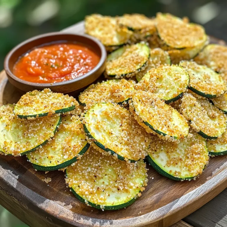 - 2 medium zucchinis, thinly sliced - ½ cup grated Parmesan cheese - ½ cup breadcrumbs (preferably whole wheat) - 1 teaspoon garlic powder - 1 teaspoon onion powder - 1 teaspoon Italian seasoning - Salt and pepper to taste - 1 large egg, beaten - Cooking spray Zucchini is the star here. It provides a fresh, crisp base for the chips. Parmesan cheese adds a salty, nutty flavor that makes the chips tasty. Breadcrumbs give the chips a crunchy outer layer. Garlic powder and onion powder add depth to the flavor. Italian seasoning brings a hint of herbs, enhancing the overall taste. Finally, the egg acts as a glue, helping the coating stick to the zucchini. When choosing zucchini, look for firm, smooth skin. Avoid any with soft spots or blemishes. Fresh zucchini should feel heavy for its size, indicating moisture. For Parmesan cheese, select a block if possible. Grate it yourself for the best flavor. The cheese should have a slightly nutty aroma. If using pre-grated cheese, check for added preservatives. Always look for cheese that is labeled as "parmesan" for authenticity. Start by preheating your air fryer to 400°F (200°C). This step helps the chips cook evenly. A hot air fryer ensures they turn out crispy. In a mixing bowl, combine ½ cup of grated Parmesan cheese with ½ cup of breadcrumbs. Add 1 teaspoon each of garlic powder, onion powder, and Italian seasoning. Sprinkle in salt and pepper to taste. Mix well to evenly blend all the flavors. This mixture gives the chips a tasty crust. Take your 2 medium zucchinis and slice them thinly. Dip each slice into 1 beaten egg. Make sure each piece is fully coated. Next, transfer the slice to your breadcrumb mixture. Press the slice gently to help the coating stick. Ensure each chip is well-covered for the best flavor. Place the coated zucchini chips in a single layer in the air fryer basket. Do not overcrowd them; this helps them crisp up nicely. Lightly spray the tops with cooking spray. Set the air fryer to cook for 10-12 minutes. Flip the chips halfway through cooking. This helps them brown evenly. Adjust the time if you want them crispier. Once the chips are golden brown and crispy, remove them from the air fryer. Let them cool for a minute before serving. Enjoy these tasty chips warm. They pair well with marinara sauce or your favorite dip. Perfect for a healthy snack or appetizer! To get your zucchini chips crispy, slice them thin. Aim for about 1/8 inch in thickness. This helps them cook evenly. Make sure to coat them well in the breadcrumb mixture. Press the crumbs onto the slices for better adhesion. Spraying them lightly with cooking spray also aids in crispiness. Flip the chips halfway through cooking for a uniform crunch. If they’re not crispy enough, air fry them a bit longer. Each air fryer can vary, so keep an eye on them! If you run out of eggs, don’t worry! You can use a few alternatives. Unsweetened applesauce works well; use about 1/4 cup per egg. Another option is flaxseed meal mixed with water. Mix 1 tablespoon of flaxseed meal with 2.5 tablespoons of water. Let it sit for a few minutes until it thickens. Silken tofu can also be a great choice. Blend 1/4 cup of silken tofu until smooth. Each of these options binds the crumbs to the zucchini nicely. Cooking times may vary based on your air fryer model. Most will take around 10 to 12 minutes at 400°F. If your air fryer runs hot, check the chips at 8 minutes. For slower models, you may need up to 15 minutes. Always flip them halfway through to ensure even cooking. Check for a golden brown color to know they are done. If they look pale, give them a few extra minutes. {{image_2}} You can change the flavor of your zucchini chips easily. Try adding smoked paprika for a hint of smoke. For a spicy kick, mix in cayenne pepper. You can also use fresh herbs like rosemary or thyme. Just chop them finely and add to the breadcrumb mix. This gives a fresh taste and makes your chips unique. Parmesan is great, but other cheeses work too. Try using cheddar for a sharp flavor. You can also use mozzarella for a milder taste. Grate the cheese finely before mixing it with the breadcrumbs. This helps the cheese melt and gives a nice crust. Mixing cheeses can create a fun blend of tastes! Don’t stop at zucchini! You can add other veggies. Sweet potatoes or carrots make great chips too. Just slice them thin like the zucchini. You can use the same coating method for these veggies. This way, you get a colorful and tasty mix. Plus, it’s a great way to enjoy more vegetables! To keep your leftover zucchini chips fresh, store them in an airtight container. Place parchment paper between layers to help maintain crunch. Keep them in the fridge. They will last for about 2-3 days. Reheat your zucchini chips in the air fryer for 3-5 minutes at 350°F (175°C). This method helps restore their crispiness. Avoid using the microwave, as it can make them soggy. If you want to freeze your zucchini chips, let them cool completely first. Place them in a single layer on a baking sheet. Freeze for 1-2 hours, then transfer them to a freezer bag. They can last up to 3 months in the freezer. When ready to eat, reheat them directly from frozen in the air fryer. Air Fryer Parmesan Zucchini Chips stay fresh for about 2 to 3 days. Store them in an airtight container. To keep them crispy, avoid stacking the chips. Yes, you can bake them in the oven. Preheat the oven to 425°F (220°C). Place the coated zucchini slices on a baking sheet. Bake for about 20 to 25 minutes, flipping halfway through. These chips go well with marinara sauce or your favorite dip. You can also pair them with a fresh salad for a tasty meal. Yes, these zucchini chips fit well in a keto diet. They are low in carbs and high in flavor. Just watch the breadcrumbs; choose a low-carb option if you want. To reduce saltiness, cut back on the salt in the breadcrumb mix. You can also replace some Parmesan cheese with a low-sodium cheese. Making Air Fryer Parmesan Zucchini Chips is simple and fun. We explored key ingredients and their roles. You learned how to prep and cook these tasty chips step by step. Tips helped you achieve crispiness and offered variations for added flavor. Finally, we discussed storage and reheating options. Enjoy these chips as a healthy snack or side dish. Don’t forget to get creative with your ingredients! The more you make them, the better you’ll get. Enjoy your cooking journey!
