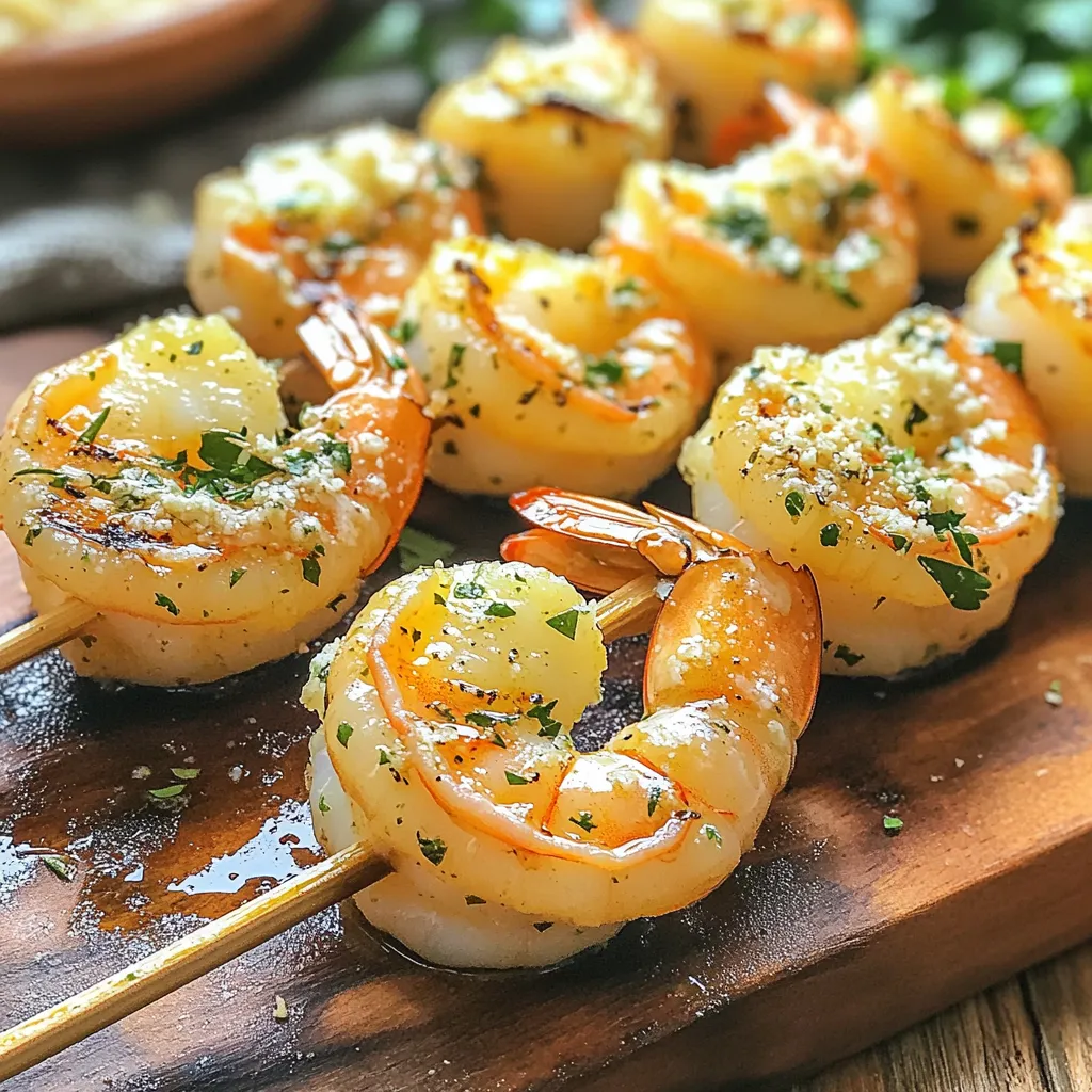 - 1 pound large shrimp, peeled and deveined - 3 tablespoons olive oil - 4 cloves garlic, minced - 3 tablespoons grated Parmesan cheese - 1 teaspoon paprika - 1 teaspoon garlic powder - 1 teaspoon dried Italian herbs - Salt and pepper to taste - Fresh parsley for garnish - Skewers (wooden or metal) To make Air Fryer Garlic Parmesan Shrimp Skewers, start with fresh, large shrimp. You want them peeled and deveined for the best taste and ease. The olive oil helps the shrimp stay moist. The minced garlic adds strong flavor. Grated Parmesan cheese gives a wonderful, cheesy touch. Paprika brings in a mild spice, while garlic powder and Italian herbs enhance the taste. Make sure to season with salt and pepper. Fresh parsley is perfect for a bright garnish. Don’t forget the skewers! If you're using wooden ones, soak them in water first. This keeps them from burning in the air fryer. With these ingredients, you set the stage for a quick, tasty meal. Now, you’re ready to create a delicious dish that will impress anyone at your table. First, combine the olive oil, minced garlic, grated Parmesan cheese, paprika, garlic powder, dried Italian herbs, salt, and pepper in a large bowl. This mix creates a flavorful marinade that coats the shrimp perfectly. Marination is key! It helps the shrimp absorb the flavors. Aim for at least 15 minutes. If you have more time, let it sit for 30 minutes in the fridge for even better taste. To marinate the shrimp, gently toss them in the bowl until they are well coated. Make sure every shrimp gets the marinade. This step enhances the flavor and keeps the shrimp moist. The best marination time is about 15 to 30 minutes. Don’t skip this step; it makes a big difference in taste! Start by preheating your air fryer to 400°F (200°C). This step is important for even cooking. While the air fryer heats, thread the marinated shrimp onto skewers. Space them out so they cook evenly. Place the skewers in the air fryer basket in a single layer. If you have many skewers, you might need to cook in batches. Cook the shrimp skewers for 6 to 8 minutes. Flip them halfway through the cooking time. This ensures they cook evenly and get a nice, crispy texture. Once they are opaque and cooked through, remove them carefully. Garnish with fresh parsley for a pop of color and flavor before serving! Choosing the right shrimp is key. I prefer large shrimp for these skewers. Look for shrimp that is fresh and firm. Avoid shrimp that smells fishy or has a slimy texture. Always peel and devein them for a clean taste. To avoid overcooking, watch the cooking time closely. Shrimp cooks fast in an air fryer. It only takes 6-8 minutes at 400°F. Flip them halfway through. They are done when they turn pink and opaque. Overcooked shrimp can become rubbery, so keep an eye on them. To enhance flavor, try adding more spices. You can use cayenne for heat or lemon zest for brightness. Fresh herbs like cilantro or dill work well, too. They add a nice touch to the dish. Using lemon juice adds extra zest. Squeeze fresh lemon juice on the cooked skewers. It brightens up the flavors and makes the dish pop. Lemon pairs great with garlic and Parmesan, making each bite refreshing. {{image_2}} You can switch shrimp for chicken or tofu. Chicken works well when cut into chunks. Use the same marinade for great taste. Tofu is a great option too. Just press it to remove extra water, then cut it into cubes. Marinate it like shrimp. Both options still give a hearty bite. You can change the flavors by trying different marinades. A honey soy glaze adds sweetness and depth. Use lemon juice and herbs for a fresh twist. Try a spicy marinade with chili paste or hot sauce. Adding spices like cayenne pepper can give your skewers a kick. Feel free to mix and match until you find your favorite! To keep your shrimp skewers fresh, store them right. Place leftovers in an airtight container. Refrigerate them for up to three days. Make sure they cool down before sealing the container. This helps avoid moisture buildup. If you want to freeze the skewers, line them up in a single layer on a baking sheet. Freeze them for about an hour. Once frozen, move them to a freezer bag. They can last for up to three months in the freezer. For reheating, the best way is to use the air fryer again. Set it to 350°F (175°C). Heat the skewers for about 4-5 minutes. This keeps the shrimp juicy and the cheese crispy. You can also use a skillet on medium heat. Add a little olive oil to the pan. Heat the skewers for about 3-4 minutes. This method keeps the flavors bright and the texture pleasant. Cook shrimp in the air fryer for 6-8 minutes. Flip them halfway for even cooking. Shrimp should turn opaque when done. They cook quickly due to their small size. If you overcook them, they will become tough. Check for doneness to avoid this. Yes, you can prep the skewers in advance. Marinate the shrimp for up to 30 minutes. You can also make the marinade earlier. Just store it in the fridge. Skewers can be assembled a few hours before cooking. Cover them and keep them chilled until ready. This saves time and boosts flavor. Air fryer shrimp skewers are quite healthy. Shrimp is low in calories and high in protein. They are also rich in omega-3 fatty acids. Using olive oil adds healthy fats. The garlic and herbs provide great flavor without extra calories. Just watch the added salt and cheese for sodium. Overall, they make a tasty and nutritious meal. In this blog post, we explored making flavorful air fryer shrimp skewers. We covered the key ingredients, marination techniques, and cooking steps. I shared tips for perfecting the dish and offered variations to suit your taste. Storing and reheating your skewers keeps them tasty for later. Remember, cooking is about experimenting and enjoying the process. With these guidelines, you can create a dish that impresses and satisfies. Dive in and enjoy your air fryer adventure!