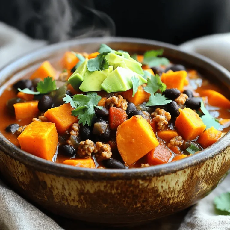 - 1 lb ground turkey - 2 medium sweet potatoes, peeled and diced - 1 can (15 oz) black beans, rinsed and drained - 1 can (15 oz) diced tomatoes (with juices) - 1 medium onion, diced - 2 cloves garlic, minced - 2 cups vegetable broth - 1 tablespoon chili powder - 1 teaspoon cumin - 1 teaspoon smoked paprika - Salt and pepper to taste - 1 tablespoon olive oil - Optional toppings: chopped cilantro, diced avocado, shredded cheese, sour cream The ingredients in this chili create a rich and hearty dish. Ground turkey is a lean protein that adds great flavor. Sweet potatoes bring natural sweetness and a creamy texture. Black beans add fiber and a nice contrast. Diced tomatoes provide acidity and moisture, making the chili juicy. Onion and garlic add depth to the dish. Together, they form the base of many great meals. The spices—chili powder, cumin, and smoked paprika—give the chili its warm and smoky flavor profile. Vegetable broth rounds out the dish, ensuring every bite is packed with flavor. You can also customize your bowl with toppings like cilantro, avocado, cheese, or sour cream. Each option adds a unique twist to the chili, making it truly yours. 1. Sautéing onions and garlic: Start by heating 1 tablespoon of olive oil in a skillet over medium heat. Once hot, add 1 medium diced onion. Sauté for about 3-4 minutes, or until the onion is soft and clear. Next, add 2 cloves of minced garlic. Stir for 1 minute, but be careful not to let it burn. 2. Browning the turkey: Now, add 1 pound of ground turkey to the skillet. Cook it until it turns brown. This should take about 5-7 minutes. While you cook, sprinkle in some salt, pepper, 1 tablespoon of chili powder, 1 teaspoon of cumin, and 1 teaspoon of smoked paprika. Mix this well to coat the turkey. 3. Combining ingredients in the slow cooker: Once the turkey is browned, transfer it to your slow cooker. Then, add 2 medium peeled and diced sweet potatoes, 1 can of black beans (15 oz), 1 can of diced tomatoes (15 oz, with juices), and 2 cups of vegetable broth. Stir everything together until well mixed. 1. Setting cooking mode (low vs. high): You can cook your chili on low or high. If you choose low, the flavors will deepen. Cooking on high will save you time if you’re in a hurry. 2. Recommended cooking duration: If cooking on low, set your slow cooker for 6-8 hours. If on high, set it for 3-4 hours. The sweet potatoes should be tender when done. 1. Adjusting seasoning: After the cooking time, taste your chili. You may want to add more salt or spices to make it just right for you. 2. Best practices for serving: Serve your chili hot. Top it with your favorite items like chopped cilantro, diced avocado, shredded cheese, or a dollop of sour cream. These toppings add flavor and color, making your dish even more delightful! To boost flavor, adjust your spices. If you like more heat, add more chili powder. You can also mix in cayenne pepper for a spicy kick. For a smoky taste, increase smoked paprika. Ingredient substitutions can add variety. Try using ground beef or chicken in place of turkey. You can swap sweet potatoes for regular potatoes or even butternut squash. Adding different beans, like kidney or pinto, can also change the taste and texture. For sweet potatoes, cut them into even pieces. This ensures they cook at the same rate. If you want them to stay firm, add them later in the cooking process. You can add them halfway through cooking. To prevent burning in the slow cooker, make sure you use enough liquid. The vegetable broth should cover the ingredients well. If your slow cooker runs hot, check it regularly. Adjust the heat if needed to avoid burning. {{image_2}} To make this chili gluten-free, check your broth and spices. Most brands are safe. Use certified gluten-free products to avoid any issues. You can enjoy this dish without worry. For a vegetarian option, swap the ground turkey with lentils or black beans. Both provide protein and texture. Add extra veggies like bell peppers or corn for more flavor and nutrients. You can add more veggies to boost nutrition and taste. Try bell peppers, carrots, or zucchini. Just chop them small and toss them in the slow cooker. They will cook down nicely and blend with the chili. If you want different proteins, use ground chicken or beef. You can even try diced tofu for a plant-based choice. Each option brings a unique taste to the chili. The best sides to serve with this chili include cornbread or tortilla chips. They add a nice crunch and balance the dish. A simple green salad works well to lighten the meal, too. To elevate your chili's presentation, garnish it with chopped cilantro or diced avocado. A sprinkle of shredded cheese or a dollop of sour cream adds creaminess. These toppings make the dish look and taste amazing. To store your Sweet Potato Turkey Chili in the fridge, let it cool first. Once cool, transfer it to an airtight container. This helps keep flavors fresh and prevents spills. You can store it for up to five days. Make sure to label the container with the date. When you're ready to eat, just heat it up on the stove or in the microwave. If you want to save some chili for later, freezing is a great option. First, let the chili cool down to room temperature. Then, pour it into freezer-safe bags or containers. Remove as much air as possible to avoid freezer burn. You can freeze it for up to three months. When it’s time to enjoy your chili again, thaw it overnight in the fridge. Reheat it in a pot over medium heat or in the microwave until it's nice and hot. Enjoy the flavors all over again! Can I use a different type of meat? Yes, you can. If you prefer, use ground beef or chicken instead of turkey. Each meat will give a different flavor. Ground beef adds richness, while chicken keeps it light. How spicy is this chili? This chili has mild spice. The chili powder adds warmth but not heat. If you like more spice, add jalapeños or a pinch of cayenne pepper. Adjust it to your taste! Can I cook this chili on the stovetop instead? You can! Just follow the same steps. Cook it in a pot on medium heat. Let it simmer for about 30-40 minutes. Stir often to ensure even cooking. What can I serve with Sweet Potato Turkey Chili? Serve chili with cornbread, rice, or tortilla chips. A fresh salad or avocado slices are great too. Top it off with cheese or sour cream for extra flavor! This blog post covered a delicious Sweet Potato Turkey Chili. We discussed the main ingredients, from ground turkey to spices. You learned the steps to prepare and cook the chili in a slow cooker. I shared tips to enhance flavor and texture. We explored variations to fit dietary needs and different tastes. Finally, I offered storage methods to keep leftovers fresh. Now, you have all the tools to make your own tasty chili. Enjoy the cooking and the flavors!