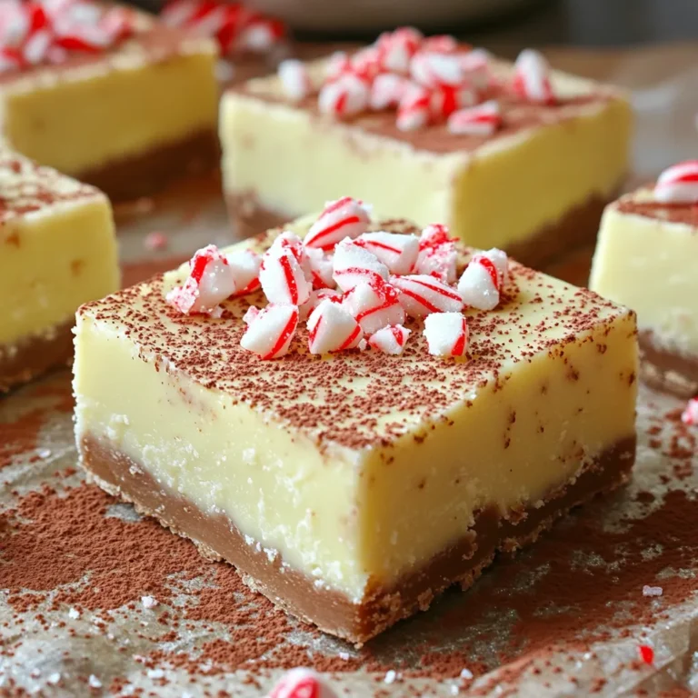 - 2 cups white chocolate chips - 1 cup sweetened condensed milk - 1 teaspoon peppermint extract To make this fudge, you need three main things. First, use 2 cups of white chocolate chips. They give the fudge its sweet, creamy base. Next, grab 1 cup of sweetened condensed milk. This adds richness and helps the fudge set. Lastly, you will need 1 teaspoon of peppermint extract. It brings that festive mint flavor we all love. - 1/2 cup crushed candy canes - 1/4 cup unsweetened cocoa powder (for dusting) - Edible glitter or holiday sprinkles You can add some fun extras to your fudge. First, 1/2 cup of crushed candy canes gives it a nice crunch. It also makes it look pretty with red and white colors. Next, consider using 1/4 cup of cocoa powder. Dust it on top to add a chocolatey touch. Lastly, edible glitter or holiday sprinkles can make the fudge sparkle. These little details make your fudge stand out at any holiday gathering. - Step 1: Melting the White Chocolate First, grab a medium saucepan. Add the white chocolate chips and sweetened condensed milk. Use low heat and stir often. Keep stirring until the chocolate melts and becomes smooth. This step is key. If you rush, the chocolate might burn. - Step 2: Adding Flavor Next, take the pan off the heat. It’s time to add the peppermint extract. Stir it in well. This will give your fudge that nice minty taste. Make sure it blends in completely. You want every bite to burst with flavor. - Step 3: Incorporating Candy Canes Now, fold in the crushed candy canes. Use a spatula to mix them gently. You want to spread them throughout the fudge. The candy canes add crunch and a festive look. They also enhance the peppermint flavor. - Step 4: Preparing the Baking Dish Grab an 8x8-inch baking dish. Line it with parchment paper. Leave some paper hanging over the edges. This makes it easy to lift out the fudge later. A well-prepped dish helps the fudge come out cleanly. - Step 5: Pouring and Spreading Mixture Pour your fudge mixture into the prepared dish. Use a spatula to spread it evenly. Get into the corners well. You want a smooth top. This will make it look nice when you cut it. - Step 6: Cooling and Setting Time Now, sprinkle a light dusting of cocoa powder on top. This adds a nice finish. If you want, add edible glitter or sprinkles for fun. Place the dish in the fridge. Let it cool for at least 2 hours. This helps the fudge set firm. When it's ready, lift it out using the parchment. Cut it into small squares or rectangles. Enjoy your tasty treat! To make the best no-bake white chocolate peppermint fudge, start with the right melting technique. I recommend using a medium saucepan over low heat. This helps the white chocolate chips melt slowly and evenly. Stir the mixture constantly. This prevents the chocolate from burning. If you prefer, you can also melt the chocolate in a microwave. Use a microwave-safe bowl and heat it in short bursts of 20 seconds. Stir in between until fully melted. Achieving a smooth fudge texture is key for a great bite. After melting, mix in the sweetened condensed milk. Make sure it blends well into the chocolate. Once mixed, add the peppermint extract. Stir it in fully. Then, fold in the crushed candy canes gently. This method keeps the fudge smooth while adding a fun crunch. Creative ways to decorate your fudge make it even more special. After pouring the fudge into the dish, sprinkle cocoa powder on top. This adds a nice touch and a chocolatey flavor. For extra sparkle, use edible glitter or holiday sprinkles. These add color and charm to your fudge. When serving, cut the fudge into small squares. Arrange them on a festive plate. You can also place them in small paper cups for a fun touch. Pair the fudge with peppermint sticks or holiday cookies for a complete treat. These ideas will impress your guests and make your fudge the star of the table. {{image_2}} You can easily change the taste of your no-bake white chocolate peppermint fudge. Swap peppermint extract for other extracts to create new flavors. For example, use vanilla extract or almond extract for a twist. These simple swaps can make the fudge feel fresh and exciting. You can also add texture by including nuts or dried fruits. Chopped walnuts or pecans add a nice crunch. Dried cranberries or cherries can bring a sweet and fruity burst. Just mix them in with the crushed candy canes. This makes each bite even more delightful. Making this fudge fit special diets is simple. For a gluten-free version, you only need to ensure your ingredients are gluten-free. Most white chocolate chips are gluten-free, but always check labels. If you want a vegan option, substitute white chocolate chips with dairy-free ones. Use coconut milk or almond milk in place of sweetened condensed milk. This keeps the creamy texture while making it vegan-friendly. You can enjoy this tasty treat no matter your dietary needs! To keep your no-bake white chocolate peppermint fudge fresh, store it in an airtight container. This prevents moisture from ruining the fudge. Line the container with parchment paper for easy removal. Place the fudge in a single layer to avoid sticking. Refrigeration helps maintain the fudge's texture. You can keep the fudge in the refrigerator for up to two weeks. Check for any signs of spoilage, like changes in smell or texture. If you notice any, it's best to discard it. Freezing fudge is a great option if you want to save some for later. To freeze the fudge, first cut it into squares. Wrap each piece tightly in plastic wrap. Then, place the wrapped pieces in a freezer-safe bag. Be sure to label the bag with the date. When you're ready to enjoy the fudge again, simply take out a piece. Let it thaw in the refrigerator for a few hours. This helps keep the texture nice. You can also leave it out at room temperature for about 30 minutes. Enjoy your fudge without losing any flavor! Can I use different types of chocolate? Yes, you can use other kinds of chocolate. Dark chocolate or milk chocolate works well too. Just remember that different chocolates have different sweetness levels. Adjust the sugar if needed. Mixing chocolates can add new flavors. How long does this fudge last? This fudge lasts up to two weeks in an airtight container. Keep it in the fridge to maintain freshness. If you want to savor it longer, consider freezing it. What to do if fudge is too soft? If your fudge is too soft, it may not have set properly. You can return it to the heat. Reheat gently and add a bit more white chocolate. Stir until smooth, then cool it again. How to fix grainy fudge? Grainy fudge often means the chocolate overheated. To fix it, try melting the fudge again. Add a splash of cream to help smooth it out. Stir well and cool before serving. In this post, we explored how to make a delicious fudge with simple steps. You learned about key ingredients, like white chocolate and peppermint extract. We covered the best ways to prepare, cool, and store your fudge, ensuring it stays fresh. Take the time to try some fun variations or tips, too. Whether you're a first-time baker or a pro, this recipe can bring joy. Enjoy making your fudge and share it with others for a sweet treat!
