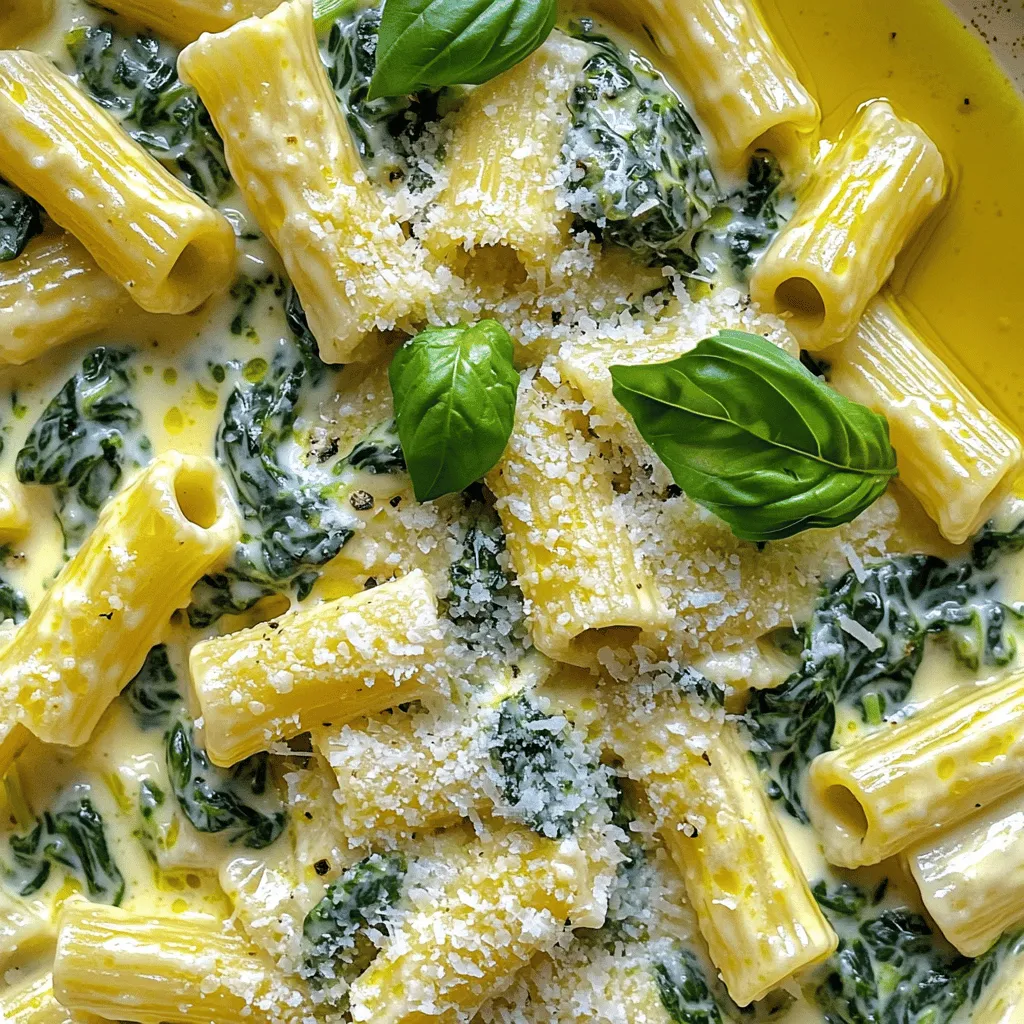 To make creamy spinach ricotta pasta, you need some key items. Here’s what you will need: - 250g pasta of your choice (penne or fettuccine work well) - 200g fresh spinach, roughly chopped - 250g ricotta cheese - 1 tablespoon olive oil - 2 cloves garlic, minced - 1/2 teaspoon nutmeg - Salt and pepper to taste - 50g grated Parmesan cheese - 1/2 cup heavy cream or plant-based alternative - Fresh basil leaves for garnish These ingredients come together to create a rich and tasty dish. Each one adds to the creamy texture and flavor. You might want to spice things up a bit. Here are some optional ingredients to consider: - Red pepper flakes for heat - Lemon zest for freshness - Sun-dried tomatoes for a tangy bite - Mushrooms for an earthy taste Adding these items can enhance the dish’s flavor, making it even more enjoyable. While you can use any pasta, some types work best. I recommend: - Penne: Holds sauce well - Fettuccine: Adds a nice ribbon effect - Farfalle: Looks pretty on the plate Choose the pasta that you enjoy or have on hand. Each type will bring its own charm to the meal. To make creamy spinach ricotta pasta, start with the pasta. Bring a large pot of salted water to a boil. Add 250g of your favorite pasta. Cook it until al dente, following the package directions. Once done, reserve 1/2 cup of pasta water. Then, drain the pasta and set it aside. Next, it’s time for the spinach. In a large skillet, heat 1 tablespoon of olive oil over medium heat. Once the oil is hot, add 2 cloves of minced garlic. Sauté for about 30 seconds until it smells great. Then, add 200g of roughly chopped fresh spinach. Cook until it wilts, which takes about 3 to 4 minutes. Now, let's make the sauce. Lower the heat and stir in 250g of ricotta cheese. Add 1/2 teaspoon of nutmeg and 1/2 cup of heavy cream. Mix everything until it’s smooth and creamy. Finally, combine the pasta and sauce. Add the cooked pasta to the skillet. Gradually add the reserved pasta water until it reaches your desired creaminess. Mix gently to combine. To cook pasta perfectly, always use plenty of water. Use about 4 to 6 quarts for every pound of pasta. This keeps the pasta from sticking. Add salt to the water. It should taste like the ocean. This helps flavor the pasta as it cooks. Remember to stir the pasta occasionally while it cooks. This prevents clumping and ensures even cooking. Making the spinach and ricotta sauce is simple. Start with a hot skillet and oil. Sauté garlic first to enhance the flavor. Then add the spinach. Cook it just until it wilts; overcooking can make it mushy. When adding ricotta, mix it well with the cream. This keeps the sauce smooth. If the sauce feels too thick, add a little of the reserved pasta water. This will help it blend perfectly with the pasta. To make your sauce extra creamy, save some pasta water. After cooking the pasta, reserve 1/2 cup of the starchy water. This water can help your sauce stick to the pasta better. Start by adding a little at a time while mixing. This way, you control the creaminess level. The starch in the water helps bind everything. The result? A silky sauce that clings to every noodle. Want to kick up the flavor? Here are some great ideas. You can add a pinch of red pepper flakes for heat. A squeeze of lemon juice brightens the dish. Fresh herbs, like parsley or thyme, can also add freshness. If you like a cheesy flavor, mix in more Parmesan. Each of these options can change the taste in a fun way. Experiment and find what you love best! Need to make some swaps? No problem! If you're dairy-free, use a plant-based ricotta. Cashew or almond-based options work well. For a lighter dish, swap heavy cream for a mix of almond milk and cornstarch. If you're gluten-free, choose gluten-free pasta. The key is to keep the flavors and textures enjoyable, no matter your diet. {{image_2}} You can easily make this dish more vibrant. Add more vegetables like bell peppers, zucchini, or mushrooms. These veggies will bring fresh colors and flavors to your creamy spinach ricotta pasta. You can also use different herbs, like thyme or parsley, for added taste. If you want some crunch, consider adding toasted pine nuts or walnuts. They add a nice texture and a nutty flavor. If you want to boost the protein, try adding chicken or shrimp. For chicken, cook bite-sized pieces in the skillet before adding the spinach. Cook until golden brown and fully cooked. For shrimp, toss them in just before the spinach wilts. They cook quickly, and their sweetness works well with the creamy sauce. Both options make this dish heartier and more filling. To make this pasta dish gluten-free, swap regular pasta for gluten-free pasta. There are many great options made from rice, quinoa, or chickpeas. Just be sure to check the cooking time on the package. You can also make a zucchini noodle version called zoodles. Use a spiralizer to create long, thin noodles from zucchini. They will soak up the sauce nicely and keep the dish light. To keep your creamy spinach ricotta pasta fresh, let it cool first. Then, place it in an airtight container. This helps keep the flavors strong. Store it in the fridge for up to three days. If you want to enjoy it later, freezing is a great option. When you are ready to eat the leftovers, use the stovetop for reheating. Place the pasta in a skillet over low heat. Add a splash of water or cream to keep it creamy. Stir gently until it's warm. This method helps keep the pasta from drying out. You can also use the microwave, but add a little liquid to help. Freezing creamy spinach ricotta pasta is easy. Place it in a freezer-safe container. Make sure to leave some space at the top for expansion. It can last up to three months in the freezer. When you want to use it, thaw it in the fridge overnight. Then, reheat as mentioned before. Enjoy a quick meal any time! Yes, you can use frozen spinach. Just thaw and drain it well. Frozen spinach cooks faster than fresh, so adjust the cooking time. This swap saves time and still adds great flavor. If you need a substitute for ricotta, try cottage cheese or cream cheese. Both options give a similar creamy texture. You can also use soft tofu for a dairy-free alternative. Blend it for a smooth result. To make this dish vegan, use plant-based ricotta or blended tofu. Replace heavy cream with coconut cream or a plant-based milk. Don’t forget to use nutritional yeast for a cheesy flavor. This keeps it tasty while meeting vegan needs. This blog post explored the key ingredients and steps for a tasty pasta dish. We discussed essential and optional ingredients, various cooking tips, and ways to enhance flavor. You learned how to adapt recipes for different diets and successfully store any leftovers. Remember, cooking is fun! Mix ingredients and try new tricks. Enjoy your meals with family and friends, making every bite special. Happy cooking!