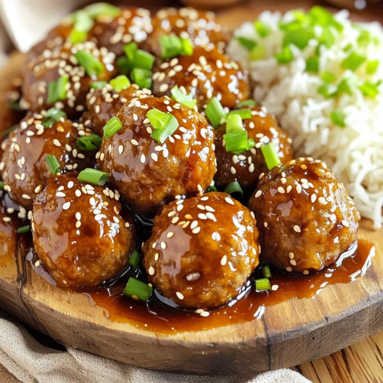 To make these tasty meatballs, you need simple ingredients. Here’s what to gather: - 1 pound ground beef (or ground turkey) - 1/2 cup breadcrumbs (preferably panko) - 1/4 cup green onions, finely chopped - 1 large egg - 2 cloves garlic, minced - 1 teaspoon ginger, freshly grated - Salt and pepper to taste These main ingredients create a rich flavor and a great texture in your meatballs. The sauce adds sweetness and depth. For the honey teriyaki sauce, you will need: - 1/4 cup soy sauce (low sodium recommended) - 1/4 cup honey - 1 tablespoon rice vinegar - 1 tablespoon sesame oil - 1 tablespoon cornstarch (for thickening) - 2 tablespoons water (for cornstarch slurry) Mixing these ingredients gives you a glossy, tasty sauce that coats the meatballs perfectly. Garnishes make your dish look great and add extra flavor. Here are some ideas: - Sesame seeds - Additional chopped green onions Serve your meatballs on a large platter. Drizzle with teriyaki sauce and sprinkle with sesame seeds and green onions. Pair it with steamed rice or sliced veggies for a full meal. Start by taking a big bowl. Add 1 pound of ground beef or turkey. Then, mix in 1/2 cup of breadcrumbs and 1/4 cup of finely chopped green onions. Crack in 1 large egg. Next, add 2 cloves of minced garlic and 1 teaspoon of freshly grated ginger. Don’t forget to sprinkle in salt and pepper to taste. Use your hands to mix everything until it's well blended. Once your mixture is ready, it’s time to shape it. Take small amounts of the mixture and roll them into balls. Aim for about 1 inch in size. Place the formed meatballs on a plate. This step is fun and lets you see your hard work! Now, grab a separate bowl. Pour in 1/4 cup of low sodium soy sauce. Add 1/4 cup of honey, 1 tablespoon of rice vinegar, and 1 tablespoon of sesame oil. Whisk these together until smooth. This sauce adds a sweet and savory flavor to your meatballs. Take your slow cooker and place the meatballs inside. Make sure they fit nicely without crowding. Next, pour your honey teriyaki sauce over the meatballs. Ensure each meatball is coated well. Cover the slow cooker. Cook on low for 4-5 hours or on high for 2-3 hours. Your kitchen will smell amazing as they cook! In the last 30 minutes of cooking, we’ll thicken the sauce. Mix 1 tablespoon of cornstarch with 2 tablespoons of water in a small bowl to create a slurry. Stir this into the slow cooker gently. This will give your sauce a nice, rich texture. After cooking, use a slotted spoon to remove the meatballs. Place them on a serving platter and drizzle any remaining sauce over them. Enjoy the deliciousness! To make juicy meatballs, use a mix of ground beef and breadcrumbs. Panko breadcrumbs are great for this. They add air, making the meatballs light. Don’t overmix the meat. Mix just enough to combine the ingredients. This keeps the meatballs tender. Also, make them about one inch wide to cook evenly. For a thick sauce, use cornstarch. Mix cornstarch with water to make a slurry. Add this slurry to the slow cooker near the end of cooking. This thickens the sauce nicely without lumps. Stir gently to avoid breaking the meatballs. If you want a thinner sauce, skip the cornstarch. Serve your meatballs on a large platter. Drizzle the teriyaki sauce on top. Garnish with sesame seeds and chopped green onions. This adds color and flavor. For a full meal, pair them with steamed rice or fresh veggies. You can also serve them as appetizers with toothpicks for easy eating. {{image_2}} You can switch ground beef for ground turkey. Ground chicken works well too. If you want a plant-based option, use lentils or chickpeas. These swaps keep the dish tasty while catering to your needs. If you want a twist on the sauce, try using maple syrup instead of honey. You can also add some pineapple juice for a fruity touch. For a spicier kick, mix in a bit of sriracha or chili paste. These changes can add new flavors to your meatballs. You can serve these meatballs in many fun ways. Try meatball subs with toasted bread and extra sauce. They make great appetizers for parties. Just add toothpicks for easy serving. You can also pair them with rice and steamed veggies for a complete meal. The options are endless! To store leftover meatballs, let them cool first. Place them in an airtight container. Keep the sauce separate if possible. Store them in the fridge for up to four days. This keeps them fresh and safe to eat. When you are ready to eat the meatballs again, reheating is easy. You can use the microwave or stovetop. For the microwave, place meatballs in a bowl and cover with a damp paper towel. Heat for one to two minutes. On the stovetop, warm them gently in a pan over low heat. Add a splash of water or sauce to keep them moist. Stir until heated through. To freeze meatballs, place them in a single layer on a baking sheet. Freeze them for about one hour. This prevents them from sticking together. Once frozen, transfer them to a freezer bag. They can stay in the freezer for up to three months. When ready to eat, thaw them overnight in the fridge before reheating. Yes, you can use ground turkey. It makes the meatballs leaner. Ground turkey has a milder taste. You may want to add more seasoning. This keeps the flavor bold and tasty. The best way is to check the temperature. Meatballs should reach 160°F (71°C). You can also cut one open. The inside should be no longer pink. Juices should run clear. This shows they are safe to eat. You have many options! Serve them with steamed rice. This absorbs the tasty sauce. You can also add sliced veggies on the side. Broccoli or snap peas work well. Meatball subs are another fun choice! Leftovers stay fresh for about 3 to 4 days. Store them in an airtight container. Make sure they cool down first. Reheat them on the stove or in the microwave. Enjoy them again for easy meals! Honey teriyaki meatballs are simple yet delightfully tasty. We covered the main ingredients, the sauce, and how to serve them. You learned to make perfect meatballs and a thick sauce using a slow cooker. Remember, juicy meatballs come from the right mix. Try different proteins and garnishes for fun twists. Store leftovers properly, and they’ll be great for later. Enjoy these meals with family and friends, making every bite special and delicious!