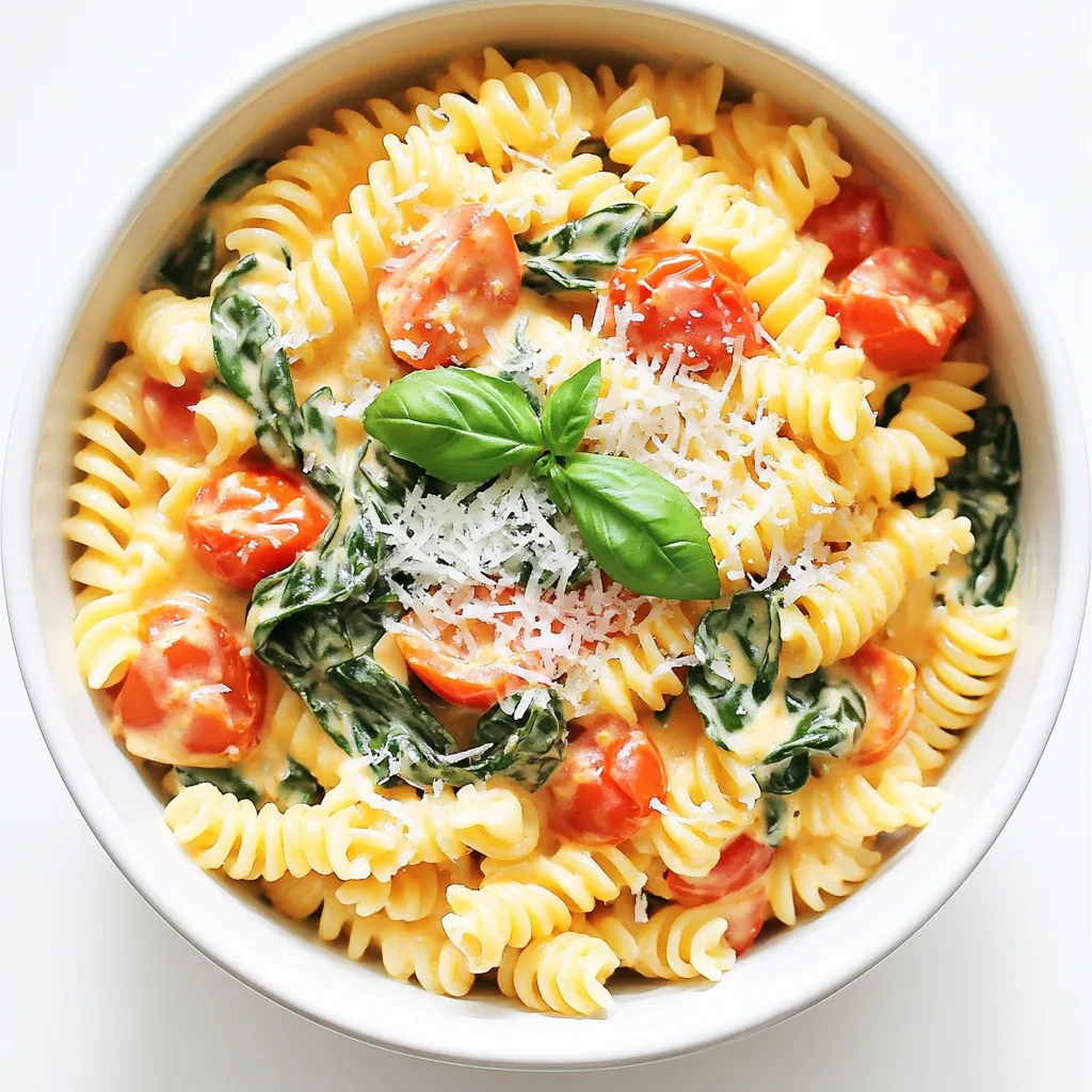 - 300g pasta (fusilli or penne) - 2 tablespoons olive oil - 4 cloves garlic, minced - 1 can (400g) diced tomatoes (with juices) - 200ml heavy cream or coconut cream (dairy-free) - 150g fresh spinach - 1 teaspoon dried oregano - 1/2 teaspoon red pepper flakes (optional) - Salt and pepper to taste - 50g grated Parmesan cheese (optional) - Fresh basil leaves for garnish Gathering the right ingredients is key to this creamy tomato spinach pasta. First, choose your pasta. Fusilli or penne works best due to their shape. Next, grab some olive oil and four cloves of minced garlic. This will give your dish a great base flavor. For the sauce, get a can of diced tomatoes. The juices from the tomatoes add depth. If you want a creamy texture, pick up 200ml of heavy cream or coconut cream for a dairy-free option. Fresh spinach is also a must; it adds color and nutrition. Now, for seasonings, you'll need dried oregano and optional red pepper flakes for a bit of heat. Don't forget salt and pepper to taste. Finally, think about toppings. Grated Parmesan cheese adds richness, while fresh basil leaves brighten the dish. These ingredients come together to make a delightful meal that is both easy and satisfying. 1. Bring a large pot of salted water to a boil. 2. Add 300g of pasta, like fusilli or penne. 3. Cook until the pasta is al dente, about 8-10 minutes. 4. Drain the pasta and set it aside. Reserve about a cup of the pasta water. 1. Heat 2 tablespoons of olive oil in a large skillet over medium heat. 2. Add 4 cloves of minced garlic and sauté for 1-2 minutes. 3. Once fragrant, pour in a can of 400g diced tomatoes with their juices. 4. Stir in 1 teaspoon of dried oregano, and 1/2 teaspoon of red pepper flakes if you like spice. 5. Season with salt and pepper, then let it simmer for about 5 minutes. 1. Lower the heat and stir in 200ml of heavy cream until well mixed. 2. Let the sauce simmer for another 5 minutes to thicken slightly. 3. Add 150g of fresh spinach, stirring until it wilts into the sauce. 4. Toss the cooked pasta in the skillet, mixing everything well. 5. If the sauce seems too thick, add a bit of the reserved pasta water to reach your desired consistency. - Ensuring al dente pasta: To cook pasta perfectly, boil salted water first. Add the pasta and follow package instructions. Check it a minute before the time is up. It should be firm but not hard. This gives you that nice bite. - How to prevent garlic from browning: When cooking garlic, use medium heat. Add it to hot oil but watch it closely. Stir it often and take it off heat as soon as it smells good. This keeps the garlic from burning and turning bitter. - Adding extra herbs or spices: For a flavor boost, add fresh basil or parsley. You can also try thyme or rosemary. Just sprinkle these in when you add the tomatoes. They add freshness and depth. - Substituting cream for a lighter version: If you want a lighter sauce, swap heavy cream for coconut cream or a mix of yogurt and milk. This keeps it creamy but less heavy. It’s a great way to cut calories without losing taste. - Pairing with salad or bread: This creamy tomato spinach pasta pairs well with a fresh salad. A simple mix of greens and a light vinaigrette works best. Or, serve it with crusty bread to soak up the sauce. - Best wines to serve with pasta: A light white wine like Pinot Grigio goes well with this dish. If you prefer red, a light Chianti is a great choice. These wines enhance the flavors without overpowering the meal. {{image_2}} You can easily add protein to your creamy tomato spinach pasta. - Incorporating chicken or shrimp: Cook diced chicken or shrimp in the skillet before adding the garlic. This adds flavor and makes the dish heartier. Cook until they turn golden brown and are fully cooked through. Then, continue with the recipe as usual. - Vegetarian protein options: If you want a vegetarian choice, try adding chickpeas or tofu. Cook them in the skillet before adding other ingredients. They will soak up the sauce and boost protein. Making this dish vegan is simple and tasty. - Dairy-free substitutions: Use coconut cream instead of heavy cream. It gives a rich, creamy texture without any dairy. You can also use cashew cream for a nutty twist. - Using vegetable broth instead of cream: For a lighter option, replace the cream with vegetable broth. This keeps the dish flavorful while being more wholesome. Adjust seasoning as needed to enhance the taste. If you need a gluten-free option, you can easily find suitable pasta. - Recommended gluten-free pasta types: Look for gluten-free penne or fusilli made from rice or corn. These work great in this recipe and keep the dish delicious. - Ensuring all ingredients are gluten-free: Check labels on canned tomatoes and spices. Make sure all ingredients are certified gluten-free to avoid any issues. - Use airtight containers to keep your pasta fresh. - Store in the fridge for up to three days. To keep the pasta from drying out, make sure your container is sealed well. If you want the best taste, eat it within two days. Always check for any weird smells before eating. - Use a skillet to reheat over medium heat. - Add a splash of water or cream to keep it creamy. Stir often while reheating. This helps to warm it evenly. If your pasta gets thick, just add more liquid. Microwaving works too, but it can make the cream less smooth. - Freeze in portions using freezer-safe bags or containers. - Lay them flat in the freezer for easy stacking. When you’re ready to eat, thaw in the fridge overnight. Reheat on the stove or microwave. Adding a bit of cream or water helps it stay creamy. Enjoy your delicious meal! Can I use other types of pasta? Yes, you can use any pasta you like. Fusilli and penne work well, but spaghetti or farfalle are great too. Just follow the cooking time on the package. How can I make this recipe spicier or milder? To spice it up, add more red pepper flakes. You can also use a dash of hot sauce. For a milder dish, skip the flakes or reduce the amount. Is this recipe suitable for meal prep? Absolutely! This pasta keeps well in the fridge for three to five days. Just store it in airtight containers. Can I make this recipe dairy-free or nut-free? Yes, you can use coconut cream instead of heavy cream. This keeps it creamy without dairy. Always check labels to avoid nuts in other ingredients. What can I use instead of heavy cream? Coconut cream is a fantastic substitute. It adds a rich flavor and works great in this dish. You can also use soy cream for a different taste. Can I omit the cheese for a vegan option? Yes, you can skip the cheese. Try adding nutritional yeast for that cheesy flavor without dairy. Fresh herbs can also enhance the taste. This blog post covers a tasty pasta recipe with various adaptations. You learned about main and additional ingredients, seasonings, and toppings. I provided step-by-step cooking instructions, tips to enhance flavors, and various ways to adapt the dish for different diets. This recipe is easy, fun, and ready to impress. Whether you choose to make it vegan or add protein, the options are endless. Enjoying this dish with your favorite sides will make it a hit at any meal. Happy cooking!