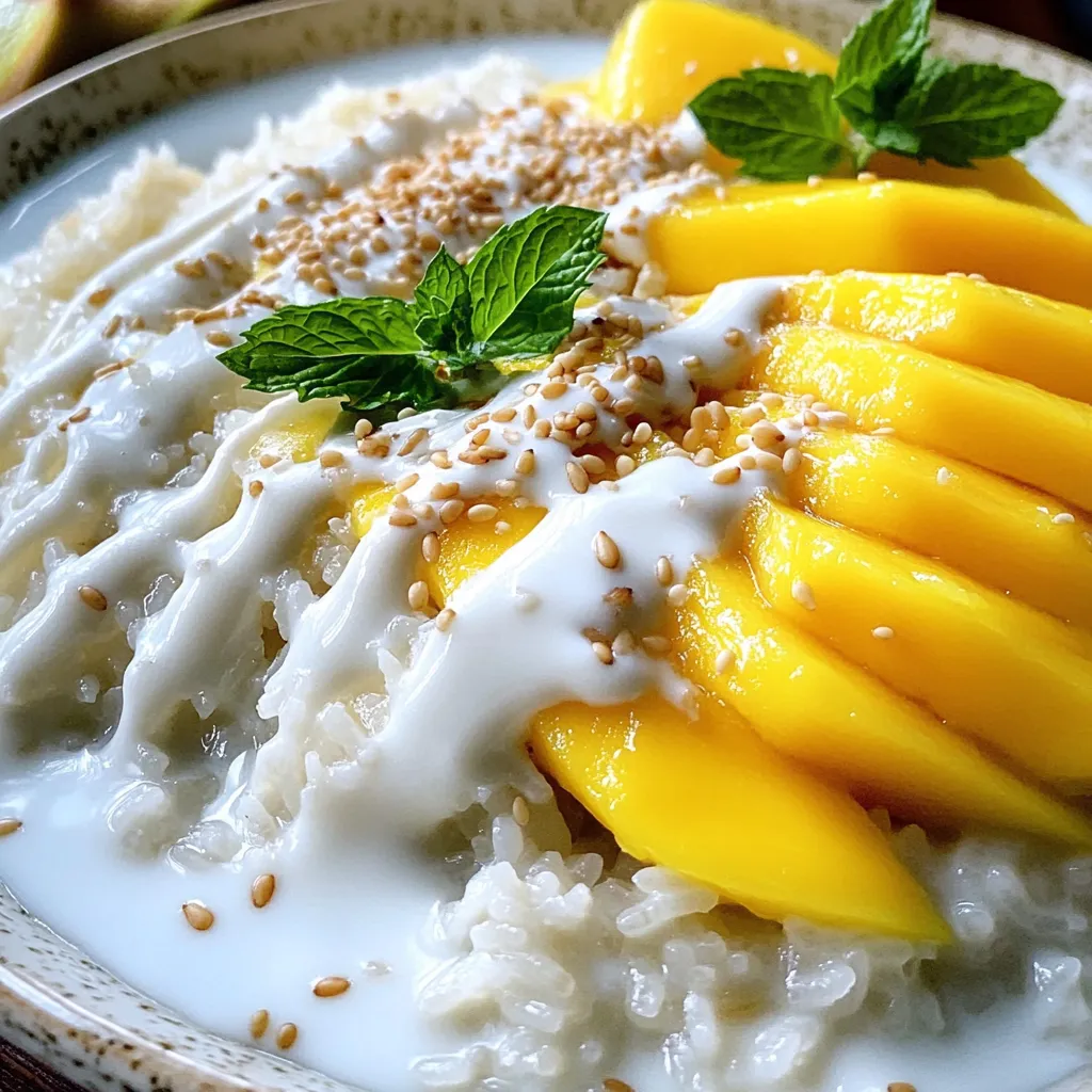 - 1 cup glutinous rice - 1 ½ cups coconut milk - ½ cup sugar - ½ teaspoon salt - 2 ripe mangoes, peeled and sliced You need glutinous rice for this dish. This rice sticks together well. It makes the dessert chewy and fun to eat. Coconut milk gives the dish its creamy taste. It adds a lovely flavor that pairs well with mango. Sugar adds sweetness. It balances the coconut milk's richness. A little salt enhances the taste of the coconut milk. Finally, ripe mangoes bring freshness. Their sweetness is key to this dessert. - 1 tablespoon sesame seeds (toasted, for garnish) - Fresh mint leaves (for garnish) To make your dessert even better, you can add garnishes. Toasted sesame seeds add a nutty crunch. They also look nice on the plate. Fresh mint leaves bring a pop of color. They add a hint of freshness. These garnishes make your Thai mango sticky rice shine! - Rinsing and soaking the rice First, rinse the glutinous rice under cold water. Keep rinsing until the water runs clear. This step helps remove excess starch. After rinsing, soak the rice in water for at least four hours. Soaking overnight works best for a tender texture. - Steaming the rice Next, drain the soaked rice. Place it in a steamer lined with cheesecloth or a clean kitchen towel. Steam the rice for about 30 to 40 minutes. The rice should be tender and slightly sticky when done. - Combining coconut milk, sugar, and salt While the rice steams, gather your sauce ingredients. In a saucepan, combine 1 ½ cups of coconut milk, ½ cup of sugar, and ½ teaspoon of salt. - Heating instructions Heat this mixture over medium heat. Stir until the sugar dissolves. Avoid boiling the mixture to prevent curdling. - Mixing rice with coconut sauce Once the rice is cooked, transfer it to a bowl. Pour about 1 cup of the coconut mixture over the rice. Mix gently until the rice is well coated. Let it sit for about 20 minutes to soak up those delicious flavors. - Preparing mango slices While the rice soaks, prepare your mangoes. Peel and slice them into thin strips. This fresh fruit adds a lovely touch to your dish. - Serving suggestions To serve, place a portion of sticky rice on a plate. Arrange the mango slices on the side or on top of the rice. Drizzle some reserved coconut milk over everything. For a finishing touch, sprinkle toasted sesame seeds and garnish with fresh mint leaves. Enjoy this delightful dessert! To find ripe mangoes, look for skin that is slightly soft. Press gently; it should give a bit. You want mangoes that smell sweet near the stem. The best types for this dish are Nam Dok Mai and Ataulfo. They are sweet and smooth, perfect for sticky rice. Soak the glutinous rice for at least 4 hours. Soaking overnight gives the best texture. Drain the rice before steaming. Use a steamer lined with cheesecloth. Steam for 30-40 minutes until it becomes tender and sticky. This step is key for a perfect dish. When using coconut milk, heat it gently. Mix it with sugar and salt until dissolved. Avoid boiling to keep it creamy. For added taste, try toppings like toasted sesame seeds or fresh fruit. You can also use shredded coconut for extra texture. {{image_2}} You can make this dessert vegan by using different sugar types. Try coconut sugar or agave syrup. Both options add a nice sweetness without animal products. For coconut milk, look for a brand that is dairy-free. Most brands are vegan, but always check the label to be sure. Thai Mango Sticky Rice is naturally gluten-free. However, if you want to change it up, you can use alternative grains. Quinoa or millet can work as substitutes for glutinous rice. They give you a different texture but still taste great with coconut milk. You can add more fun to your dessert by including fruit toppings. Fresh berries or sliced bananas pair well with mango. For a unique twist, infuse your coconut milk with pandan leaves. This adds a lovely aroma and green color to the dish. Simply simmer the leaves in the coconut milk before mixing it with rice. To store leftover Thai mango sticky rice, place it in an airtight container. This will keep it fresh. Make sure to add any extra coconut sauce in the container as well. The rice can last in the fridge for about three days. After that, the texture may change, but it will still taste good. When you want to reheat sticky rice, use a steamer if possible. This method helps to maintain its soft texture. You can also use a microwave. Just add a little coconut milk to keep it moist. Heat it in short bursts, stirring in between. Serve the rice warm with fresh mango slices on top. Drizzle extra coconut sauce for more flavor. Enjoy your delicious dessert! Yes, you can make Thai Mango Sticky Rice ahead of time. Prepare the rice and coconut sauce. Store them separately in the fridge. When ready to serve, reheat the rice and add the sauce. This keeps the dish fresh and tasty. Absolutely! This recipe is great for meal prep. You can store portions in airtight containers. Divide the rice and mangoes for easy serving later. Just remember to keep the coconut sauce separate until serving. No, regular rice will not give the same texture. Glutinous rice is sticky and chewy, which is key for this dessert. If you can find glutinous rice, use it for the best results. Store leftovers in an airtight container in the fridge. They can last for about 2-3 days. Keep the mango slices separate to avoid sogginess. Yes, you can reheat the sticky rice. Use a steamer or microwave with a damp cloth. This helps keep the rice moist and prevents it from drying out. If you can’t find fresh mangoes, you can use canned mango slices. They work well in a pinch. Just make sure to drain any syrup before serving. Of course! You can add fruits like bananas or berries for a twist. Just make sure they pair well with coconut and mango flavors. Serve the sticky rice with mango slices on the side or on top. Drizzle extra coconut sauce over the dish for added flavor. Garnish with sesame seeds and mint for a lovely touch. This blog post has walked you through making Thai Mango Sticky Rice. You learned about key ingredients like glutinous rice, coconut milk, and ripe mangoes. I shared steps to prepare the rice, make the sauce, and serve the dish. You also gained tips on selecting fruits and enhancing flavor. Remember, experimenting with variations keeps the dish exciting. Store leftovers properly, and enjoy them later. This dessert is sure to impress anyone. Enjoy your cooking adventure and savor each bite!