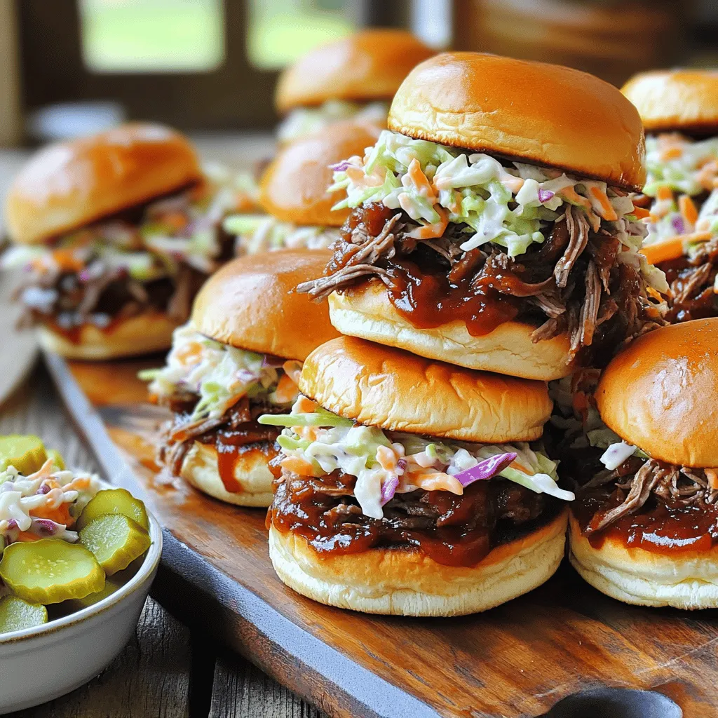 - 2 pounds beef chuck roast - 1 cup beef broth - 1 cup barbecue sauce (your choice) - 1 medium onion, sliced - 4 garlic cloves, minced - 1 teaspoon smoked paprika - 1 teaspoon brown sugar - Salt and pepper to taste To make tasty BBQ beef sliders, start with a good beef chuck roast. This cut has fat and flavor that makes the meat tender. Use beef broth and your favorite barbecue sauce to add richness. Onion and garlic bring extra taste, while smoked paprika and brown sugar add depth. - Suggested types of slider buns - Coleslaw (for topping) - Pickles (optional, for garnish) Choose slider buns that are soft and sturdy. Brioche or potato buns work well. For toppings, coleslaw adds crunch and brightness. It balances the rich beef. You can also add pickles for a tangy kick. These toppings make each bite fun and flavorful. Seasoning the beef chuck roast Start by seasoning your beef chuck roast. Use salt, pepper, and smoked paprika. Rub the spices all over the meat. This step is key for adding flavor. Importance of searing the meat Next, sear the meat. Heat a skillet over medium-high heat. Place the beef in the skillet. Sear for about 3 to 4 minutes on each side. This browning adds depth and richness to your dish. Don't skip this step! Combining ingredients in the slow cooker Now, let’s move to the slow cooker. Add sliced onion, minced garlic, beef broth, and barbecue sauce. Mix in the brown sugar too. This combination creates a tasty base for your beef. Detailed cooking times and temperature settings Place the seared beef roast in the slow cooker. Cover it and cook on low for 8 hours or high for 4 hours. The meat should be tender and easy to shred when it’s done. Tips for shredding the beef Once cooked, take the beef out and place it on a cutting board. Use two forks to shred the meat. It should fall apart with little effort. Return the shredded beef back to the slow cooker and mix it with the sauce. How to assemble the sliders effectively To assemble your sliders, grab a slider bun. Add a generous scoop of BBQ beef on top. Don’t forget to add coleslaw for crunch! You can also add pickles if you like. These toppings make your sliders even better. Enjoy each bite! To make your BBQ beef sliders even better, try these tips: - Modify Your BBQ Sauce: You can use different types of barbecue sauce. Try sweet, tangy, or spicy ones. Adding a splash of apple cider vinegar or Worcestershire sauce can add extra depth. You can also mix in some honey or mustard for a unique twist. - Add Seasonings: Besides the smoked paprika, consider adding cumin or chili powder. These spices can bring a nice warmth. A dash of cayenne pepper can add heat if you like it spicy. For a sweet touch, mix in a bit of brown sugar. To make cooking easier, follow these best practices: - Slow Cooker Tips: Always preheat your slow cooker before adding ingredients. This keeps the cooking time accurate. Avoid opening the lid too often. Every time you lift the lid, you lose heat and moisture. - Make Ahead: You can prepare this dish a day in advance. Simply cook the beef and store it in the fridge overnight. Reheat it gently the next day before serving. This makes it easy to enjoy sliders at your next party or gathering. {{image_2}} You can switch the beef for other meats. Chicken or pork works great. Both add a new taste to your sliders. For chicken, use boneless thighs or breasts. They cook nicely in the slow cooker. For pork, a pork shoulder is a good choice. It shreds well and stays juicy. Next, think about sauces. You can pick different barbecue sauces. A sweet sauce adds a nice glaze. A spicy sauce gives heat and zest. A smoky sauce brings depth of flavor. Try mixing sauces too for fun flavors. You can make this recipe work for different diets. If you need gluten-free options, look for gluten-free slider buns. Many stores sell these now. You can also use lettuce wraps instead of buns. They keep everything fresh and crunchy. For low-carb diets, skip the buns. Serve the BBQ beef on a plate with coleslaw. This keeps the meal tasty while lowering carbs. You can still enjoy all the flavors without the bread. To store leftover BBQ beef, wait for it to cool. Place the beef in airtight containers. Glass containers or plastic ones with tight lids work well. Make sure to label each container with the date. This helps you keep track of how long it’s been stored. You can keep the beef in the fridge for up to four days. If you want to save it longer, consider freezing it. Frozen BBQ beef can last for up to three months. For reheating sliders, the oven is best. Preheat your oven to 350°F (175°C). Place the sliders on a baking sheet. Warm them for about 10-15 minutes. This keeps them crispy and tasty. You can also use the microwave. Just heat them on a plate for about 30-60 seconds. To keep the sliders moist, cover them with a damp paper towel. This adds steam and stops them from drying out. Enjoy your tasty BBQ beef sliders! Can I cook the beef on high instead of low? Yes, you can cook the beef on high. It will take about 4 hours. The beef will still be tender. However, low and slow makes it even better. Cooking on low for 8 hours gives deep flavors and perfect texture. How long does shredded beef last in the fridge? Shredded beef can last 3 to 4 days in the fridge. Store it in an airtight container. This way, it stays fresh and tasty for your next meal. What side dishes pair well with BBQ beef sliders? BBQ beef sliders go well with coleslaw, potato salad, or corn on the cob. You can also serve them with chips for a crunch. These sides balance the savory flavors of the beef. Can I use BBQ beef for other meals? Absolutely! Use the BBQ beef in tacos, nachos, or on rice. It’s versatile and adds great flavor to many dishes. You can even make a BBQ beef sandwich for lunch. How to avoid overcooking the meat? To avoid overcooking, check the beef after 6 hours on low. Use a meat thermometer; it should reach 195°F to 205°F. This ensures it shreds easily without drying out. Best slow cookers for this recipe A slow cooker with a capacity of 6 quarts is perfect for this recipe. Brands like Crock-Pot and Instant Pot work well. Look for models with a programmable timer for best results. In this guide, we explored the key ingredients for BBQ beef sliders, including beef chuck roast and seasonings. I shared step-by-step instructions on preparing the beef and assembling sliders to perfection. We discussed tips for flavor, cooking efficiency, and variations for different diets. Lastly, I covered proper storage and reheating methods. With this knowledge, you can create delicious BBQ beef sliders that everyone will enjoy. Embrace the process, and have fun experimenting with flavors and ingredients. Happy cooking!