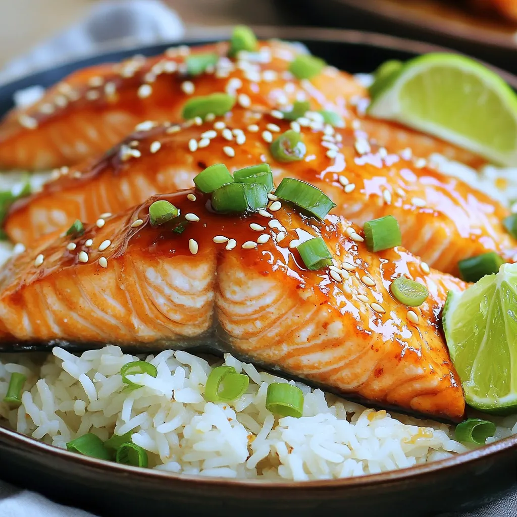 - 4 salmon fillets (about 6 ounces each) - 2 tablespoons honey - 2 tablespoons sriracha sauce - 1 tablespoon soy sauce - 1 tablespoon fresh lime juice - 2 cloves garlic, minced - Salt and pepper to taste - 1 tablespoon sesame oil - 1 tablespoon chopped green onions (for garnish) - 1 tablespoon sesame seeds (for garnish) Serve this dish with jasmine rice, quinoa, or roasted vegetables for a complete meal. For a bright look, add a lime wedge. A colorful plate makes the dish even more inviting. The salmon shines against the greens and yellows of the sides. This meal is perfect for family dinners or casual gatherings. You can easily impress your guests with this simple yet flavorful dish. The mix of sweet and spicy flavors will keep them coming back for more. To start, grab a small bowl. Whisk together the honey, sriracha sauce, soy sauce, lime juice, and minced garlic. Mix until it looks smooth. This glaze packs a sweet and spicy punch. If you like it spicier, add more sriracha. For a milder taste, use less. This way, you can make the dish your own. Now, let’s season the salmon fillets. Sprinkle salt and pepper on both sides. Heat sesame oil in a large skillet over medium heat. When the oil is hot, place the salmon in the skillet, skin-side down if you have skin. Cook for about 4-5 minutes. This lets the fish get a nice sear. Carefully flip the salmon using a spatula. Pour the honey sriracha glaze over the fillets. Cook for another 3-4 minutes. Spoon the glaze over the salmon often. This helps it caramelize and adds more flavor. The salmon is ready when it reaches an internal temperature of 145°F. Once cooked, remove the salmon from the skillet. Let it rest for a minute. This step helps keep the juices inside. Now, it’s time to plate. Place the salmon on a plate and drizzle any leftover glaze from the skillet on top. For garnishing, sprinkle chopped green onions and sesame seeds over the salmon. These add color and crunch. Feel free to serve it on a bed of jasmine rice or quinoa for a complete meal. Enjoy your delicious Honey Sriracha Glazed Salmon! To cook salmon just right, focus on the internal temperature. The best target is 145°F. Use a meat thermometer for accuracy. This ensures your salmon is safe to eat and still moist. Avoiding overcooking is key. Salmon cooks quickly, so keep an eye on it. When it starts to flake easily with a fork, it's ready. If you cook it too long, it can dry out. You can boost the flavor by adding herbs or spices. Fresh cilantro or parsley can brighten the dish. A pinch of red pepper flakes adds a nice kick, too. Pairing the salmon with sides like jasmine rice or roasted veggies works well. The rice soaks up the glaze, while veggies add color and nutrients. A good skillet is essential. I recommend a non-stick pan for easy cooking and cleanup. You'll also need basic utensils: a whisk for the glaze and a spatula to flip the salmon. A meat thermometer helps you check the salmon's doneness. Using these tips will help you make a delicious Honey Sriracha Glazed Salmon that impresses everyone! {{image_2}} You can change the glaze to fit your taste. Want more heat? Add extra sriracha or some chili flakes. This gives the dish a spicy kick. If you prefer a sweeter glaze, try maple syrup or agave instead of honey. These options blend well with the other flavors. Each change will create a unique taste! You don’t need to stick to salmon. Chicken breasts work great too. Just remember, cooking times will change. Chicken needs to reach 165°F to be safe. If you want a plant-based option, try tofu. Cut it into thick slices and follow the same cooking steps. Tofu will soak up the glaze, making it tasty. Serving style can change the whole meal. You can make wraps by placing salmon in a tortilla with veggies. This makes for a fun, handheld meal. Another idea is to create a bowl. Start with rice or quinoa, then top with salmon and veggies. You can even serve it as part of a fresh salad. This keeps the meal light and healthy! To keep your Honey Sriracha Glazed Salmon fresh, let it cool first. Place the salmon in an airtight container. Seal it well to prevent air from getting in. Store it in the fridge for up to 3 days. This way, you can enjoy the flavors later. If you notice a change in smell or texture, it’s best to toss it out. If you want to save leftovers for later, freeze the salmon. Wrap each fillet tightly in plastic wrap. Then, place them in a freezer bag or container. Make sure to remove as much air as possible before sealing. You can freeze it for up to 3 months. When you’re ready to eat, thaw the salmon in the fridge overnight. For reheating, place the salmon in a skillet over low heat. Add a splash of water or broth to keep it moist. Heat it until warm. You want to bring back its tasty glaze without drying it out. Enjoy your meal just as if it was fresh! You can use other hot sauces if you want heat. Try chili garlic sauce or sambal oelek. Both add spice and flavor. If you prefer milder options, use a mix of ketchup and hot sauce. This gives a sweet and tangy taste. You can also try harissa for a different flavor profile. The best way to check salmon is by its temperature. Cook it until it reaches 145°F. Use a food thermometer for accuracy. The salmon should look opaque and flake easily with a fork. If it still looks shiny or raw, cook it a little longer. Yes, you can prepare the glaze in advance. Whisk together the honey, sriracha, soy sauce, lime juice, and garlic. Store it in an airtight container in the fridge. This way, you can save time on busy nights. Just make sure to stir it before using. This blog post covered how to make a tasty salmon dish using simple ingredients. We explored main components like salmon, honey, and sriracha for the glaze. You learned about seasoning, cooking techniques, and serving ideas, plus tips for perfect results and flavor twists. As you cook, remember to have fun with it. Experiment with flavors and find what you love. Delicious meals make happy moments. Enjoy your salmon creation and share it with others.