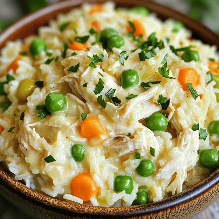 - 4 boneless, skinless chicken breasts - 1 cup long-grain white rice - 1 can (10.5 oz) cream of chicken soup - 1 cup chicken broth - 1 packet (1 oz) ranch seasoning mix - 1 cup frozen peas and carrots - 1/2 cup sour cream - 1 teaspoon garlic powder - 1 teaspoon onion powder - Salt and pepper to taste - Chopped fresh parsley for garnish Let’s dive into the stars of this dish. The main ingredients set the stage for flavor. Start with boneless, skinless chicken breasts. They cook well and stay tender. Next, we have long-grain white rice. It absorbs the creamy sauce, making each bite delightful. Cream of chicken soup forms a rich base. It brings moisture and flavor. Chicken broth adds depth and enhances the overall taste. The ranch seasoning mix ties it all together. This mix gives that classic ranch flavor we love. For extra texture, frozen peas and carrots join the mix. They add color and nutrition. Sour cream creates a luscious creaminess at the end. Garlic powder and onion powder boost the flavor without overpowering. Finally, salt and pepper allow you to fine-tune the taste. A sprinkle of chopped fresh parsley brightens the dish when serving. These ingredients work together to create a comforting meal that's perfect for any day. - First, place the chicken breasts at the bottom of the slow cooker. - Next, season the chicken with salt and pepper. This adds great flavor. - In a medium bowl, whisk together the cream of chicken soup, chicken broth, ranch seasoning, garlic powder, and onion powder. Mix until smooth. - Pour this creamy mixture over the chicken in the slow cooker. Make sure it's well covered. - Now, add the long-grain white rice on top. Spread it evenly but do not stir it in. - Cover the slow cooker and cook on low for 4-5 hours. The chicken should be cooked through, and the rice should be tender. - About 30 minutes before serving, add the frozen peas and carrots to the slow cooker. Replace the lid and let it cook. - Once done, shred the chicken using two forks right in the slow cooker. This makes it easy to mix. - Stir in the sour cream until everything looks creamy and mixed well. Taste and adjust seasoning with more salt and pepper if needed. To make your dish extra creamy, consider using Greek yogurt instead of sour cream. It adds a nice tang. You can also try cream cheese for a richer taste. If you want to enhance creaminess, add a splash of heavy cream before serving. This will give it a velvety texture. Don't be shy with flavors! Adding garlic powder and onion powder gives your dish depth. You can also mix in some paprika or cayenne for a little heat. If you want more flavor, try using homemade ranch seasoning. It’s easy to make and adds a fresh touch. Different slow cookers can cook at different speeds. If yours runs hot, check the chicken after 3 hours. For a cooler model, it may need 6 hours. To know if your dish is done, make sure the chicken reaches 165°F. The rice should be soft and fluffy. If it’s still crunchy, let it cook a bit longer. {{image_2}} You can switch chicken for other meats. Try using boneless pork chops or turkey. These meats cook well in a slow cooker. For a vegetarian dish, use tofu. Cut the tofu into cubes and add it with the other ingredients. Tofu soaks up all the creamy ranch flavor, making it tasty. If you want healthier options, consider brown rice or quinoa. Brown rice adds fiber and has a nuttier taste. Quinoa is protein-rich and cooks quickly. Adjust the cooking time as needed. Brown rice may take longer than white rice. Always check your rice to ensure it’s tender. You can swap in seasonal vegetables easily. Fresh green beans or corn work well. Feel free to mix in bell peppers for a pop of color. Adding more greens like spinach boosts nutrition. Toss them in about 30 minutes before serving for a fresh taste. After you make creamy ranch chicken and rice, let it cool first. Then, place leftovers in an airtight container. This helps keep it fresh. Store it in the fridge for up to three days. If you notice any off smells or colors, it's best to toss it. To freeze the dish, use a freezer-safe container. Make sure to leave some space at the top. The rice expands when frozen. You can freeze it for up to three months. When you’re ready to eat, thaw it in the fridge overnight. You can reheat creamy ranch chicken and rice in two ways. The microwave is quick and easy. Just heat it in short bursts, stirring in between. If you prefer the stovetop, use a pot. Add a splash of chicken broth to keep it creamy. Stir often until it's hot. Enjoy your delicious meal again! Yes, you can cook this dish on high. If you do, cook it for about 2 to 3 hours. Keep an eye on the chicken and rice. You want both to be tender and fully cooked. Check the chicken with a meat thermometer. It should reach 165°F. If you don’t have a thermometer, cut into the chicken. It should be white and juices should run clear. This dish is not gluten-free due to the ranch seasoning and cream of chicken soup. Look for gluten-free options for these ingredients if needed. Many brands offer gluten-free alternatives. This dish is filling on its own. However, you can pair it with a green salad or steamed vegetables. Garlic bread also makes a great side. Adding a fresh squeeze of lemon can brighten the meal. Yes, you can prepare this recipe in advance. Mix the sauce and place all ingredients in the slow cooker. Cover and refrigerate overnight. In the morning, just set it to cook. In this blog post, we explored a simple creamy ranch chicken and rice recipe. We discussed key ingredients, cooking steps, and tips for great flavor. I shared ideas for variations and storage to keep your meals fresh. Cooking doesn't have to be hard, and this recipe proves that. With just a few tweaks, you can make it your own. Enjoy creating and sharing this dish with family and friends. Trust me, they will love it!
