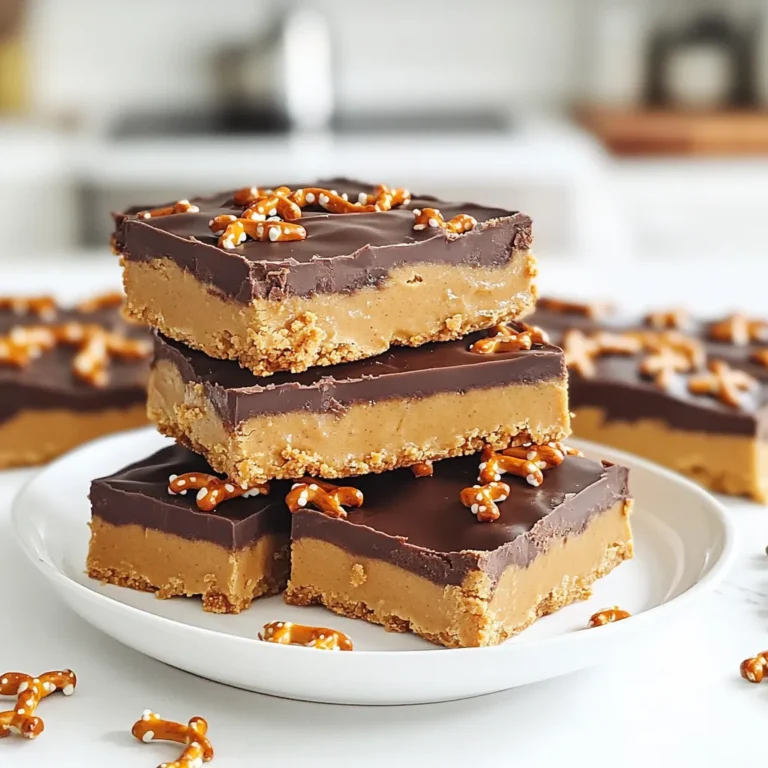 - 2 cups of pretzel sticks, crushed - 1 cup creamy peanut butter - 1/2 cup honey or maple syrup - 1/2 cup powdered sugar - 1 teaspoon vanilla extract - 1 cup semi-sweet chocolate chips - 1 tablespoon coconut oil (optional) These ingredients come together to create a sweet and salty treat. The pretzel sticks give a nice crunch. Creamy peanut butter adds rich flavor. Honey or maple syrup provides sweetness. Powdered sugar helps bind everything. Vanilla extract brings out the flavors. Semi-sweet chocolate chips add a tasty layer on top. Coconut oil can make the chocolate smoother. - Best peanut butter types: Use creamy peanut butter for a smooth mix. Brands like Jif or Skippy work well. Choose natural peanut butter for a healthier option, but check for added sugar. - Choosing high-quality chocolate: Look for semi-sweet chocolate chips with good cocoa content. Ghirardelli or Nestle are great choices. Higher quality chocolate melts better and tastes richer. Start by mixing the dry and wet ingredients. In a large bowl, combine the crushed pretzel sticks, creamy peanut butter, honey or maple syrup, powdered sugar, and vanilla extract. Make sure to mix well. You want everything to blend together nicely. This step creates a sticky mixture that holds the bars together. Next, line an 8x8 inch baking dish with parchment paper. Leave some paper hanging over the edges. This helps with removing the bars later. Now, transfer your sticky mixture into the dish. Press it down firmly and evenly. Use the back of a spatula or your hands to make a flat surface. Make sure to press down hard so the bars stay together. Now it’s time to melt the chocolate. In a microwave-safe bowl, add the semi-sweet chocolate chips and coconut oil if you want a smoother layer. Heat the bowl in 30-second intervals. Stir after each time to make sure it melts evenly. Once it’s smooth, pour the melted chocolate over the pressed pretzel mixture. Use a spatula to spread it evenly. Place the baking dish in the refrigerator. Let the bars set for at least 2 hours. This helps them firm up. For the best results, do not skip this step. Once the bars are firm, lift them out using the parchment paper. Cut them into squares or rectangles. Enjoy your Peanut Butter Pretzel Bars! To get the best texture for your Peanut Butter Pretzel Bars, press down firmly. This step is key for a solid base. Use your hands or a spatula to ensure it’s even. If you want a different binding agent, try almond butter or sunflower seed butter. These can add unique flavors and textures. For a great presentation, stack the bars neatly on a wooden board. You can drizzle extra melted chocolate on top for flair. Add some crushed pretzels for a nice crunch. These bars pair well with a cool glass of milk. The creaminess of milk balances the salty-sweet flavors perfectly. One common mistake is overheating the chocolate. Heat it in short bursts to prevent burning. Stir often until it’s smooth. Another mistake is not letting the bars set long enough. They need at least two hours in the fridge. If you skip this step, they may fall apart when cut. {{image_2}} You might want a nut-free option. You can swap peanut butter with sunflower seed butter. Sunflower seed butter gives a creamy texture. It also adds a slight nutty taste. This choice works well for kids with nut allergies. Want to boost the flavor? You can add spices like cinnamon for warmth. A sprinkle of cinnamon makes each bite more exciting. You can also add sea salt on top for a sweet and salty mix. This extra touch enhances the bars’ flavor profile. Looking for a healthier treat? You can cut down the sugar content. Use less honey or maple syrup, or try natural sweeteners. Options like agave syrup or stevia can work well. These substitutions help make your bars a bit lighter, while still tasting great. To keep your Peanut Butter Pretzel Bars fresh, choose the right containers. Use an airtight container. This will help keep moisture out. If you don’t have one, a non-airtight container works, but it’s not as effective. Wrap the bars in plastic wrap before placing them in the container. This adds an extra layer of protection. At room temperature, these bars last about one week. Keep them in a cool, dry place. For longer freshness, refrigerate them. In the fridge, they can last up to two weeks. The cold helps maintain their texture and flavor. To freeze your bars, cut them into squares first. Wrap each piece in plastic wrap. Place them in a freezer-safe bag or container. They can stay frozen for up to three months. When you’re ready to enjoy them, take out a bar. Let it thaw in the fridge for a few hours. You can also leave it at room temperature for about 30 minutes. Enjoy the same great taste! Yes, you can make these bars gluten-free. Look for gluten-free pretzel sticks. Many brands offer tasty options made from rice or corn. Always check the label to be sure. To cut down on sweetness, reduce the honey or maple syrup. You can also use less powdered sugar. Adding a pinch of salt can help balance the flavors too. If you don’t have coconut oil, use butter instead. It makes the chocolate smooth and tasty. You can also skip it and just melt the chocolate. The bars will still be great! Absolutely! You can add chopped nuts like almonds or walnuts for crunch. Try adding mini chocolate chips or dried fruit for extra flavor. Mix them in before pressing the base into the dish for a fun twist! You learned how to make tasty sweet bars with simple ingredients. We covered everything from the main ingredients to smart storage tips. Remember to choose high-quality items for the best results. Also, pressing down firmly is key for the right texture. If you try different flavors or healthier options, enjoy the process! With these tips, you can make bars that taste great and impress everyone. Happy making!