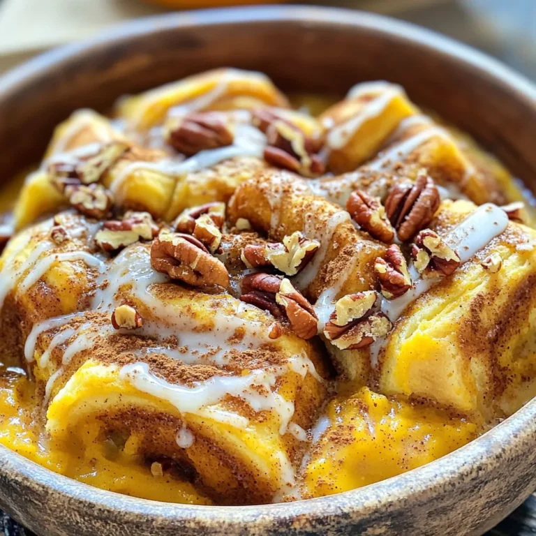 - 2 cans refrigerated cinnamon rolls (with icing) - 1 cup pumpkin puree - 1/2 cup milk The main ingredients create a tasty base for this bake. The cinnamon rolls bring sweet flavor and soft texture. Pumpkin puree adds a rich, autumn taste. Milk helps to make the mix creamy. - 1/2 cup brown sugar - 2 teaspoons pumpkin pie spice - 1 teaspoon vanilla extract - 1/4 teaspoon salt These flavor enhancers take your dish to the next level. Brown sugar adds sweetness and depth. Pumpkin pie spice gives that warm fall vibe. Vanilla extract adds a cozy smell, while salt balances the flavors perfectly. - 1/2 cup chopped pecans - Extra maple syrup or caramel sauce for drizzling Toppings can make your bake even better. Chopped pecans add crunch and nuttiness. A drizzle of maple syrup or caramel sauce brings extra sweetness. Choose toppings based on your taste. They can change the whole dish! First, preheat your oven to 350°F (175°C). This step warms the oven for even baking. While the oven heats, grease a 9x13 inch baking dish. Use butter or cooking spray to ensure easy removal later. Next, grab a mixing bowl. Add 1 cup of pumpkin puree, 1/2 cup of milk, and 1/2 cup of brown sugar. Then, sprinkle in 2 teaspoons of pumpkin pie spice, 1 teaspoon of vanilla extract, and 1/4 teaspoon of salt. Now, whisk the mixture until it's smooth and well combined. This blend gives your dish a rich, warm flavor. Open the cans of refrigerated cinnamon rolls and separate each roll. Cut each roll into quarters. Place these pieces in your prepared baking dish. Pour the pumpkin mixture over the cinnamon roll pieces. Make sure they are well coated. For extra crunch, sprinkle 1/2 cup of chopped pecans on top if you like. Now, it's time to bake! Place the dish in your preheated oven. Bake for 25-30 minutes. Check for doneness by looking for puffed, golden brown cinnamon rolls. Once baked, take it out and let it cool for about 10 minutes. Drizzle the icing from the cinnamon rolls over the warm bake. You can also add maple syrup or caramel sauce for extra sweetness. To get a great bake, set your oven to 350°F (175°C). This temperature helps the rolls puff up nice and fluffy. Bake for 25 to 30 minutes. Keep an eye on them during the last few minutes. Look for a golden brown color on top. This shows they are done and ready to enjoy. Want more flavor? You can add extra spices. Try a pinch of nutmeg for warmth. A dash of ginger can also boost the taste. You might even add a splash of orange zest for a fresh twist. If you love nuts, chopped pecans add a nice crunch. These flavors make your bake even more special. When it’s time to serve, enjoy this bake warm. Use bowls for a cozy feel. A sprinkle of pumpkin pie spice on top makes it look pretty. If you want to impress, add a dollop of whipped cream. Drizzle some maple syrup or caramel sauce for extra sweetness. This makes each bite even more delicious and inviting. {{image_2}} If you want to switch up the flavor, try using apple pie spice instead of pumpkin spice. This can give your bake a fresh twist. You can also try chai spice for a warm and cozy vibe. Another option is to mix in some cinnamon and nutmeg for a classic fall flavor. Each swap adds a new taste, making your bake unique. Cinnamon rolls are great, but you can use other types of rolls too. Try using flavored rolls like caramel or vanilla for a new taste. You can even use pecan rolls for extra flavor. Just make sure the rolls can soak up the pumpkin mixture well. This will keep the texture soft and delicious. If you need a gluten-free option, look for gluten-free cinnamon rolls. Many brands offer these now. For a dairy-free version, use almond milk or coconut milk instead of regular milk. You can also find dairy-free cinnamon rolls. These changes ensure everyone can enjoy this tasty treat! To keep your Pumpkin Spice Cinnamon Roll Bake fresh, store it in the fridge. Use an airtight container. This helps it stay moist and flavorful. The bake lasts for up to three days in the fridge. If you want to keep it longer, freezing is a great option. To reheat your bake, warm it in the oven. Set the oven to 350°F (175°C). Place the bake in an oven-safe dish. Cover it with foil to keep it soft. Heat for about 10 to 15 minutes. You can also use the microwave. Heat a single serving for about 30 seconds to 1 minute. Check and add more time if needed. To freeze your Pumpkin Spice Cinnamon Roll Bake, let it cool completely first. Cut it into portions. Wrap each piece tightly in plastic wrap, then place them in a freezer bag. This keeps out air and prevents freezer burn. It can last up to two months in the freezer. When ready to eat, thaw it in the fridge overnight. Then, reheat as described above for the best taste. Yes, you can make this bake ahead. It saves time on busy mornings. To prep, mix the pumpkin blend and cut the cinnamon rolls. Place them in the baking dish. Cover it tightly with plastic wrap. Store it in the fridge overnight. In the morning, just bake it. This method keeps the flavors fresh. You can use fresh pumpkin, but it needs prep. First, cook the pumpkin until soft. Roasting is a great method. After it’s cool, scoop out the flesh and blend it until smooth. You may need to adjust the liquid in the recipe. Fresh pumpkin adds a bright taste, but pumpkin puree is more convenient. Look for a golden top and puffed rolls. The bake should feel firm in the center. You can insert a toothpick too. If it comes out clean, it’s ready. A perfectly baked dish will be soft but not wet. Enjoy the nice smell while it bakes! This blog post shared a fun, tasty recipe for Pumpkin Spice Cinnamon Roll Bake. We covered the main ingredients and steps for mixing and baking. I provided tips for enhancing flavor and presentation, plus variations for different diets. Remember, this dish is warm and comforting, perfect for any season. Don't hesitate to try new flavors or toppings. Enjoy the baking process, and make it your own!