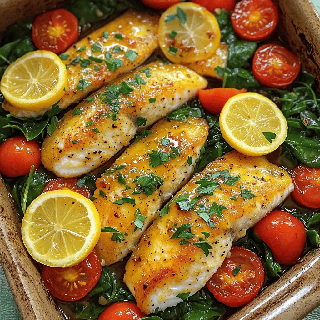 For a tasty Lemon Garlic Tilapia, you need these simple ingredients: - 4 tilapia fillets - 3 tablespoons olive oil - 4 cloves garlic, minced - 1 lemon, juiced and zested - 1 teaspoon paprika - 1 teaspoon dried oregano - 1 teaspoon salt - ½ teaspoon black pepper - 1 cup cherry tomatoes, halved - 1 cup fresh spinach - Fresh parsley for garnish (optional) Using fresh ingredients makes a big difference. The tilapia fillets are mild and flaky. Olive oil adds richness. Garlic gives a strong flavor punch. Lemon brightens the dish with its tang. Paprika and oregano add warmth and depth. Salt and black pepper enhance all the flavors. Cherry tomatoes bring a sweet burst, while fresh spinach adds color and nutrients. If you want a pop of color, add fresh parsley on top. This dish not only looks good but also tastes great. Each ingredient plays a role in creating a balanced meal. Prepare these ingredients, and you're ready to make a delicious dinner! To start, we need to marinate the tilapia. In a small bowl, mix together 3 tablespoons of olive oil, 4 minced cloves of garlic, the juice and zest of 1 lemon, 1 teaspoon of paprika, 1 teaspoon of dried oregano, 1 teaspoon of salt, and ½ teaspoon of black pepper. This mix brings out the best flavors. Next, place the tilapia fillets in a large bowl. Pour the marinade over the fillets. Make sure every piece gets well coated. Let the fish sit in the marinade for about 15 minutes. This helps the flavors soak in. For the baking sheet, choose a large one or a 9x13 inch roasting pan. Spread 1 cup of halved cherry tomatoes evenly across the bottom. This adds sweetness and color to the dish. Now, it’s time to bake. Preheat your oven to 400°F (200°C). After marinating, lay the tilapia fillets on top of the tomatoes. Pour any leftover marinade over the fish. Then, scatter 1 cup of fresh spinach around the fillets. The spinach will wilt nicely while baking. Place the pan in the oven and bake for about 15-20 minutes. The tilapia is done when it flakes easily with a fork. If you're unsure, check the thickest part of the fish. It should reach 145°F (63°C) for safe eating. Serving directly from the pan gives a rustic feel. You can also plate each fillet with roasted cherry tomatoes and wilted spinach. Drizzle some of the pan juices over the fish for added flavor. For side dishes, consider pairing with rice or a light salad. These options will complement the meal and add freshness. Enjoy your delicious Lemon Garlic Tilapia! To ensure the fish cooks perfectly, always check for doneness. The tilapia should flake easily with a fork. If it’s still raw in the center, give it a few extra minutes in the oven. Adjust cooking time based on the thickness of your fillets. Thicker fillets may need more time, while thinner ones cook faster. Keep an eye on them to avoid overcooking. You can enhance the marinade by adding a pinch of red pepper flakes for a little heat. This small change can make a big difference. Using seasonal vegetables adds freshness to the dish. Try zucchini or bell peppers in place of spinach or tomatoes. They will bring new flavors to your meal. For a creative serving suggestion, serve the tilapia directly from the pan. This gives a rustic look and keeps the meal casual. Garnish with fresh parsley or lemon slices for added color. These simple touches make your dish pop and look more inviting. {{image_2}} You can switch out tilapia for other fish or chicken. Salmon, cod, or haddock work well. For chicken, use thin fillets or cutlets. Keep the marinade the same to ensure great flavor. Adjust cooking time based on the thickness of your protein. For salmon, aim for about 20 minutes, while chicken might need around 25-30 minutes. This gives you options for different tastes and textures. For a plant-based twist, use tofu or tempeh instead of fish. Press and cube the tofu to help it absorb flavors. Marinate it the same way as tilapia. Bake until golden brown, about 25-30 minutes. You can also use chickpeas or other legumes for added protein. These options are great for those who prefer vegan meals. Mix up your dish by adding different herbs and spices. Try thyme, basil, or dill for a fresh touch. You can even add a pinch of red pepper flakes for heat. Feel free to incorporate other vegetables too. Zucchini, bell peppers, or asparagus can enhance the dish's color and flavor. Just chop them up and scatter them around the fish before baking. This keeps your meal exciting and full of different tastes! After enjoying your Lemon Garlic Tilapia, store leftovers properly. First, let the fish cool to room temperature. Place the tilapia and veggies in an airtight container. This helps keep the flavors fresh. You can store it in the fridge for up to three days. When reheating, use the microwave or oven. For the microwave, cover the container and heat for 1-2 minutes. Check if it’s warm throughout. If using the oven, preheat it to 350°F (175°C). Place the dish in for about 10 minutes. This keeps the tilapia moist and tasty. If you want to save Lemon Garlic Tilapia for later, freezing is a great option. Allow the dish to cool completely. Then, wrap each portion tightly in plastic wrap. After that, place them in a freezer bag. Label the bag with the date. You can keep it in the freezer for up to three months. When you’re ready to eat, transfer the tilapia to the fridge to thaw overnight. For quicker thawing, use the microwave’s defrost setting. Once thawed, reheat it in the oven or microwave. Make sure it heats thoroughly to enjoy all the flavors. How long to bake tilapia for optimal results? Bake tilapia for 15 to 20 minutes at 400°F (200°C). The fish is done when it flakes easily with a fork. Can I use frozen tilapia for this recipe? Yes, you can use frozen tilapia. Thaw it completely before marinating for better flavor. What to serve with Lemon Garlic Tilapia? Serve it with steamed rice, quinoa, or a fresh salad. Roasted vegetables also make a great side. What does "one pan" mean in this recipe? “One pan” means you cook everything on one baking sheet. This saves time and makes cleanup easy. How do I know when tilapia is done cooking? Check if the fish flakes easily with a fork. It should be opaque and no longer translucent. Can I use lemon juice instead of fresh lemon? Yes, you can use lemon juice. Fresh lemon gives a brighter taste, but juice works well. What can I use instead of olive oil? You can use vegetable oil or melted butter. Both will add flavor to your dish. This blog post covered everything you need to know to cook tilapia. We explored the ingredients, cooking steps, and ways to enhance flavors. I shared tips for perfect cooking and creative serving ideas. We also discussed variations to cater to dietary needs. Finally, I highlighted how to store and reheat leftovers. With these insights, you can prepare a tasty tilapia dish with confidence. Enjoy experimenting and making this meal your own!