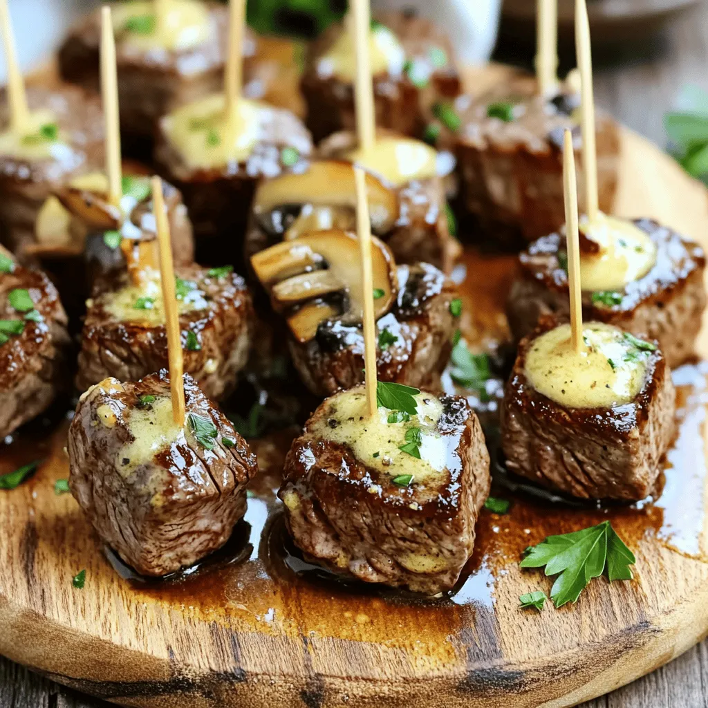 - 1 lb sirloin steak, cut into 1-inch cubes - 8 oz mushrooms, halved (preferably cremini or button) - 4 cloves garlic, minced - 4 tablespoons unsalted butter, melted - 1 tablespoon olive oil The main stars in this dish are sirloin steak and mushrooms. Sirloin gives a great flavor and tenderness. The mushrooms add a nice, earthy taste. Garlic and butter create a rich marinade that makes everything better. Olive oil helps the marinade stick. - 1 teaspoon dried thyme - Salt and pepper to taste - Fresh parsley, chopped, for garnish The seasoning is simple but effective. Dried thyme brings a hint of herbiness. Salt and pepper enhance the flavors. Fresh parsley adds a pop of color and freshness on top. - Air fryer - Mixing bowl - Cooking utensils You will need a few key items for this recipe. An air fryer is essential for that perfect crispiness. A mixing bowl helps you combine the marinade well. Cooking utensils, like a spatula, make handling the steak and mushrooms easy. - Make the garlic butter marinade: In a mixing bowl, mix 4 tablespoons of melted butter with 4 minced garlic cloves, 1 tablespoon of olive oil, 1 teaspoon of dried thyme, and salt and pepper to taste. Stir this well to get a smooth marinade. - Marinate the steak and mushrooms: Add 1 pound of cubed sirloin steak and 8 ounces of halved mushrooms to the bowl. Stir until everything is well coated with the marinade. Let it marinate for at least 15-30 minutes. This helps the steak and mushrooms soak up all the flavors. - Preheat the air fryer: Set your air fryer to 400°F (200°C) and let it preheat for about 5 minutes. This step is key for a good sear. - Cook the first batch of steak bites: Place half of the marinated steak and mushrooms in the air fryer basket. Make sure not to overcrowd it. Cook for 8-10 minutes. Shake the basket halfway through. This ensures even cooking and browning. - Cook the remaining steak bites: After the first batch is done, remove it and repeat with the remaining mixture. This way, you maintain the same great flavor and texture. - Garnish and serve tips: Once all the bites are cooked, sprinkle fresh chopped parsley over them for a pop of color. - Presentation ideas: Serve the steak bites on a nice platter or on individual plates. Drizzle any leftover garlic butter from the bowl over the top for extra flavor. You can also add toothpicks for easy eating. A fresh green salad on the side adds color and crunch. To get the best doneness for your steak bites, aim for medium-rare. This means cooking them to about 135°F (57°C). Use a meat thermometer if you have one. It helps ensure you don’t overcook. Avoid overcrowding in the air fryer. If you add too many steak bites and mushrooms, they won’t cook evenly. Cook in batches instead. This way, each piece gets that perfect crisp. Want to jazz up the flavor? You can add more herbs or spices. Consider rosemary or paprika for a kick. These will give your dish a fresh twist. Using different types of mushrooms can also enhance the dish. Try shiitake or portobello for a richer flavor. Each variety brings its own unique taste to the mix. For the best side dishes to pair, consider a fresh green salad. It adds color and crunch. You can also serve it with rice or mashed potatoes for a hearty meal. Creative serving ideas include using toothpicks for easy eating. Place the steak bites on a platter and drizzle leftover garlic butter over the top. This adds flair and more flavor. {{image_2}} You can swap out sirloin steak for other cuts like ribeye or flank. These cuts add different flavors and textures. If you want a leaner option, try using chicken breast or shrimp. They cook well with garlic butter too. For mushrooms, cremini and button are great choices. However, you can also use portobello or shiitake. Each type brings its own taste and fun texture to the dish. You can easily grill these steak bites. Just marinate them like in the air fryer method. Preheat your grill to medium-high heat. Cook the bites for about 8-10 minutes, turning them often for even cooking. If you prefer baking, heat your oven to 400°F (200°C). Place the marinated steak and mushrooms on a baking sheet. Bake for about 15-20 minutes until they are cooked through. This method is simple and still gives tasty results. For a spicy kick, add red pepper flakes to your garlic butter. This gives the dish heat and depth. You can also mix in some fresh herbs like rosemary or basil for a twist. Want to add cheese? Try sprinkling some grated parmesan or crumbled blue cheese on top before serving. This adds creaminess and richness to your steak bites. After you enjoy your Air Fryer Garlic Butter Steak Bites, store any leftovers right away. Place them in an airtight container. This keeps them fresh for your next meal. Make sure to refrigerate them within two hours of cooking. For best taste, eat leftovers within three days. If you want to save them longer, freezing is a great option. To freeze steak bites, let them cool completely first. Then, place them in a freezer bag. Remove as much air as possible before sealing. They can last up to three months in the freezer. Reheating your steak bites can bring back their delicious flavor. The air fryer is the best way to do this. Preheat your air fryer to 350°F (175°C). Place the steak bites in the basket in a single layer. Heat them for about 5-6 minutes. Check that they are warmed through. If you don’t have an air fryer, you can use the oven. Preheat it to 350°F (175°C). Spread the steak bites on a baking sheet. Heat for about 10-15 minutes. You can also use a microwave, though this may make them less crispy. Heat on medium power for 1-2 minutes, checking often. In the fridge, your steak bites will last about three days. Always check them before eating. Look for any signs of spoilage. If they smell bad or have a strange color, don’t eat them. When frozen, they can last up to three months. For the best taste, try to eat them sooner. Always remember to label your containers or bags with the date. This helps you keep track of how long they have been stored. How long do I marinate the steak bites? You should marinate the steak bites for at least 15-30 minutes. This time allows the garlic butter mixture to soak in and flavor the meat. If you have more time, you can marinate them for a few hours. This extra time enhances the taste even more. Can I use frozen steak? It is best to use fresh steak for this recipe. Frozen steak has more moisture, which can change the texture. If you only have frozen steak, be sure to thaw it completely before marinating. This helps the marinade work better on the meat. What temperature should steak be cooked to? For medium-rare, cook steak to 135°F (57°C). For medium, aim for 145°F (63°C). Use a meat thermometer to check the temperature. This ensures your steak is cooked just the way you like it. Can I add vegetables to the air fryer? Yes, you can add vegetables! Mushrooms work great in this recipe. You can also try bell peppers or zucchini. Just make sure to cut them to a size similar to the steak bites. This helps them cook evenly. Can I double the recipe? Absolutely! You can double the recipe without any issues. Just make sure your air fryer can fit all the steak bites. If not, cook them in batches. What dips go well with steak bites? Steak bites pair well with many dips. Try a creamy garlic aioli or a spicy chimichurri. Barbecue sauce and ranch dressing also make great choices. These dips add more flavor and fun to your meal. This guide covers everything you need for tasty air fryer steak bites. We explored ingredients, preparation steps, and cooking tips for perfect results. Remember to marinate well and monitor cooking times. Don't hesitate to experiment with flavors and variations to suit your taste. Enjoy your steak bites with fun sides and good company. With these tips, you can create meals everyone loves. Dive in and start cooking!