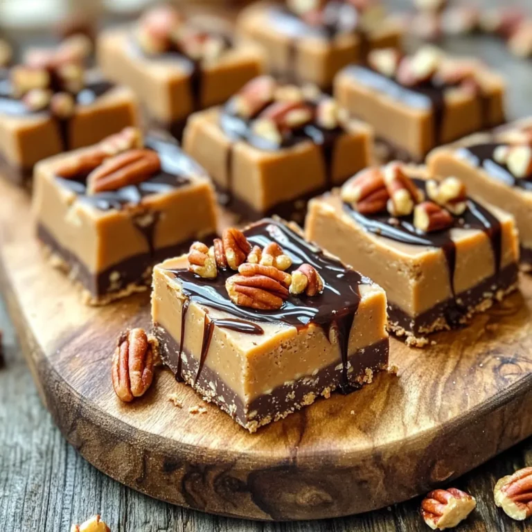 - 1 cup almond flour - 1/2 cup maple syrup - 1/2 cup creamy almond butter - 1/4 cup coconut oil, melted In this recipe, almond flour stands as the base. It gives the bars a nice texture. Maple syrup adds sweetness and a rich flavor. Creamy almond butter keeps everything together while adding a nutty taste. Melted coconut oil helps bind the mixture and adds a hint of tropical flavor. - 1 cup chopped pecans - 1/2 cup dark chocolate chips (dairy-free if needed) - 1 teaspoon vanilla extract - 1/4 teaspoon salt Chopped pecans add crunch and a buttery flavor. Dark chocolate chips offer a sweet, rich topping. Vanilla extract enhances the overall taste. A pinch of salt balances the sweetness, making every bite more flavorful. - Extra chopped pecans - Maple syrup drizzle For a beautiful finish, add more chopped pecans on top. A drizzle of maple syrup not only looks great but also gives extra sweetness. These toppings make the bars appealing and fun to eat. First, I grab a large mixing bowl. I add 1 cup of almond flour, 1/2 cup of maple syrup, and 1/2 cup of creamy almond butter. Next, I pour in 1/4 cup of melted coconut oil, 1 teaspoon of vanilla extract, and 1/4 teaspoon of salt. I mix these ingredients well until a smooth, thick dough forms. This process is fun and simple. Now, it's time to fold in the pecans. I take 1 cup of chopped pecans and gently mix them into the dough. I like to make sure they are evenly spread throughout. This adds a nice crunch and flavor to the bars. To start assembling, I line a square baking dish (8x8 inches) with parchment paper. I let the paper hang over the edges for easy removal later. This step makes it easier to lift out the bars once they're set. Next, I press the mixture firmly into the bottom of the dish. Using a spatula or my hands helps create an even layer. I want to make sure it’s flat and packed tightly. For the chocolate layer, I use a microwave-safe bowl. I add 1/2 cup of dark chocolate chips. I melt the chocolate in 30-second intervals, stirring in between. This method prevents the chocolate from burning. I keep an eye on it until it's smooth. Once melted, I pour the chocolate over the pressed mixture in the baking dish. I spread it evenly with a spatula to coat the top. Lastly, I sprinkle extra chopped pecans over the chocolate. This gives it a nice crunch and looks great too! To get the best texture for your no-bake maple pecan fudge bars, use the right mixing method. Start with room temperature almond butter and melted coconut oil. This helps the mixture blend smoothly. When you combine the almond flour and maple syrup, mix until the dough is thick and creamy. If the dough feels too crumbly, add a bit more syrup or almond butter. For a smooth dough, use a sturdy spatula. Press the ingredients firmly as you mix. This helps them stick together better. Don’t rush the mixing process. Take your time to ensure everything is well combined. You can tweak the sweetness to fit your taste. If you want less sweetness, cut back on the maple syrup. You can also swap it for agave nectar or honey if you prefer. For a sugar-free option, try using monk fruit sweetener or stevia. These will keep the bars tasty without extra sugar. When adjusting sweetness, remember to taste as you go. This way, you can find the perfect balance for your fudge bars. Serving your fudge bars nicely makes them even more appealing. Try placing them on a rustic wooden platter. This adds a nice touch. You can garnish with whole pecans and a drizzle of maple syrup. It looks great and adds flavor. Cut the bars into squares for easier serving. You can also stack them high for a fun look. These small touches make your no-bake maple pecan fudge bars stand out at any gathering. {{image_2}} You can change the taste of your No-Bake Maple Pecan Fudge Bars with spices. Adding a sprinkle of cinnamon or nutmeg gives them a warm flavor. You can also mix in dried fruits like raisins or cranberries for a sweet burst. These add-ins make every bite different and fun. For those with dietary needs, this recipe has options. You can make it vegan by using maple syrup and dairy-free chocolate chips. If you need a nut-free version, swap almond butter with sun butter or a seed butter. This way, everyone can enjoy these tasty bars. Chocolate lovers can play with different types of chocolate chips. You can try milk, semi-sweet, or even dark chocolate. If you want a twist, use white chocolate chips instead. This change adds a sweet creaminess that pairs well with the maple flavor. To keep your no-bake maple pecan fudge bars fresh, store them in the refrigerator. Wrap them tightly in plastic wrap or place them in an airtight container. This helps keep moisture out and flavor in. If you want to save them for longer, consider freezing. Cut the bars into squares and place them in a single layer in a freezer-safe container. You can use parchment paper between layers to prevent sticking. In the fridge, these bars last about one week. Check for signs of spoilage before eating. If you see any mold, or if they smell off, it’s best to toss them. Fresh bars should have a sweet aroma and a firm texture. If your bars become too hard, you can warm them up. Place them on a plate and microwave them for about 10-15 seconds. This makes them soft and melty again. If you want to revive them, try adding a drizzle of maple syrup over the top. This adds extra flavor and moisture back into the bars. Can I use other nut butters? Yes, you can! Feel free to swap almond butter for peanut butter or cashew butter. Each nut butter adds its own flavor and texture. Just make sure the nut butter is creamy for the best results. How do I adjust the recipe for allergies? If you have nut allergies, try sun butter or soy nut butter. You can also use oats instead of almond flour to make it gluten-free. Always check for allergens in your ingredients to stay safe. What desserts pair well with fudge bars? These fudge bars pair great with fresh fruit like strawberries or raspberries. You can also serve them with vanilla ice cream or whipped cream for extra sweetness. They are perfect for any dessert table. How can I make them more kid-friendly? To make these bars more appealing to kids, you can add fun toppings. Consider mini chocolate chips, colorful sprinkles, or even a layer of peanut butter. Let kids help with the mixing for added fun! Caloric content per serving Each serving has about 150 calories. This is a great treat that satisfies your sweet tooth without a lot of guilt. Always check your brands for exact numbers. Health benefits of the ingredients Almond flour is low in carbs and high in protein. Maple syrup adds natural sweetness and has antioxidants. Pecans provide healthy fats and fiber. Together, they make a tasty and nutritious treat. This blog post gave you a detailed guide to make delicious fudge bars. We covered key ingredients like almond flour and maple syrup, along with extra add-ins for flavor. The step-by-step instructions ensure perfect preparation. You learned tips for adjusting sweetness, storing the bars, and creative presentation ideas. Remember, you can customize these bars to fit different diets and tastes. Now, gather your ingredients, get cooking, and enjoy a tasty treat!