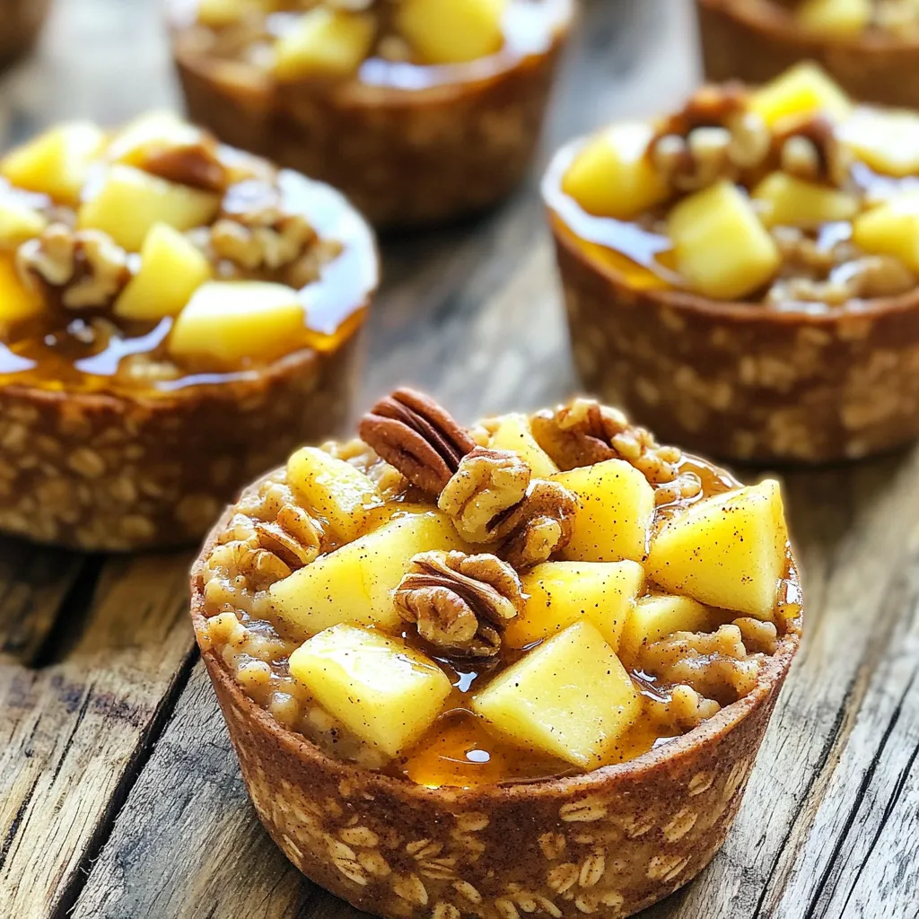 - 2 cups rolled oats - 1 teaspoon baking powder - 1 teaspoon ground cinnamon - 1/2 teaspoon salt - 1 1/2 cups almond milk (or any milk of choice) - 1/4 cup maple syrup (or honey) - 1 teaspoon vanilla extract - 2 medium apples, peeled, cored, and diced - 1/4 cup chopped walnuts (optional) - 1/4 cup raisins (optional) These ingredients make a tasty snack that is also healthy. The rolled oats form the base. They offer fiber and energy. Baking powder helps the cups rise. Ground cinnamon gives a warm flavor. Salt brings out the sweetness of the apples. Almond milk adds creaminess. You can use any milk you like. Maple syrup or honey acts as a natural sweetener. Vanilla extract adds a delightful aroma. The apples provide moisture and a sweet bite. You can add walnuts for crunch or raisins for extra sweetness. - Alternative milk options: You can swap almond milk for coconut, oat, or soy milk. Each type gives a different taste. - Sweetener variations: Instead of maple syrup, try agave nectar or brown sugar. Adjust the amount based on your taste. - Nut and fruit substitutions: If you’re allergic to nuts, skip walnuts. You can add other fruits like bananas or berries instead. - Preheating the oven: Start by setting your oven to 350°F (175°C). This helps the cups bake evenly. - Preparing the muffin tin: Line a muffin tin with paper liners or grease it well. This keeps the cups from sticking. - Combining dry ingredients: In a large bowl, mix together 2 cups of rolled oats, 1 teaspoon of baking powder, 1 teaspoon of ground cinnamon, and 1/2 teaspoon of salt. Stir well to combine everything. - Whisking wet ingredients: In another bowl, whisk together 1 1/2 cups of almond milk, 1/4 cup of maple syrup, and 1 teaspoon of vanilla extract. Make sure it’s mixed well. - Filling and baking instructions: Pour the wet mixture into the dry ingredients. Stir until combined. Fold in 2 diced apples, and add walnuts and raisins if you like. Scoop this mixture into the prepared muffin tin, filling each cup about 3/4 full. Bake for 20-25 minutes. The tops should be golden brown. - Cooling and serving method: Once done, take them out of the oven. Let them cool for a few minutes, then move them to a wire rack. You can serve them warm or store them for a quick snack later. - Ensuring cups don’t stick: Use paper liners or grease your muffin tin well. A light coat of oil works great. This helps the cups come out easily after baking. - Achieving perfect doneness: Bake the oatmeal cups for 20 to 25 minutes. Look for a golden brown top. Insert a toothpick in the center; it should come out clean. This means your cups are done! - Best toppings to add: Try adding a dollop of yogurt on top. A sprinkle of cinnamon or some fresh fruit can also enhance the flavor. Drizzle a bit of maple syrup for extra sweetness. - Pairing ideas for meals: Serve these oatmeal cups with a side of fresh fruit or a smoothie. They make a great breakfast or healthy snack any time of day! - Nutritional advantages of oats: Oats are high in fiber, which helps digestion. They also provide lasting energy, making them perfect for busy days. - Benefits of adding fruits and nuts: Apples add vitamins and natural sweetness. Walnuts offer healthy fats and protein. Together, they make these cups not just tasty but also nutritious! {{image_2}} You can switch up the flavors for fun. Here are two tasty ideas: - Pumpkin spice oatmeal cups: Add 1 cup of canned pumpkin. Mix in 1 teaspoon of pumpkin spice for that warm flavor. This is perfect for fall. - Chocolate chip oatmeal cups: Fold in 1/2 cup of chocolate chips instead of apples. This makes a sweet treat that kids will love. You can easily adapt these cups to fit your diet: - Vegan options: Use plant-based milk and maple syrup. Skip the eggs since this recipe does not need them. - Gluten-free alternatives: Choose gluten-free oats. This way, everyone can enjoy these yummy treats. Make these oatmeal cups match the season: - Using seasonal fruits: In summer, try blueberries or peaches. In winter, use pears or cranberries. Each fruit adds its own unique taste. - Holiday-inspired additions: For Christmas, add some nutmeg or dried cranberries. For Thanksgiving, consider using pecans or chopped pecans. These small changes create a festive vibe. To keep your baked apple cinnamon oatmeal cups fresh, use airtight containers. Glass containers are great, but plastic ones work too. Make sure the cups have cooled before you store them. They will last about five days in the fridge. You can grab one for breakfast or a snack anytime! If you want to save some for later, freezing is a good option. First, let the oatmeal cups cool completely. Then, wrap each cup in plastic wrap or foil. Place them in a freezer-safe bag or container. They can stay frozen for up to three months. When you’re ready to eat, take out a cup and thaw it in the fridge overnight. For reheating, you can use the microwave. Heat for about 30 seconds to 1 minute until warm. You can also heat them in the oven at 350°F (175°C) for about 10 minutes. Enjoy your tasty, healthy snack anytime! Can I make these ahead of time? Yes, you can make these oatmeal cups ahead of time. They store well in the fridge for up to five days. Simply prepare them, bake, and let them cool. Place them in an airtight container. You will have a quick snack ready when you need it. Are these oatmeal cups suitable for kids? Absolutely! Kids love these oatmeal cups. They are healthy and fun to eat. You can even let kids help mix the ingredients. This can make them more excited to enjoy their snacks. What should I do if the cups are too dry? If your oatmeal cups turn out dry, add a splash of milk. You can also serve them with yogurt or a drizzle of maple syrup. This will add moisture and extra flavor. Can I use quick oats instead of rolled oats? Yes, you can use quick oats. However, the texture may change. Quick oats will make the cups softer. If you prefer a chewier texture, stick with rolled oats. How can I adjust the sweetness level? You can adjust the sweetness by changing the amount of maple syrup or honey. Start with less and add more to taste. You can also add mashed bananas or applesauce for natural sweetness. What is the best way to reheat oatmeal cups? To reheat, place the oatmeal cups in the microwave. Heat for about 30 seconds to 1 minute. You can also warm them in the oven at 350°F for about 10 minutes. Enjoy them warm for the best taste! You now know how to make delicious oatmeal cups. We covered ingredients, steps, and tips. You can mix flavors, store well, and even freeze them. These cups are easy to make and healthy. You can customize them to fit your tastes and diets. Enjoy trying different fruits and spices. I hope you feel inspired to bake and share these with others. Making new recipes can be fun and rewarding!