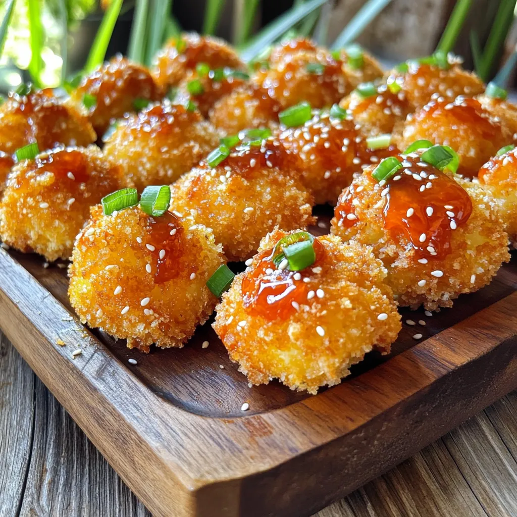 - 1 medium head of cauliflower, cut into bite-sized pieces - 1 cup all-purpose flour - 1 cup buttermilk (or plant-based milk for a vegan version) - 1 teaspoon garlic powder - 1 teaspoon onion powder - 1/2 teaspoon smoked paprika - 1/2 teaspoon salt - 1/4 teaspoon black pepper - 1 cup panko breadcrumbs - 1/2 cup sweet chili sauce - 1 tablespoon sesame oil - 1 tablespoon chopped green onions (for garnish) - Sesame seeds (for garnish) The main star of this dish is cauliflower. It holds flavor well and has a nice crunch. You will also need flour and buttermilk. The flour gives a sturdy base, while buttermilk adds moisture and flavor. For seasonings, I use garlic powder, onion powder, smoked paprika, salt, and black pepper. Garlic and onion offer warmth, while smoked paprika adds depth. Panko breadcrumbs are key for that extra crunch. They create a crispy outside, giving a lovely contrast to the tender cauliflower. Sweet chili sauce and sesame oil bring sweetness and a hint of heat. Don’t forget the green onions and sesame seeds. They add color and freshness! 1. Preheat the air fryer. Start by setting your air fryer to 400°F (200°C). Let it heat for about 5 minutes. This step is key for a nice crunch. 2. Prepare the cauliflower. Take a medium head of cauliflower and cut it into bite-sized pieces. This helps them cook evenly and makes for easy eating. 1. Dipping in buttermilk. In a bowl, pour 1 cup of buttermilk. Dip each cauliflower piece into the buttermilk. Let the extra drip off. This helps the coating stick well. 2. Dredging in flour mixture. In another bowl, mix 1 cup of all-purpose flour, 1 teaspoon of garlic powder, 1 teaspoon of onion powder, 1/2 teaspoon of smoked paprika, 1/2 teaspoon of salt, and 1/4 teaspoon of black pepper. Dredge each cauliflower piece in this mix, covering it fully. 3. Coating with panko breadcrumbs. Now, take the flour-coated cauliflower and roll it in 1 cup of panko breadcrumbs. Press gently so the crumbs stick well. This gives the bites a crispy texture. 1. Arranging in the basket. Place the coated cauliflower bites in a single layer in the air fryer basket. Avoid overcrowding to ensure they cook evenly. 2. Cooking instructions. Air fry the cauliflower bites for 10-12 minutes. Shake the basket halfway through to help them cook uniformly. 3. Optional extra crispiness. If you prefer your bites extra crispy, air fry for an additional 2-3 minutes. This will give you that perfect crunch. Now, you’re ready to toss these bites in sweet chili sauce for a burst of flavor! To get the best crunch, do not overcrowd the air fryer. If you pack the basket too tightly, the hot air cannot circulate well. This leads to soggy bites instead of crispy ones. Aim for a single layer of cauliflower pieces in the basket. - Space the bites apart. - Cook in batches if needed. For maximum crunch, here are some tips: - Use panko breadcrumbs. They create a lighter, crunchier texture. - Spray a light coat of cooking spray on the coated cauliflower before cooking. This helps brown them nicely. Want to boost the flavor? You can add spices like cayenne pepper for heat or even a touch of cumin for warmth. Here are some ideas: - Try adding paprika for a smoky flavor. - Mix in Italian herbs for a different twist. If you want alternatives to sweet chili sauce, consider these options: - Use sriracha for a spicier kick. - Mix honey and soy sauce for a sweet and savory blend. You can easily make this dish vegan. Just replace buttermilk with plant-based milk like almond or oat milk. For a gluten-free version, swap all-purpose flour for: - Almond flour. - Gluten-free flour blends. This way, everyone can enjoy these tasty bites! {{image_2}} You can change the taste of your cauliflower bites easily. To make them spicy, add hot sauce to the sweet chili sauce. This adds heat and flavor. If you want a sweet and tangy taste, mix honey or lime juice with the sweet chili sauce. This combo gives a zesty kick to your bites. Cauliflower is great, but you can use other veggies too. Broccoli makes a tasty substitute. It cooks well and has a nice crunch. Brussels sprouts also work well. Just cut them into bite-sized pieces. You can even mix different veggies for a colorful snack. Pair your cauliflower bites with dips for extra flavor. A creamy ranch or tangy yogurt dip complements them nicely. You can also serve them on a bed of fresh salad for a healthy twist. For a fun presentation, arrange the bites on a platter and sprinkle them with chopped green onions and sesame seeds. This adds color and makes them look fancy. To keep your sweet chili cauliflower bites fresh, place them in an airtight container. This keeps moisture out and helps them stay crunchy. Store the container in the fridge for up to three days. If you want to save them longer, consider freezing. To reheat leftovers, the air fryer is the best choice. Heat it to 350°F (175°C) and cook for 5-7 minutes. This method helps regain that crispy texture. If you do not have an air fryer, you can use an oven. Preheat it to 350°F (175°C) and place the bites on a baking sheet. Bake for 10-12 minutes, flipping halfway through. You can freeze these bites before or after cooking. If freezing raw, coat them but do not cook. Place them on a baking sheet and freeze until firm. Then, transfer them to a freezer bag. They can stay fresh for about three months. To cook from frozen, increase the air frying time by 5-8 minutes. If you freeze cooked bites, let them cool completely first. When ready to eat, thaw in the fridge overnight and reheat as described above. Yes, you can make these bites in the oven. To do this, follow these steps: 1. Preheat the oven to 425°F (220°C). 2. Prepare the cauliflower as you would for the air fryer. Coat the pieces in buttermilk, flour mix, and panko. 3. Place the coated cauliflower on a baking sheet lined with parchment paper. Make sure to space them out. 4. Bake for 20-25 minutes, flipping halfway through. Look for a golden-brown color and a crispy texture. Making sweet chili sauce is simple. Here is a basic recipe: - Ingredients: - 1 cup sugar - 1/2 cup vinegar - 1/2 cup water - 2 tablespoons cornstarch - 2 tablespoons water (for cornstarch) - 1-2 teaspoons red pepper flakes (adjust for heat) - Instructions: 1. In a pot, combine sugar, vinegar, and water. Bring to a boil. 2. Mix cornstarch with 2 tablespoons of water in a small bowl. Add to the pot. 3. Stir until it thickens. Add red pepper flakes for spice. 4. Remove from heat and let it cool. These bites pair well with many dishes. Here are some ideas: - Rice: Serve over jasmine or brown rice for a complete meal. - Salads: Add to a fresh salad for crunch. - Dips: Try with ranch or creamy dressing for added flavor. - Vegetables: Serve alongside steamed broccoli or carrots for a healthy plate. In this post, we covered how to make delicious air fryer sweet chili cauliflower bites. We explored the key ingredients, including cauliflower, buttermilk, and seasonings. I shared step-by-step instructions for coating and cooking, along with tips for crispiness and flavor. You also learned ways to change the recipe with different vegetables or sauces. Remember, these bites are easy to store and reheat. With some practice, you’ll make a tasty snack or meal that everyone enjoys! Enjoy your cooking adventure!