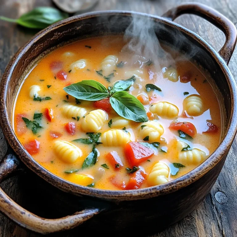 To make this soup, you need a few key ingredients. Here’s what you will need: - 1 tablespoon olive oil - 1 medium onion, chopped - 2 cloves garlic, minced - 1 carrot, diced - 1 red bell pepper, diced - 2 cans (14 oz each) diced tomatoes - 4 cups vegetable broth - 1 teaspoon dried basil - 1 teaspoon dried oregano - 1 cup heavy cream (or coconut cream for a lighter option) - 1 package (16 oz) gnocchi - Salt and pepper to taste - Fresh basil leaves for garnish These ingredients create a rich and creamy base. The tomatoes and broth give the soup its flavor, while the gnocchi adds a comforting touch. You can add a few optional ingredients to make the soup your own: - Grated Parmesan cheese for a cheesy flavor - Spinach for added greens - A pinch of red pepper flakes for heat - Lemon juice for brightness Feel free to mix and match based on what you like. Adding these will enhance the soup's flavor and texture. If you have allergies or dietary needs, consider these substitutions: - Use olive oil or avocado oil instead of butter for a dairy-free option. - Swap heavy cream for coconut cream for a vegan choice. - For gluten-free options, look for gluten-free gnocchi. Always check labels to avoid allergens. These swaps ensure you enjoy this dish safely. First, heat the olive oil in a large pot over medium heat. Add the chopped onion. Sauté it for about 5 minutes. You want the onion to be soft and translucent. Next, add the minced garlic, diced carrot, and diced red bell pepper. Cook these for about 3 to 4 minutes. You will see the veggies start to soften and smell great. Now, stir in the diced tomatoes along with their juices. Pour in the vegetable broth, dried basil, and oregano. Bring it all to a simmer and let it cook for 10 minutes. This builds a rich flavor base for your soup. After the soup has simmered, add the gnocchi to the pot. Cook them according to the package instructions. This usually takes about 2 to 3 minutes. Watch for the gnocchi to float to the top. This means they are done cooking. Stir them gently so they mix well with the soup. Once the gnocchi floats, reduce the heat to low. Now, stir in the heavy cream. You can use coconut cream if you prefer a lighter option. Mix well to blend it into the soup. Let it simmer for an additional 5 minutes. This allows the flavors to meld together. Finally, season your soup with salt and pepper to taste. Adjust it to your liking. Serve your soup hot and garnish with fresh basil leaves for a lovely touch. To boost the taste of your soup, add more herbs. Fresh basil leaves are great for a bright flavor. You can also use a pinch of red pepper flakes for a bit of heat. A splash of balsamic vinegar adds depth. If you like it richer, try adding a bit of Parmesan cheese. Stir it in right before serving for a creamy finish. When cooking gnocchi, use boiling water. Cook them just until they float to the top. This means they are ready. Overcooking can make them mushy. If you want a bit of crispness, sauté the gnocchi in a pan with oil after cooking. This gives them a nice golden crust. Serve the soup in a warm bowl for the best experience. Top with fresh basil leaves for color and aroma. A sprinkle of Parmesan or a drizzle of olive oil adds flair. You can pair it with crusty bread for dipping. Enjoy it with a side salad for a complete meal. {{image_2}} You can easily make this soup vegan. Start by swapping heavy cream for coconut cream. Use vegetable broth instead of chicken broth. Replace gnocchi with a vegan option. You can find many brands that are egg-free. Fresh herbs add great flavor, so keep using them! For a heartier soup, add protein like chicken or sausage. If you choose chicken, use boneless, skinless pieces. Sauté them in olive oil before adding other ingredients. For sausage, slice it up and cook with the onion and garlic. Both options give the soup a delicious boost. Want to pack more nutrition into your soup? Add veggies like spinach, zucchini, or kale. Stir them in during the last few minutes of cooking. You can also toss in some peas or corn for color and sweetness. This makes your soup healthier and even more tasty! To store leftover soup, let it cool first. Pour it into a clean container. Seal the lid tightly. Place it in the fridge. It will stay fresh for up to three days. Always remember to label the container with the date. When reheating, use a pot on low heat. Stir the soup gently to avoid sticking. If it looks thick, add a splash of broth or water. Heat until warm, but do not boil. This keeps the cream smooth and tasty. You can freeze this soup for later. Use freezer-safe bags or containers. Leave some space at the top for expansion. The soup can last for up to three months in the freezer. Thaw it in the fridge overnight before reheating. Yes, you can make this soup ahead of time. Just cook it, cool it, and store it. Keep it in an airtight container in the fridge. It will stay fresh for about three days. When you are ready to eat, reheat the soup on the stove. Add a little water if it gets too thick. If you want a lighter option, use coconut cream. You can also try almond milk or cashew cream. These options keep the soup creamy without heavy calories. Just remember, they may change the flavor a bit, so taste as you go. Gnocchi cooks quickly, usually in about 2-3 minutes. You’ll know they are ready when they float to the top of the soup. This means they are light and fluffy. If they sink, give them a little more time and check. Yes, you can easily make this soup gluten-free. Just use gluten-free gnocchi. Many brands offer this option now. Always check the labels to be sure. The rest of the ingredients are already gluten-free, so you’re all set! This blog covered everything you need for One-Pot Creamy Tomato Gnocchi Soup. We discussed essential and optional ingredients, along with ideas for substitutions. I shared easy steps to make this creamy delight and tips to enhance the flavor. You can also explore fun variations, storage tips, and answers to common questions. Enjoy making this dish your own while saving time and effort. I hope you find joy in every bowl!