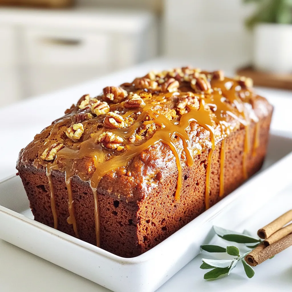 - 1 cup canned pumpkin puree - 1/2 cup unsweetened applesauce - 1/2 cup granulated sugar - 1/2 cup brown sugar, packed - 1/2 cup vegetable oil - 3 large eggs These main ingredients make your bread moist and sweet. The pumpkin adds a rich flavor. Applesauce keeps it soft and tender. The sugars balance the spices while the oil helps it rise. - 2 cups all-purpose flour - 1 teaspoon baking soda - 1 teaspoon baking powder - 1 teaspoon ground cinnamon - 1/2 teaspoon ground nutmeg - 1/4 teaspoon ground cloves - 1/2 teaspoon salt Dry ingredients provide structure. Flour is the base that holds it all together. Baking soda and baking powder are key for rising. The spices add warmth and depth. Salt brings out all the flavors. - 1/2 cup chopped pecans or walnuts - 1 cup caramel sauce Optional ingredients add extra flair. Nuts give a nice crunch. Caramel sauce makes it a true delight. You can drizzle it on top or serve it on the side. 1. First, preheat your oven to 350°F (175°C). 2. Grease a 9x5 inch loaf pan with non-stick spray. You can also use parchment paper for easy removal. 3. In a large mixing bowl, combine the canned pumpkin puree, applesauce, granulated sugar, brown sugar, and vegetable oil. 4. Crack in the three large eggs and whisk until the mixture is smooth. 1. In another bowl, sift together the all-purpose flour, baking soda, baking powder, ground cinnamon, ground nutmeg, ground cloves, and salt. 2. Gradually add this dry mix to the wet ingredients. Stir gently until just combined. 3. It’s okay if you have a few lumps. Avoid overmixing for a light bread. 4. If you like nuts, fold in the chopped pecans or walnuts now. 1. Pour the batter into your prepared loaf pan. Smooth the top with a spatula for even baking. 2. Place the pan in the preheated oven. Bake for 60-70 minutes. 3. Check for doneness by inserting a toothpick into the center. It should come out clean. 4. Once baked, let the bread cool in the pan for 10-15 minutes. 5. After that, transfer it to a wire rack to cool completely. To make great cinnamon pumpkin bread, you need the right consistency. The batter should be thick but pourable. If it’s too dry, add a little more applesauce or oil. If it’s too wet, mix in a bit more flour. Always check before baking. Mixing is key. I mix the wet and dry ingredients in separate bowls first. Then, I add the dry mix to the wet mix slowly. This helps avoid overmixing. A few lumps are fine. Overmixing makes the bread tough, and we want it soft and fluffy. Quality matters when you pick spices and pumpkin. Use real canned pumpkin puree, not pie filling. It gives the best flavor. For spices, fresh ones are always better. Check the dates on your spices. Old spices lose their punch. When drizzling caramel, warm it slightly first. This makes it easier to pour and gives a nice shine. Drizzle it over the bread right after it cools. You can also serve extra sauce for dipping. To serve your bread, slice it on a wooden board. It looks rustic and inviting. Add a sprig of cinnamon for a pop of color. A drizzle of caramel on the side makes it fancy. If you like, sprinkle some chopped nuts on top for extra crunch. For storing leftovers, wrap the bread well in plastic wrap. This keeps it moist. You can refrigerate it, but it’s best at room temperature. Enjoy your delicious treat! {{image_2}} You can swap sweeteners in this recipe. Try using maple syrup or honey for a unique taste. These options add a different flavor profile while keeping it sweet. You might also replace vegetable oil with coconut oil. This change gives a subtle coconut flavor and can make the bread a bit richer. Substituting applesauce is another great option. You can use mashed bananas or even yogurt instead. Both will keep the bread moist while adding their own yummy taste. Want to mix things up? Add chocolate chips or dried fruits like raisins or cranberries. These sweet additions create a fun texture and extra flavor. If you like a bit of spice, try adding a pinch of ginger or cardamom. These spices give a warm twist that pairs well with pumpkin. You can toast slices of this bread for breakfast. It brings out the warm flavors and gives a nice crunch. Serve it with a smear of butter or cream cheese for extra creaminess. Pairing your bread with ice cream or whipped cream is another tasty idea. The warm bread and cold toppings create a delightful contrast. Drizzle extra caramel sauce on top for a sweet finish. Wrap your leftover bread in plastic wrap or foil. This keeps it fresh. Place it in the fridge. It stays good for about five days. If you want to keep it longer, freezing is the best choice. To freeze the bread, let it cool completely first. Slice it into pieces. Wrap each slice in plastic wrap. Then, put them in a freezer bag. This helps keep them fresh. When you want to enjoy a slice, take it out. Let it thaw in the fridge overnight. You can warm it in the oven at 350°F for about 10 minutes. At room temperature, the bread lasts for about three days. Make sure to store it in a cool, dry place. Keeping it in a bread box or a sealed container helps it stay fresh longer. Enjoy your cinnamon pumpkin bread while it’s still soft and tasty! To make this bread gluten-free, you can use gluten-free flour blends. Look for a blend that works well in baking. A mix of almond flour and coconut flour can also work. Here are some options: - Gluten-free all-purpose flour - Almond flour - Coconut flour When using these flours, you may need to add xanthan gum. This helps the bread rise and hold together. Yes, you can use fresh pumpkin. Start by selecting a sugar pumpkin, which is sweeter and smoother. Here are the steps for preparing fresh pumpkin: 1. Cut the pumpkin in half and remove the seeds. 2. Roast the halves cut-side down on a baking sheet at 400°F (200°C) for about 45 minutes. 3. Once cool, scoop out the flesh and blend it until smooth. 4. Measure out 1 cup of the puree for your bread. Using fresh pumpkin adds a lovely taste and texture to the bread. If you want a change from caramel sauce, consider these alternatives: - Maple syrup for a lighter taste - Honey for natural sweetness - Chocolate sauce for a rich flavor You could also try making a simple glaze using powdered sugar and milk. This gives a sweet finish without the caramel. This blog post covered all you need to know about making delicious pumpkin bread. We discussed key ingredients like canned pumpkin puree and spices. I shared step-by-step instructions to help you bake with ease. Tips for perfecting your recipe and fun variations add great flavor. Remember, you can store leftovers and enjoy them later. Whether you're baking for the holidays or just for fun, this recipe is sure to please. Enjoy your baking adventure and taste the cozy flavors of fall!