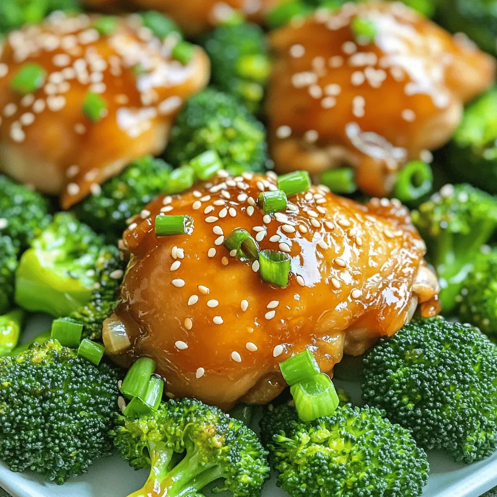 - 4 boneless, skinless chicken thighs - 2 cups broccoli florets - 1/4 cup honey - 1/4 cup soy sauce (low sodium) - 3 cloves garlic, minced - 2 tablespoons olive oil - 1 teaspoon ground ginger - 1/2 teaspoon black pepper - 1/4 teaspoon red pepper flakes (optional) - Sesame seeds for garnish - Chopped green onions for garnish To make this dish, you need fresh chicken thighs and broccoli. Chicken thighs bring a juicy taste. Broccoli adds a nice crunch. Honey gives sweetness, while soy sauce adds salt. Minced garlic boosts flavor with its strong aroma. Olive oil keeps things moist. Ground ginger adds warmth. Black pepper gives a bit of spice. Red pepper flakes can add heat if you like it spicy. For garnishing, sesame seeds add a lovely crunch. Chopped green onions bring freshness and color. These ingredients come together to create a delightful meal. You can serve this dish right from the pan for a fun family dinner. Enjoy the blend of sweet and savory in each bite! 1. First, preheat your oven to 400°F (200°C). This gets it ready for baking. Line your sheet pan with parchment paper. This makes cleanup easy. 2. In a small bowl, whisk together the honey, soy sauce, minced garlic, olive oil, ground ginger, black pepper, and red pepper flakes if you want some heat. This is your honey garlic sauce. 3. Place the chicken thighs in a bowl. Pour half of the honey garlic sauce over them. Make sure each piece is covered. Let it marinate for 15 minutes. This adds flavor while you prep the broccoli. 1. Spread the broccoli florets evenly on your prepared sheet pan. Drizzle some olive oil over them. Season with salt and pepper. Toss to coat. 2. Nestle the marinated chicken thighs among the broccoli. Pour any leftover marinade over the chicken. This helps to keep it juicy. 3. Bake everything in the preheated oven for 20-25 minutes. The chicken should reach an internal temperature of 165°F (75°C). The broccoli will be tender and crispy. 1. When done, take the pan out of the oven. Sprinkle sesame seeds and chopped green onions on top. This adds a nice crunch and fresh taste. 2. For serving, you can plate the chicken and broccoli or serve them straight from the pan for a casual meal. Drizzle some extra honey garlic sauce on the chicken for more flavor. Enjoy! To ensure your chicken cooks well, aim for an internal temperature of 165°F. Use a meat thermometer to check. This step keeps your chicken safe to eat. For broccoli, I like to roast it until it’s tender and slightly crispy. This gives you the best texture. Toss the broccoli in olive oil, salt, and pepper before roasting. This helps it stay bright and flavorful. If you want more taste, add spices like paprika or cumin. You can also try marinating the chicken longer for a stronger flavor. Consider using extra sauces too. A splash of sriracha gives a nice kick. You can also drizzle more honey garlic sauce right before serving for a sweet finish. For this recipe, a few tools make cooking easier. A sheet pan is essential for baking. Use parchment paper for quick cleanup. A mixing bowl works well for your sauce. A whisk helps combine ingredients smoothly. Lastly, a meat thermometer is key for perfect chicken. These tools save you time and make cooking fun. {{image_2}} You can change the recipe to fit your taste. For protein, consider using chicken breast instead of thighs. Chicken breast is leaner and cooks faster. If you want a plant-based option, try tofu. Just press the tofu to remove excess water before marinating. As for vegetables, broccoli is great, but you can mix it up. Bell peppers add color and sweetness. Snap peas bring a nice crunch. Feel free to use any veggies you like. Just make sure they cook well with the chicken. If you need gluten-free options, use tamari instead of soy sauce. It has a similar flavor but is gluten-free. You can also skip the sauce and spice up the chicken with herbs. For low-carb variations, swap out the honey for a low-calorie sweetener. This keeps the dish tasty without the sugar. You can also reduce the amount of honey and add more garlic for flavor. You can grill or slow-cook this dish for a twist. For grilling, marinate the chicken as usual. Preheat your grill and cook the chicken on medium heat for 6-8 minutes on each side. Add the broccoli to the grill for the last few minutes. If you prefer slow cooking, place the marinated chicken and broccoli in a slow cooker. Cook on low for 4-6 hours or high for 2-3 hours. This method makes the chicken super tender and flavorful. To keep your honey garlic chicken and broccoli fresh, follow these steps. First, place leftovers in an airtight container. This helps prevent drying out. Store it in the fridge for up to three days. When you are ready to eat, reheat in the oven or microwave. If using the oven, cover the dish with foil to keep it moist. Heat until warm, about 10-15 minutes. If you want to save your meal for later, freeze it. Let the chicken and broccoli cool completely before freezing. Use a freezer-safe container or bag. Remove as much air as possible to avoid freezer burn. This dish will stay fresh for about three months in the freezer. When you are ready to eat, thaw it in the fridge overnight. Reheat in the oven or microwave until heated through. Enjoy your tasty meal again! What temperature should the chicken be cooked to? The chicken should reach an internal temperature of 165°F (75°C). This ensures it's safe to eat. Use a meat thermometer to check the thickest part of the chicken. Can I make this recipe ahead of time? Yes, you can! Marinate the chicken and store it in the fridge for up to 24 hours. It will soak up the flavors. You can also prep the broccoli ahead. Just keep it in the fridge until you are ready to bake. How can I adjust the spice level? To adjust the spice level, add red pepper flakes to the marinade. You can also skip them if you want it mild. For more heat, try adding a bit of hot sauce to the honey garlic sauce. What to do if the chicken is dry or undercooked? If the chicken is dry, it may have overcooked. Always check the temperature early. If undercooked, return it to the oven for a few more minutes. Check again until it reaches 165°F (75°C). How to prevent broccoli from becoming mushy? To keep broccoli crisp, do not overcook it. Bake it for just 20-25 minutes with the chicken. You can also toss it in olive oil and season it well before baking. Can I use fresh garlic instead of minced? Yes, you can use fresh garlic. Just chop or crush it finely. Fresh garlic adds a nice punch of flavor. Is there a honey alternative for this recipe? If you need a honey substitute, try maple syrup or agave nectar. Both will work well, but they may change the flavor slightly. Use the same amount as honey in the recipe. This blog shows how to make a tasty chicken and broccoli dish. You learned about the main ingredients, step-by-step cooking methods, and helpful tips. I shared ways to tweak this recipe for different needs and tastes. In the end, you have everything needed for a simple, healthy meal. Try out these methods and make this dish your own. Enjoy your cooking journey, and remember to have fun in the kitchen!