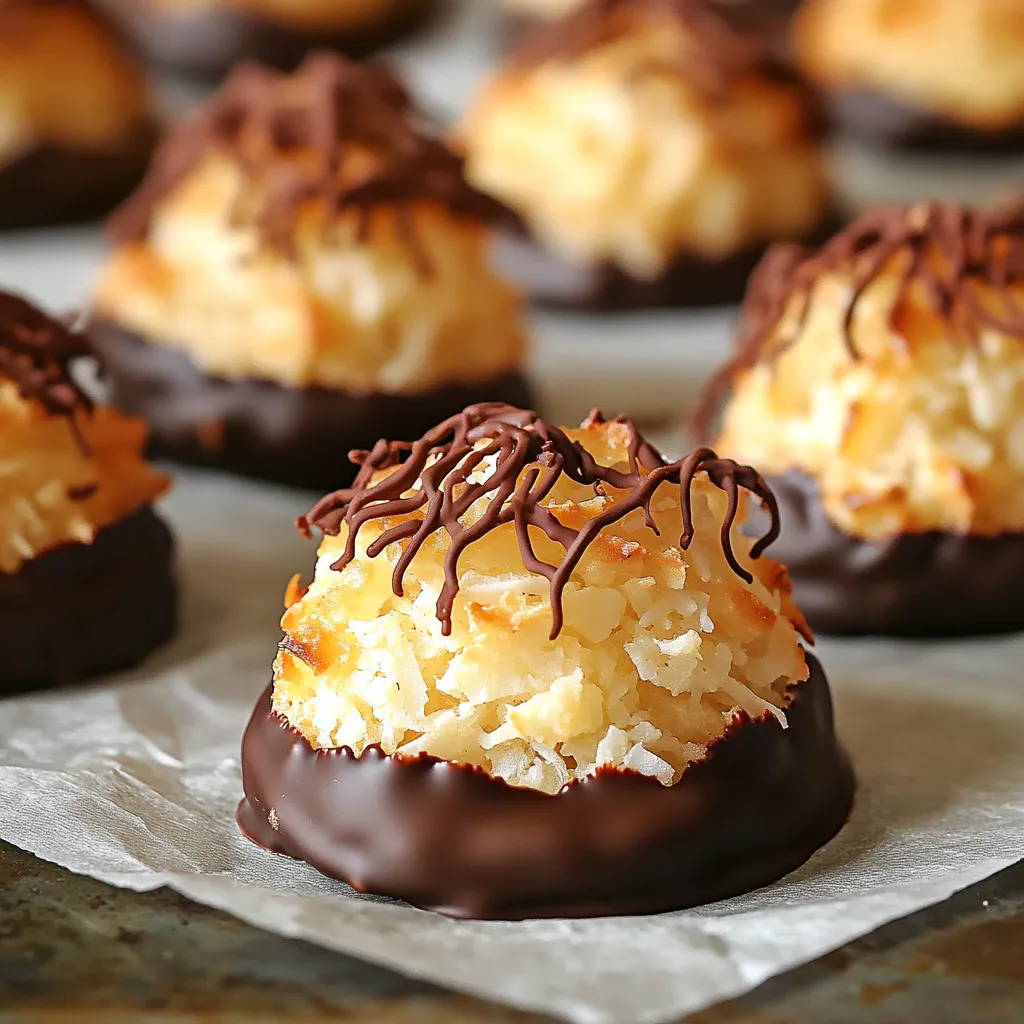 - 2 ½ cups shredded unsweetened coconut - ¾ cup sweetened condensed milk - 1 teaspoon pure vanilla extract - ¼ teaspoon salt - 2 large egg whites - ½ cup semi-sweet chocolate chips - 1 teaspoon coconut oil (for chocolate) You can use sweetened shredded coconut if you like a sweeter taste. For a dairy-free option, try using coconut cream instead of sweetened condensed milk. You can also swap the semi-sweet chocolate chips for dark or milk chocolate chips, depending on your preference. - Baking sheet - Parchment paper - Large mixing bowl - Small mixing bowl - Whisk - Tablespoon or small ice cream scoop - Microwave-safe bowl - Spatula or spoon These ingredients and tools make the process easy and fun. You will create a tasty treat that everyone will love! First, gather your ingredients. You need shredded coconut, sweetened condensed milk, vanilla extract, and salt. In a big bowl, mix the shredded coconut with the sweetened condensed milk. Add in the vanilla extract and salt. Stir well until the coconut gets evenly coated. This mix should feel sticky but not too wet. Next, take two large egg whites and place them in a clean bowl. Whisk them until soft peaks form. This means the egg whites should look fluffy and hold a little shape. Be careful not to overbeat them; we want them light and airy. If they become too stiff, they won’t mix well with the coconut. Now, gently fold the whipped egg whites into the coconut mixture. Use a spatula and be soft; we don’t want to lose the fluffiness. After that, scoop out rounded mounds using a tablespoon or an ice cream scoop. Place them on a baking sheet lined with parchment paper. Leave about one inch between each mound. Bake them in a preheated oven at 325°F (160°C) for about 10 to 12 minutes. They should be lightly golden around the edges. While the macaroons cool, it’s time to melt the chocolate. In a microwave-safe bowl, mix semi-sweet chocolate chips with coconut oil. Heat this mix in the microwave for 20 seconds at a time. Stir between each heating until the chocolate is smooth and melted. This will give your chocolate a nice shine. Once your macaroons are cool, dip the bottom half of each one into the melted chocolate. Let the excess chocolate drip off a little before placing them back on the parchment paper. After dipping, allow the chocolate to set. You can let them sit at room temperature or pop them in the fridge for about 30 minutes. This will help the chocolate harden nicely. To get the perfect texture for your macaroons, use unsweetened shredded coconut. This helps balance the sweetness of the condensed milk. Mix the coconut with the milk and vanilla until it's fully coated. When you whip the egg whites, stop when soft peaks form. This keeps your macaroons light and fluffy. Fold the egg whites gently into the coconut mixture. This step is key for a nice airy texture. One common mistake is overbaking the macaroons. Keep an eye on them as they bake. You want the edges to be golden, but not too dark. Another mistake is not folding in the egg whites carefully. If you mix too hard, you will lose that fluffiness. Lastly, avoid using too much chocolate when dipping. A light dip gives the best flavor without overpowering the coconut. Bake your macaroons for 10 to 12 minutes at 325°F (160°C). Every oven is different, so check them at 10 minutes. If the edges are golden, they are ready. Let them cool completely on the baking sheet. This cooling time helps them firm up before dipping in chocolate. Enjoy the process, and you will end up with tasty treats! {{image_2}} You can easily change the flavor of your macaroons. Add a bit of almond extract for a nutty twist. A pinch of cinnamon adds warmth and spice. For a tropical touch, mix in crushed pineapple or orange zest. These small changes make each batch unique and fun. While semi-sweet chocolate is great, feel free to explore other options. Dark chocolate offers a rich taste that balances the sweetness. Milk chocolate creates a creamier flavor, perfect for kids. White chocolate gives a sweet, buttery touch. You can even mix chocolates for a fun striped effect! Get creative with toppings for your macaroons. Sprinkle shredded coconut on top before the chocolate sets. Chopped nuts or crushed cookies add crunch. Drizzle caramel or melted peanut butter for a sweet finish. You can even dip them in yogurt for a lighter option. Each variation opens up a new taste adventure! Store your chocolate dipped coconut macaroons in an airtight container. This keeps them fresh. Place parchment paper between layers to avoid sticking. These macaroons are best enjoyed within five days. You can freeze these treats for later. Wrap each macaroon in plastic wrap. Then place them in a freezer bag. They can last up to three months in the freezer. To eat, thaw them in the fridge overnight. Serve your macaroons at room temperature for best taste. You can pair them with coffee or tea. For a fun twist, try adding a sprinkle of sea salt on top. This adds a nice contrast to the sweet chocolate. Enjoying them fresh or slightly chilled enhances their flavor. Yes, you can use sweetened coconut. It will add extra sweetness to your macaroons. Just note that you may want to reduce the amount of sweetened condensed milk. This helps balance the flavors and keeps them from being too sweet. Absolutely! Coconut macaroons are naturally gluten-free. The main ingredients are shredded coconut, egg whites, and sweetened condensed milk. None of these contain gluten, making these treats safe for those with gluten sensitivities. To make dairy-free macaroons, use a dairy-free sweetened condensed milk. You can find this in stores or make your own using coconut milk and sugar. This swap will keep the macaroons creamy and delicious without any dairy. These macaroons pair well with many treats. You can serve them with fresh fruit, like strawberries or raspberries. They also go great with a scoop of dairy-free ice cream or a cup of coffee. Try them with a rich chocolate sauce for extra indulgence! You now have all you need to make delicious chocolate-dipped coconut macaroons. We covered the key ingredients, tools, and steps to create these tasty treats. Remember the tips to avoid mistakes and get the best texture. Feel free to explore variations to customize your macaroons. Store them properly for lasting freshness. With these tips, you can serve a delightful dessert everyone will love. Enjoy your baking journey and those sweet, chocolatey bites!