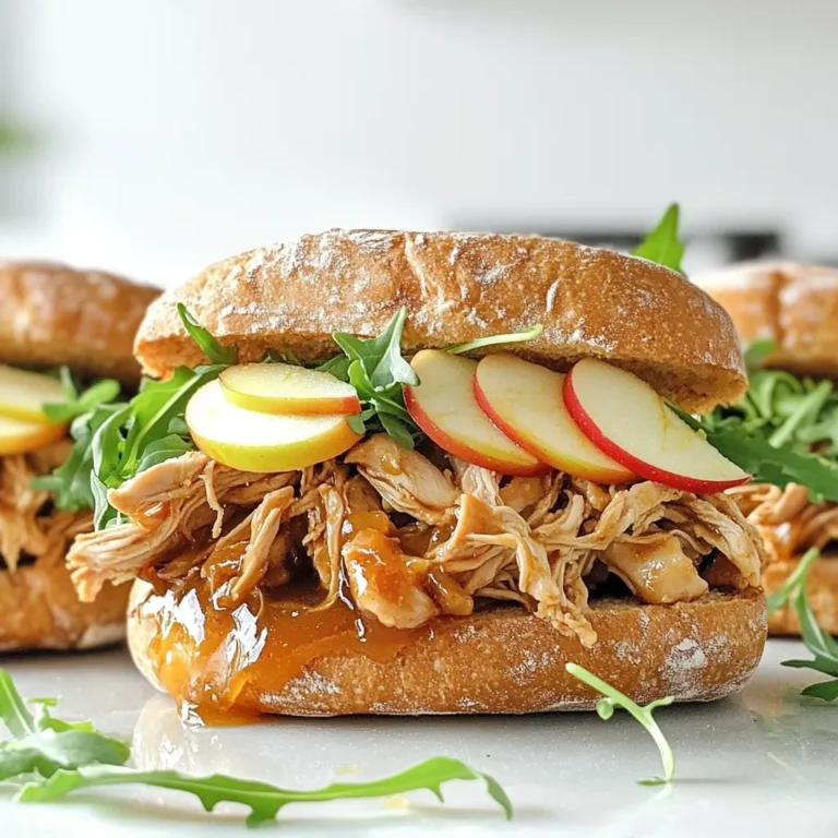 - 2 lbs boneless, skinless chicken breasts - 1 cup unsweetened apple cider - 1/2 cup apple cider vinegar - 1/4 cup brown sugar - 1 tablespoon Dijon mustard - 1 tablespoon soy sauce - 1 teaspoon ground cinnamon - 1 teaspoon garlic powder - 1/2 teaspoon onion powder - Salt and pepper to taste - 4 whole wheat sandwich rolls - Fresh arugula or spinach for topping - Sliced apples for garnish (optional) I love using simple, fresh ingredients to make this dish shine. The chicken is the star, so choose good quality breasts. You want them to be juicy and tender after cooking. Apple cider adds sweetness and depth to the flavor. It works well with both the chicken and the spices. The apple cider vinegar gives a nice tang. It balances the sweetness of the brown sugar. Dijon mustard adds a subtle kick, while soy sauce brings umami. Ground cinnamon and garlic powder tie everything together, making the mix warm and inviting. You can also adjust the seasoning to fit your taste. Adding more cinnamon adds warmth, while extra garlic boosts the flavor. After cooking, the chicken will be so tender. It will shred easily, mixing perfectly with the sauce. This recipe is all about enjoying the flavors and textures together. First, gather your ingredients. In a medium bowl, combine these items: - 1 cup unsweetened apple cider - 1/2 cup apple cider vinegar - 1/4 cup brown sugar - 1 tablespoon Dijon mustard - 1 tablespoon soy sauce - 1 teaspoon ground cinnamon - 1 teaspoon garlic powder - 1/2 teaspoon onion powder - Salt and pepper to taste Whisk these ingredients together until they blend well. This mixture brings sweet and tangy flavors, perfect for the chicken. Next, place the chicken breasts into the slow cooker. Pour the apple cider mixture over the chicken, ensuring it covers every piece. This step ensures the chicken absorbs all the flavor. Cover the slow cooker. Set it to low for 6-7 hours or high for 3-4 hours. The chicken should be tender and easy to shred when done. Once the chicken is cooked, take it out of the slow cooker. Use two forks to shred the chicken into bite-sized pieces. Return the shredded chicken to the slow cooker. Stir it into the sauce, letting it soak for another 10-15 minutes. This step adds extra flavor. While the chicken absorbs the sauce, toast your sandwich rolls until golden brown. To assemble the sandwiches, take a roll and add a generous amount of pulled chicken. Top it with fresh arugula or spinach for a nice crunch. If you like, add sliced apples for extra sweetness. Cover with the top half of the roll and press down lightly. Enjoy your Apple Cider Pulled Chicken Sandwich! - Use fresh ingredients for the best flavor. Freshness makes a big difference. - Consider marinating the chicken overnight for deeper flavor. This step helps your chicken soak up all the tasty spices. - Toast rolls for a crunchy texture. Crispy rolls add a nice bite to each sandwich. - Experiment with different greens for added nutrition. Fresh arugula or spinach can pack a great punch. - Pair with sweet potato fries or coleslaw. Both sides add a fun twist to the meal. - Serve on a rustic board with extra apples for a visually appealing presentation. This makes your meal look delightful and inviting. {{image_2}} You can switch chicken for other meats. Turkey works well and stays moist. Pork also makes a tasty option. For a vegetarian choice, try jackfruit. It shreds nicely and soaks up flavors. If you need gluten-free rolls, you can find many great options. Look for rice or almond flour rolls. They taste good and hold up well. You can also switch up apple types. Granny Smith adds tartness, while Honeycrisp brings sweetness. Each apple gives a unique twist. Want a spicy kick? Add smoked paprika or cayenne pepper. These spices wake up the dish. You can also use herbs like thyme or rosemary. They add a nice depth to the flavor. Just a sprinkle can transform your sandwich. You can store any leftover pulled chicken in an airtight container. Keep it in the fridge for up to 4 days. This way, you can enjoy your delicious sandwiches later without losing flavor. If you want to save some for later, freeze the pulled chicken in a freezer-safe container. It will keep well for up to 3 months. Just make sure to label the container with the date. This makes it easy to track how long it's been stored. When you're ready to eat, reheat your pulled chicken in the microwave or on the stovetop. To keep it juicy, add a splash of apple cider. This tip helps maintain moisture and enhances the apple flavor. Enjoy your meal just like the first time! To adjust the recipe, you can simply change the amount of chicken. If you want to serve more people, use 3 to 4 pounds of chicken. For fewer people, 1 pound works well. Keep the other ingredients in proportion. For instance, if you double the chicken, double the apple cider and the spices too. This way, the flavor stays balanced. Yes, you can make this dish ahead of time. You can cook the pulled chicken and store it in the fridge for up to 4 days. Just heat it before serving. If you want to meal prep, cook it on the weekend. Pack the chicken in containers with rolls on the side. You can also freeze the pulled chicken. It keeps well for about 3 months. Just thaw it in the fridge overnight before reheating. Pulled chicken sandwiches pair well with many sides. Here are a few ideas: - Sweet potato fries - Coleslaw - Baked beans - A fresh green salad - Roasted vegetables These sides add flavor and texture. You can also serve extra apple slices for crunch. Enjoy your meal! This recipe gives you a tasty way to enjoy pulled chicken. You mix simple ingredients like apple cider and spices, then cook the chicken to make it tender. Feel free to customize by swapping in different meats or adding your favorite toppings. Remember, fresh ingredients make a big difference! Store any leftovers in the fridge or freezer for later. Try pairing these sandwiches with sweet potato fries or coleslaw for a complete meal. Enjoy the flavors and make it your own!