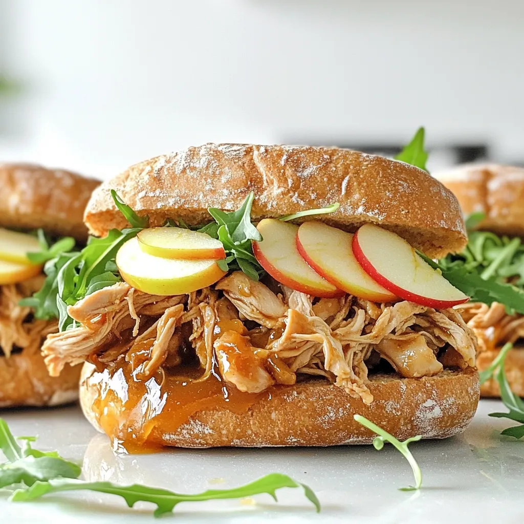 - 2 lbs boneless, skinless chicken breasts - 1 cup unsweetened apple cider - 1/2 cup apple cider vinegar - 1/4 cup brown sugar - 1 tablespoon Dijon mustard - 1 tablespoon soy sauce - 1 teaspoon ground cinnamon - 1 teaspoon garlic powder - 1/2 teaspoon onion powder - Salt and pepper to taste - 4 whole wheat sandwich rolls - Fresh arugula or spinach for topping - Sliced apples for garnish (optional) I love using simple, fresh ingredients to make this dish shine. The chicken is the star, so choose good quality breasts. You want them to be juicy and tender after cooking. Apple cider adds sweetness and depth to the flavor. It works well with both the chicken and the spices. The apple cider vinegar gives a nice tang. It balances the sweetness of the brown sugar. Dijon mustard adds a subtle kick, while soy sauce brings umami. Ground cinnamon and garlic powder tie everything together, making the mix warm and inviting. You can also adjust the seasoning to fit your taste. Adding more cinnamon adds warmth, while extra garlic boosts the flavor. After cooking, the chicken will be so tender. It will shred easily, mixing perfectly with the sauce. This recipe is all about enjoying the flavors and textures together. First, gather your ingredients. In a medium bowl, combine these items: - 1 cup unsweetened apple cider - 1/2 cup apple cider vinegar - 1/4 cup brown sugar - 1 tablespoon Dijon mustard - 1 tablespoon soy sauce - 1 teaspoon ground cinnamon - 1 teaspoon garlic powder - 1/2 teaspoon onion powder - Salt and pepper to taste Whisk these ingredients together until they blend well. This mixture brings sweet and tangy flavors, perfect for the chicken. Next, place the chicken breasts into the slow cooker. Pour the apple cider mixture over the chicken, ensuring it covers every piece. This step ensures the chicken absorbs all the flavor. Cover the slow cooker. Set it to low for 6-7 hours or high for 3-4 hours. The chicken should be tender and easy to shred when done. Once the chicken is cooked, take it out of the slow cooker. Use two forks to shred the chicken into bite-sized pieces. Return the shredded chicken to the slow cooker. Stir it into the sauce, letting it soak for another 10-15 minutes. This step adds extra flavor. While the chicken absorbs the sauce, toast your sandwich rolls until golden brown. To assemble the sandwiches, take a roll and add a generous amount of pulled chicken. Top it with fresh arugula or spinach for a nice crunch. If you like, add sliced apples for extra sweetness. Cover with the top half of the roll and press down lightly. Enjoy your Apple Cider Pulled Chicken Sandwich! - Use fresh ingredients for the best flavor. Freshness makes a big difference. - Consider marinating the chicken overnight for deeper flavor. This step helps your chicken soak up all the tasty spices. - Toast rolls for a crunchy texture. Crispy rolls add a nice bite to each sandwich. - Experiment with different greens for added nutrition. Fresh arugula or spinach can pack a great punch. - Pair with sweet potato fries or coleslaw. Both sides add a fun twist to the meal. - Serve on a rustic board with extra apples for a visually appealing presentation. This makes your meal look delightful and inviting. {{image_2}} You can switch chicken for other meats. Turkey works well and stays moist. Pork also makes a tasty option. For a vegetarian choice, try jackfruit. It shreds nicely and soaks up flavors. If you need gluten-free rolls, you can find many great options. Look for rice or almond flour rolls. They taste good and hold up well. You can also switch up apple types. Granny Smith adds tartness, while Honeycrisp brings sweetness. Each apple gives a unique twist. Want a spicy kick? Add smoked paprika or cayenne pepper. These spices wake up the dish. You can also use herbs like thyme or rosemary. They add a nice depth to the flavor. Just a sprinkle can transform your sandwich. You can store any leftover pulled chicken in an airtight container. Keep it in the fridge for up to 4 days. This way, you can enjoy your delicious sandwiches later without losing flavor. If you want to save some for later, freeze the pulled chicken in a freezer-safe container. It will keep well for up to 3 months. Just make sure to label the container with the date. This makes it easy to track how long it's been stored. When you're ready to eat, reheat your pulled chicken in the microwave or on the stovetop. To keep it juicy, add a splash of apple cider. This tip helps maintain moisture and enhances the apple flavor. Enjoy your meal just like the first time! To adjust the recipe, you can simply change the amount of chicken. If you want to serve more people, use 3 to 4 pounds of chicken. For fewer people, 1 pound works well. Keep the other ingredients in proportion. For instance, if you double the chicken, double the apple cider and the spices too. This way, the flavor stays balanced. Yes, you can make this dish ahead of time. You can cook the pulled chicken and store it in the fridge for up to 4 days. Just heat it before serving. If you want to meal prep, cook it on the weekend. Pack the chicken in containers with rolls on the side. You can also freeze the pulled chicken. It keeps well for about 3 months. Just thaw it in the fridge overnight before reheating. Pulled chicken sandwiches pair well with many sides. Here are a few ideas: - Sweet potato fries - Coleslaw - Baked beans - A fresh green salad - Roasted vegetables These sides add flavor and texture. You can also serve extra apple slices for crunch. Enjoy your meal! This recipe gives you a tasty way to enjoy pulled chicken. You mix simple ingredients like apple cider and spices, then cook the chicken to make it tender. Feel free to customize by swapping in different meats or adding your favorite toppings. Remember, fresh ingredients make a big difference! Store any leftovers in the fridge or freezer for later. Try pairing these sandwiches with sweet potato fries or coleslaw for a complete meal. Enjoy the flavors and make it your own!