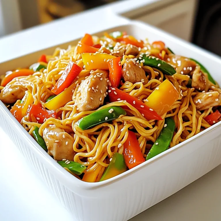 - 8 oz lo mein noodles - 1 pound boneless, skinless chicken breast, sliced thin - 1 cup mixed bell peppers, julienned - 1 cup julienned carrots - 1 cup sugar snap peas - 3 cloves garlic, minced - 1-inch piece of ginger, grated - 1/4 cup soy sauce - 2 tablespoons oyster sauce - 1 tablespoon sesame oil - 1 teaspoon ground black pepper - Sesame seeds - Extra green onions Gathering the right ingredients is key to making Chicken Lo Mein better than takeout. Start with fresh lo mein noodles. They give the dish a nice texture. Choose a pound of chicken breast, as it cooks quickly and stays juicy. Next, pick colorful bell peppers. They add a pop of color and flavor. Don’t forget about carrots and sugar snap peas; these add crunch and sweetness. Use fresh garlic and ginger to build a strong base for your sauce. For the sauces, soy sauce and oyster sauce give depth. Sesame oil adds a lovely nuttiness. Black pepper adds just the right kick. If you want to make your dish look great, sprinkle some sesame seeds and sliced green onions on top. These garnishes not only look nice but also add flavor. Using fresh, quality ingredients will elevate your Chicken Lo Mein from ordinary to extraordinary. First, bring a large pot of salted water to a boil. Add 8 ounces of lo mein noodles. Cook them according to the package instructions. This usually takes about 4 to 6 minutes. You want the noodles to be al dente, which means they should still have a bit of bite. Once cooked, drain the noodles and rinse them under cold water. This stops the cooking process and keeps them from getting sticky. Set them aside for later. Next, heat 1 tablespoon of vegetable oil in a large skillet or wok over medium-high heat. Add 1 pound of sliced chicken breast. Stir-fry it for about 4 to 5 minutes. You want the chicken to be fully cooked and no longer pink. This quick cooking gives the chicken a nice texture. Once done, remove the chicken from the pan and set it aside. In the same skillet, add another tablespoon of vegetable oil. Throw in 3 cloves of minced garlic and 1-inch grated ginger. Stir them for about 30 seconds to release their aroma. Then add 1 cup of julienned bell peppers, 1 cup of julienned carrots, and 1 cup of sugar snap peas. Stir-fry these veggies for about 3 to 4 minutes. You want them tender but still crisp. This keeps the colors bright and the flavors fresh. Now it’s time to mix everything together. Return the cooked chicken to the skillet with the vegetables. Add the drained lo mein noodles. Toss everything together so the noodles, chicken, and veggies blend well. Make sure the noodles get evenly distributed throughout. This helps every bite be flavorful. Pour in 1/4 cup of soy sauce, 2 tablespoons of oyster sauce, and 1 tablespoon of sesame oil. Sprinkle in 1 teaspoon of ground black pepper. Toss everything thoroughly for about 2 to 3 minutes. This ensures the noodles are well-coated with the sauce and heated through. Finally, stir in 3 sliced green onions just before serving. This adds a fresh crunch. Serve the Chicken Lo Mein hot. You can garnish it with sesame seeds for a nice touch. Place it in a bowl or on a plate, and enjoy your homemade dish that tastes even better than takeout! To make your Chicken Lo Mein truly shine, focus on key ingredients. Use fresh, high-quality vegetables. Crisp bell peppers and sweet snap peas bring color and flavor. Fresh garlic and ginger enhance the dish. They add a warm, spicy note that transforms the meal. Freshness matters. Use vegetables that are bright and firm. They should not be wilting or brown. Fresh vegetables will keep their crunch and taste vibrant. This simple step boosts your dish beyond any takeout. Many people overcook their noodles. This leads to mushy lo mein that lacks the perfect bite. Cook your lo mein noodles just until al dente. This keeps them firm and helps them hold the sauce. Another big mistake is not heating sauces properly. If your sauces aren't warm, they won't coat the noodles well. Heat them before adding to the pan. This ensures every bite is full of flavor. Using the right tools can make a big difference. A large skillet or wok is best for stir-frying. These tools allow for even cooking and help avoid steaming. You will also need a good stirring tool. A wooden spoon or spatula works well. This will help you toss the ingredients without breaking them. Having these tools ready will make your cooking smooth and fun. {{image_2}} You can easily swap chicken for tofu in this dish. Tofu takes on flavors well. Use firm tofu for the best texture. Press it to remove excess water and cut it into cubes. Cook it until golden brown for a nice crunch. Adjust the sauces for flavor. Use hoisin sauce instead of oyster sauce. This change keeps the dish vegetarian while adding a sweet and savory note. If you prefer shrimp or beef, they work great too. Shrimp cooks quickly, so add it last. Cook shrimp for about 3-4 minutes until pink. If using beef, slice it thinly for quick cooking. Stir-fry beef for about 4-5 minutes until browned. Adjust cooking times to ensure all proteins are cooked through. Spice things up by adding chili flakes or sriracha. This adds heat and depth to your dish. You can also mix in different vegetables. Try broccoli, bok choy, or mushrooms for added texture and flavor. These simple changes make your Chicken Lo Mein a fun and tasty meal. Enjoy experimenting with flavors! To keep your Chicken Lo Mein fresh, store it in the fridge. Use an airtight container. This method keeps flavors locked in. Your dish stays tasty for about 3 to 4 days. If you want to keep it longer, freeze it. In the freezer, it lasts up to 2 months. Just remember, freezing may change the texture of your noodles. When it's time to enjoy your leftovers, you have two great options: microwave or stovetop. - Microwave: Place your Chicken Lo Mein in a microwave-safe bowl. Cover it loosely to avoid splatter. Heat it in 30-second bursts. Stir between each burst. This keeps it evenly heated. - Stovetop: The stovetop is my favorite! Heat a little oil in a pan over medium heat. Add your lo mein and stir gently. This helps keep the noodles from getting mushy. Tips for avoiding mushy noodles: Always add a splash of water or broth when reheating. This steam helps rehydrate the noodles without making them soggy. Enjoy your meal just like it was freshly made! Yes, you can use other noodles. Some good options are: - Spaghetti: Easy to find and cook. - Rice noodles: Great for a gluten-free meal. - Egg noodles: Adds a nice texture. These alternatives may change the taste slightly. But they still yield a tasty dish. If you need a substitute for oyster sauce, try these: - Hoisin sauce: It has a sweet and savory profile. - Soy sauce with sugar: Mix one tablespoon of soy sauce with a teaspoon of sugar. - Vegetarian stir-fry sauce: Use any sauce that gives umami flavor. These options still provide depth to your Chicken Lo Mein. Making Chicken Lo Mein is quick! Here’s a simple time breakdown: - Prep time: 15 minutes to gather and chop ingredients. - Cook time: 15 minutes to stir-fry and combine everything. - Total time: 30 minutes from start to finish. This means you can enjoy a fresh meal in no time! Yes, you can prepare Chicken Lo Mein ahead of time. Here’s how: - Cook the noodles: You can cook them and store them in the fridge. - Prep the chicken and veggies: Cut them and keep them in separate containers. - Reheat: When ready to eat, stir-fry everything and add sauces. This way, you have a quick meal ready whenever you want! You learned how to make Chicken Lo Mein with simple steps. We covered key ingredients, cooking techniques, and useful tips to enhance your dish. Avoid common mistakes to ensure perfect texture and flavor. Remember, fresh veggies make a big difference. Experiment with variations like tofu or shrimp to suit your taste. Store leftovers properly and reheating them wisely keeps them tasty. Enjoy your meal, and share your delicious results!