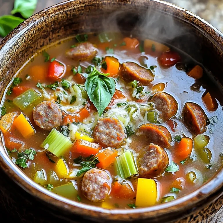 To make the Slow Cooker Italian Sausage Soup, gather these ingredients: - 1 lb Italian sausage (mild or spicy, casings removed) - 1 medium onion, chopped - 3 cloves garlic, minced - 1 bell pepper, diced - 2 carrots, sliced - 2 celery stalks, chopped - 1 can (14.5 oz) diced tomatoes - 4 cups low-sodium chicken broth - 1 cup uncooked small pasta (like ditalini or shells) - 1 can (15 oz) cannellini beans, drained and rinsed - 1 teaspoon Italian seasoning - Salt and pepper to taste - Fresh basil leaves, for garnish - Grated Parmesan cheese, for serving Each ingredient plays a key role in the flavor and texture of the soup. The Italian sausage infuses warmth and depth. The mix of fresh vegetables adds color and crunch, while the pasta brings heartiness. Diced tomatoes and chicken broth create a rich base. Cannellini beans provide creaminess and protein. Italian seasoning binds the flavors together. Remember to adjust salt and pepper to suit your taste. I love garnishing my soup with fresh basil and a sprinkle of Parmesan. It makes each bowl feel special. First, I brown the Italian sausage in a large skillet. I use medium heat to get a nice color. I break it up with a spoon as it cooks. This takes about 5 to 7 minutes. Once browned, I drain the excess fat. This keeps the soup light and tasty. Next, I transfer the browned sausage to my slow cooker. I add the chopped onion, minced garlic, diced bell pepper, sliced carrots, and chopped celery. Each of these veggies adds flavor and texture to the soup. I love the colors they bring to the dish. Now, I pour in the diced tomatoes along with their juices and the chicken broth. I stir everything to mix well. Then, I add the uncooked small pasta and cannellini beans. I also sprinkle in the Italian seasoning, salt, and pepper. It smells amazing already! I set the slow cooker to low heat. I let it cook for 6 to 8 hours, or on high heat for 3 to 4 hours. I check the pasta for doneness about 30 minutes before serving. If it needs more time, I keep it cooking. Once everything is tender and the flavors meld, I taste the soup and adjust the seasoning if needed. To boost the flavor, you can add more Italian seasoning. If you like heat, sprinkle in some red pepper flakes. Fresh herbs make a big difference. I love using basil and oregano. They add a fresh taste that elevates your soup. Check the pasta about 30 minutes before serving. It should be tender but not mushy. If it needs more time, keep it cooking. I recommend adding the pasta later in the cooking time. This keeps it from getting too soft. This soup pairs well with crusty bread. A nice salad on the side can balance the meal. For garnishing, sprinkle fresh basil on top. A little grated Parmesan cheese adds creaminess and flavor. Enjoy your warm bowl of soup with loved ones! {{image_2}} You can swap the Italian sausage for turkey or chicken sausage. These choices keep the taste but reduce fat. If you want a lighter option, try using plant-based sausage. For vegetables, zucchini or spinach can replace the bell pepper or carrots. They add great flavor and color. If you need gluten-free pasta, use rice or quinoa. Both options work well and keep the soup hearty. Want to bring some heat? Add red pepper flakes or a dash of cayenne. This adds a nice kick to your soup. You can also mix in different beans or legumes. Black beans or pinto beans are tasty options that add texture and protein. They make the soup even more filling and nutritious. To make a meatless Italian sausage soup, use lentils or mushrooms. Both will give you a meaty feel without the sausage. Add colorful veggies like bell peppers, squash, and kale. These will make your soup vibrant and healthy. You can still use the same spices and herbs. This way, you keep the Italian flavor alive in a vegetarian way. Store any leftover soup in an airtight container. Make sure it cools to room temperature first. Keep it in the fridge for up to three days. When reheating, pour it into a pot. Heat on medium until hot. Stir occasionally to prevent sticking. You can also use the microwave. Use a microwave-safe bowl and heat for 2-3 minutes, stirring halfway. To freeze the soup, let it cool completely. Use freezer-safe containers or bags. Leave some space for expansion. The soup can last up to three months in the freezer. When ready to enjoy, take it out and thaw in the fridge overnight. For quick thawing, place the bag in cold water. Reheat in a pot on low heat, stirring often, or microwave it. Enjoy the comfort of this soup even after months! You can store this soup in the fridge for up to three days. Just make sure to keep it in an airtight container. This helps keep the soup fresh. When you reheat it, stir well to blend the flavors again. Yes, you can make this soup ahead of time. It tastes even better the next day! Just let it cool before you store it in the fridge. This way, the flavors have more time to mix and develop. You can serve this soup with crusty bread or a fresh salad. Garlic bread is also a great choice. A sprinkle of grated Parmesan cheese on top adds a nice touch. Pairing it with a light wine can enhance the meal too. Absolutely! If you want to kick up the heat, use spicy Italian sausage. You can also add red pepper flakes or chopped jalapeños. Adjust the spice level to fit your taste. Yes, you can use different beans if you like. Kidney beans or black beans work well too. Just make sure to drain and rinse them before adding. This keeps the soup tasty and healthy. This blog post covered a delicious slow cooker Italian sausage soup. We discussed the key ingredients, step-by-step cooking instructions, and various tips to enhance your dish. I also shared storage info and answers to common questions. With these details, you can easily prepare this hearty soup. Experiment with different flavors or ingredients to make it your own. Enjoy the warmth and comfort this meal brings to your table. Happy cooking!