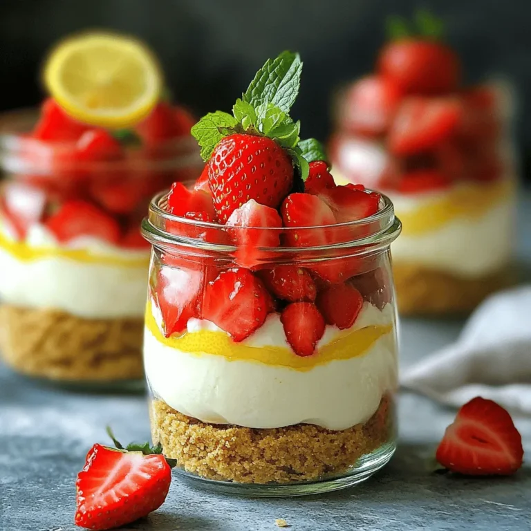 - 2 cups fresh strawberries, hulled and diced - 1 tablespoon sugar - 1 cup heavy cream - 8 oz cream cheese, softened - 1/2 cup powdered sugar - 1 teaspoon vanilla extract - 2 tablespoons fresh lemon juice - Zest of 1 lemon - 1 cup graham cracker crumbs - 4 tablespoons melted butter - Mint leaves for garnish (optional) If you want to swap ingredients, here are some ideas: - Instead of fresh strawberries, use blueberries or raspberries. - You can use Greek yogurt instead of cream cheese for a lighter option. - Coconut cream works well in place of heavy cream for a dairy-free choice. - For a gluten-free crust, use gluten-free graham crackers. Gather these tools before you start: - Mixing bowls for combining ingredients - Electric mixer or whisk for beating cream cheese and whipping cream - Measuring cups and spoons for accuracy - Serving glasses or jars for layering the parfaits - Plastic wrap for chilling the parfaits in the fridge Getting these ingredients and tools ready will make your cooking smoother. Enjoy the fun of creating your strawberry lemon cheesecake parfaits! First, take your fresh strawberries. Cut off the green tops and dice them into small pieces. Place the diced strawberries in a bowl. Add one tablespoon of sugar. Stir gently to mix. Let the strawberries sit for about 10 to 15 minutes. This helps them release their sweet juices. You’ll love the flavor they develop! Now, grab a mixing bowl. Add the softened cream cheese to it. Beat the cream cheese with a mixer until it is smooth. This step is key for a creamy cheesecake layer. Next, add the powdered sugar, one teaspoon of vanilla extract, fresh lemon juice, and lemon zest. Mix everything until well combined. The lemon gives a nice zing to the cheesecake! In a separate bowl, pour in one cup of heavy cream. Use a mixer to whip the cream until stiff peaks form. This means the cream holds its shape. Now, gently fold the whipped cream into the cream cheese mix. Be careful not to deflate the whipped cream. This keeps your layer light and fluffy. For the crust, take another bowl. Combine one cup of graham cracker crumbs with four tablespoons of melted butter. Mix well until the crumbs look moist. This will be your tasty crust for the parfaits. It adds a nice crunch! Now, it's time to layer. Grab your serving glasses or jars. Start with a spoonful of the graham cracker mixture at the bottom. Next, add a layer of the cheesecake mix. Then, add a layer of the macerated strawberries. Repeat these layers until the glasses are full. Make sure to end with the cheesecake layer on top. Looks good, right? Cover the parfaits with plastic wrap. Place them in the fridge for at least 2 hours. This chilling time helps the flavors blend well. Just before serving, garnish each parfait with a fresh strawberry and a sprig of mint if you like. Now, you have a beautiful dessert ready to impress everyone! - Use fresh strawberries for the best flavor. They add a sweet and juicy touch. - Let the strawberries sit with sugar. This step helps them release their sweet juices. - Whip the cream until stiff peaks form. This gives your parfaits a light and airy texture. - Fold the whipped cream gently into the cream cheese mix. This keeps the mixture fluffy and smooth. - Chill the parfaits for at least two hours. This helps the flavors blend nicely. - Don't skip the sugar with the strawberries. Skipping this can lead to bland fruit. - Avoid over-mixing the whipped cream. This can make it grainy and lose its fluffiness. - Ensure the cream cheese is softened. Cold cream cheese will not mix well and can cause lumps. - Don't rush the chilling process. Serving too soon can affect the texture and taste. - Serve in clear glasses for a pretty view of the layers. It makes your dessert look inviting. - Garnish with a mint leaf and a fresh strawberry. This adds color and a touch of elegance. - Pair with a light dessert wine for an adult twist. It makes for a fun dessert experience. - Enjoy with friends or family for a special treat. Sharing makes it even more delightful! {{image_2}} You can change the fruit in these parfaits for a new taste. Try blueberries or raspberries. They work well with lemon. You can also mix fruits for fun layers. Just make sure the fruits are fresh and ripe. This will keep the flavors bright and tasty. If you want to cut sugar, there are many options. Use honey or maple syrup instead of sugar. You can also try agave nectar for a different sweetness. If you need a low-calorie choice, use stevia or monk fruit sweetener. Adjust the amount to your taste. Each sweetener brings its own flavor, so choose one you like. You can make this dessert fit your diet. For gluten-free, use gluten-free graham crackers or crushed nuts for the crust. If you want a vegan version, replace cream cheese with a cashew cream or tofu blend. Use coconut cream instead of heavy cream and maple syrup as a sweetener. These changes keep the dessert tasty and fun for everyone. To store leftovers, place the parfaits in an airtight container. Cover them with a lid or plastic wrap. This keeps them fresh and prevents any odors from getting in. You can keep your parfaits in the fridge for up to three days. If you add fresh strawberries or mint, do this right before serving. You can freeze the parfaits, but it may affect the texture. To freeze, place each parfait in a freezer-safe container. Seal it well to avoid freezer burn. They can last in the freezer for up to two months. When you are ready to eat them, thaw them in the fridge overnight. Enjoy them cold for a refreshing treat. The shelf life of these parfaits varies. If stored in the fridge, they stay good for three days. If you freeze them, they can last up to two months. After thawing, enjoy them within two days for the best taste. Always check for any changes in color or smell before eating. Keeping an eye on freshness helps you enjoy your parfaits at their best! Yes, you can make these parfaits a day in advance. They taste even better after sitting in the fridge. Just layer and chill them in your serving glasses. This makes your prep easy for parties or gatherings. Just remember to cover them well with plastic wrap. If you want a cream cheese substitute, try Greek yogurt. It gives a tangy taste and creamy texture. You could also use mascarpone cheese for a richer flavor. For dairy-free options, cashew cream works well too. Just blend soaked cashews until smooth and creamy. No-bake desserts like these parfaits last about three days in the fridge. Store them in airtight containers to keep them fresh. The strawberries may soften over time, but the flavor will stay great. Enjoy them within a few days for the best taste! This blog post covered how to make delicious strawberry parfaits. We explored key ingredients, needed tools, and easy step-by-step instructions. I shared tips to ensure your parfaits turn out perfectly and discussed ways to adapt the recipe for different diets. Remember to store leftovers properly for the best taste. These parfaits are fun and simple. With the right techniques, you can impress anyone. Enjoy making your own tasty treats!