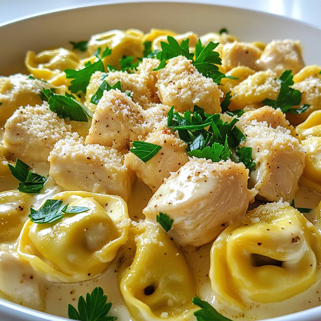 To create this creamy chicken Alfredo tortellini, gather the following ingredients: - 2 tablespoons olive oil - 2 boneless, skinless chicken breasts, diced - 3 cloves garlic, minced - 1 cup heavy cream - 1 cup chicken broth - 12 oz cheese tortellini (fresh or frozen) - 1 cup grated Parmesan cheese - 1 teaspoon Italian seasoning - Salt and pepper to taste - Fresh parsley, chopped (for garnish) These ingredients work together to make a rich, flavorful dish. The olive oil helps cook the chicken, giving it a nice sear. Chicken breasts add protein and heartiness. Garlic brings depth and aroma to the meal. Heavy cream and chicken broth create a smooth sauce. Tortellini adds a fun twist, and Parmesan cheese gives it that classic Alfredo flavor. The Italian seasoning ties everything together, while salt and pepper enhance the taste. Finally, fresh parsley adds a touch of color and freshness. Enjoy the process as you gather these items! - First, heat 2 tablespoons of olive oil in a large pot over medium heat. - Next, add 2 diced chicken breasts. Season them with salt and pepper. - Cook the chicken for 5 to 7 minutes. Stir it often until it is no longer pink. - After the chicken is done, stir in 3 minced garlic cloves. - Cook the garlic for 1 minute until it smells great. - Combine 1 cup of heavy cream and 1 cup of chicken broth in the pot. - Stir well and bring the mix to a gentle simmer before adding tortellini. - Add 12 ounces of cheese tortellini and 1 teaspoon of Italian seasoning. - Cook for 5 to 7 minutes, or follow the package for frozen tortellini, until it's tender. - Gradually stir in 1 cup of grated Parmesan cheese until it melts. - Taste and adjust the seasoning with salt and pepper as needed. - Let the dish sit for a few minutes to thicken before serving. - For juicy chicken, use medium heat. This helps cook the chicken evenly. - Dice your chicken into small pieces. This ensures it cooks fast and stays tender. - Avoid cooking tortellini too long. Check for doneness at the package time. Fresh tortellini cooks quickly, usually in about 5-7 minutes. - Garnish your dish with fresh parsley. It adds color and a hint of flavor. - Sprinkle extra Parmesan on top. This gives a rich, cheesy finish to each bowl. - Add a pinch of red pepper flakes for some heat. - Fresh basil or thyme can lift the dish. Just chop a bit and stir it in. - Try a dash of nutmeg. It brings warmth and depth to the creamy sauce. {{image_2}} You can switch the chicken for shrimp or veggies. Shrimp cooks fast and adds a nice taste. Just add it after the garlic. You can also use mushrooms, spinach, or bell peppers for a veggie twist. These choices keep it fresh and fun. Try different pasta types if you want a change. Bowtie, penne, or even spaghetti work well. Just adjust the cooking time based on the pasta you choose. Each type brings its own flavor and shape to the dish. Making this dish gluten-free is easy! Use gluten-free tortellini or pasta. For a low-carb option, swap the pasta for zucchini noodles or cauliflower rice. Both options keep the meal light but still tasty. Choose what fits your diet best! To keep your Creamy Chicken Alfredo Tortellini fresh, store it in an airtight container. Make sure to let it cool before sealing it. This helps avoid condensation, which can cause sogginess. Place it in the fridge where it will stay good for up to three days. Label the container with the date so you can keep track of freshness. When reheating, add a splash of chicken broth or cream. This helps keep the sauce creamy and smooth. Heat it gently on the stove over low heat. Stir often to avoid burning. You can also use a microwave, but stir halfway through for even heating. Yes, you can freeze this dish! To freeze, let it cool completely first. Then, transfer it to a freezer-safe container. It will last up to three months in the freezer. When ready to eat, thaw it overnight in the fridge. Reheat slowly, adding a bit of cream to restore creaminess. Enjoy your delicious meal even later! This dish takes about 25 minutes in total. You spend 10 minutes preparing, then 15 minutes cooking. It’s quick and easy, perfect for busy days! Yes, you can use homemade Alfredo sauce! Just make sure it’s thick and creamy. If you don’t have any, store-bought sauces work well too. Feel free to mix and match. I love to pair this dish with a fresh salad or garlic bread. Roasted veggies also make a great side. These options balance the creamy pasta and add color to your meal! Absolutely! This recipe is great for meal prep. Just store it in airtight containers. You can enjoy it for lunch or dinner throughout the week. Just remember to reheat gently to keep it creamy! This recipe gives you a creamy and tasty chicken tortellini dish. You learned about key ingredients, easy steps, and flavorful tips. Each part, from cooking to serving, makes this dish special. Feel free to mix in other proteins or pasta types for fun variations. Remember, leftovers can be stored or frozen to enjoy later. Cooking should be simple and enjoyable. I hope you feel excited to try this recipe and share it with others. Enjoy making it!