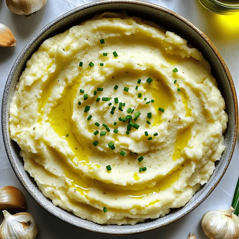 - 1 large head of cauliflower, cut into florets - 6 cloves of garlic, unpeeled - 2 tablespoons olive oil - 1/2 cup unsweetened almond milk (or any milk of choice) - 3 tablespoons unsalted butter (or vegan butter for a plant-based option) - Salt and pepper to taste - Fresh chives, chopped (for garnish) Cauliflower is the star here. Choose a large head for a good amount. The garlic adds that rich flavor. I prefer unpeeled garlic for roasting; it becomes sweet and soft. You can use almond milk for a dairy-free option or any milk you like. Butter adds creaminess, but vegan butter works well too. Salt and pepper are key for flavor. Fresh chives brighten the dish with color and taste. - Baking sheet - Mixing bowl - Immersion blender or food processor - Potato masher (if you prefer a chunkier texture) - Cooking utensils A baking sheet is essential for roasting the cauliflower and garlic. I use a mixing bowl to combine the ingredients after roasting. An immersion blender gives a smooth texture, while a food processor works too. If you want some lumps, a potato masher is a great choice. Make sure to have basic cooking utensils like a spatula and measuring cups ready. 1. Preheating the oven: Set your oven to 425°F (220°C). This heat will help the cauliflower and garlic get nice and tender. 2. Tossing ingredients and initial roasting: Take a large baking sheet. Add the cauliflower florets and six unpeeled garlic cloves. Drizzle them with two tablespoons of olive oil. Sprinkle salt and pepper over them. Toss everything well to coat. Spread the mixture evenly on the sheet. Roast in the oven for about 25-30 minutes. Look for golden brown cauliflower and soft garlic. 1. Techniques for mixing the mash: Once the veggies are done, let the garlic cool for a bit. Squeeze the soft garlic out of its skin into a mixing bowl. Add the roasted cauliflower to the bowl. Then, pour in half a cup of almond milk and three tablespoons of butter. 2. Adjusting texture preferences: Use an immersion blender or a food processor to blend the mixture. Blend until it is smooth and creamy. If you want a chunkier mash, grab a potato masher and mash it by hand. Taste your mash. If you think it needs more flavor, add extra salt, pepper, or butter. 1. Plating tips with garnishing: Serve your mash warm on a plate. To make it pretty, sprinkle some chopped fresh chives on top. This adds a nice green touch. 2. Ideal pairing with main dishes: This roasted garlic cauliflower mash works well with many main dishes. It pairs nicely with roasted chicken, grilled fish, or a hearty vegetable stew. Enjoy the comfort of this creamy dish! To get the best texture from your cauliflower, start with fresh florets. They should be firm and not brown. Cut them evenly for even cooking. When you roast the cauliflower, the edges should crisp up nicely. This gives it a great flavor and a nice bite. Roasting garlic is simple but crucial. Leave the skins on while roasting. This keeps the garlic soft and sweet. After roasting, let it cool a bit. Then, squeeze the soft garlic into your bowl. It will blend smoothly into your mash. If you want to switch from almond milk, you can use regular milk, soy milk, or oat milk. Each will change the flavor slightly. Try them all to find what you like best. For a vegan option, use plant-based butter. It works well to keep the creaminess. Coconut oil can also add a nice flavor while keeping it dairy-free. To make your mash even tastier, add fresh herbs like parsley or thyme. They bring a fresh taste that brightens the dish. You can also use spices like paprika or nutmeg for warmth. Don’t stop at just cauliflower. You can mix in other veggies. Turnips, carrots, or even sweet potatoes can add new flavors. Just roast them along with the cauliflower for a unique twist. {{image_2}} You can add cheese to your mash for a richer taste. A nice sharp cheddar or creamy goat cheese works great. Mix in about a half cup of cheese right before you blend the mash. This makes it extra creamy and delicious. You can also play with spices. A dash of smoked paprika or a pinch of nutmeg gives it a warm kick. Try adding fresh herbs like thyme or rosemary for a fragrant twist. For a keto-friendly version, skip the almond milk and use heavy cream instead. This keeps the carbs low while adding a rich flavor. To make it low-sodium, use fresh herbs and spices instead of salt. Lemon juice can brighten the dish without adding salt. You can also use no-salt butter for a simple swap. You can turn your mash into a tasty dip. Just add some sour cream and serve it with fresh veggies or chips. It’s perfect for parties! You can also use the mash as a filling in other dishes. Stuff it into baked potatoes or use it in tacos for a fun twist. This way, you can enjoy the flavors in many different ways. To keep your roasted garlic cauliflower mash fresh, use airtight containers. Glass or BPA-free plastic containers work best. Make sure to let the mash cool before sealing it. If you have leftovers, they freeze well too. Place them in freezer-safe bags, removing as much air as possible. Label the bags with the date so you know when to use them. When reheating, keep the texture and flavor in mind. The stovetop is the best method. Place the mash in a saucepan over low heat. Stir often to warm it through without drying it out. If using a microwave, heat it in short bursts. Stir in between to ensure even heating. You may need to add a splash of almond milk for creaminess. In the fridge, your mash will stay good for about 3 to 5 days. Always check for signs of spoilage. If it smells bad or shows mold, it’s time to toss it. When frozen, it can last for up to 3 months. Just remember to label it! Yes, you can prepare this dish in advance. To do this, roast the cauliflower and garlic as directed. Once they cool, store them in an airtight container. You can keep it in the fridge for up to three days. When ready to serve, simply reheat and blend with the almond milk and butter. This saves time on busy days. You have several options for milk. If you want a dairy choice, use whole milk or cream. For non-dairy options, try oat milk, soy milk, or coconut milk. Each will change the taste a bit, but all can work well. Just pick what you enjoy most. To add heat, include crushed red pepper flakes or cayenne pepper. You can also mix in a small amount of hot sauce for a bold kick. Another fun option is to sauté some diced jalapeños with the garlic. This gives great flavor and spice. Adjust to your taste for the perfect bite! This blog post shared how to create a tasty cauliflower mash. We covered the key ingredients, kitchen tools, and specific steps for the best results. I gave tips for texture and flavor, with options for dietary needs. You can experiment with variations, store leftovers properly, and reheat them effectively. In conclusion, enjoy being creative with your mash. Try new flavors and methods. Cooking can be fun and rewarding with these simple steps.