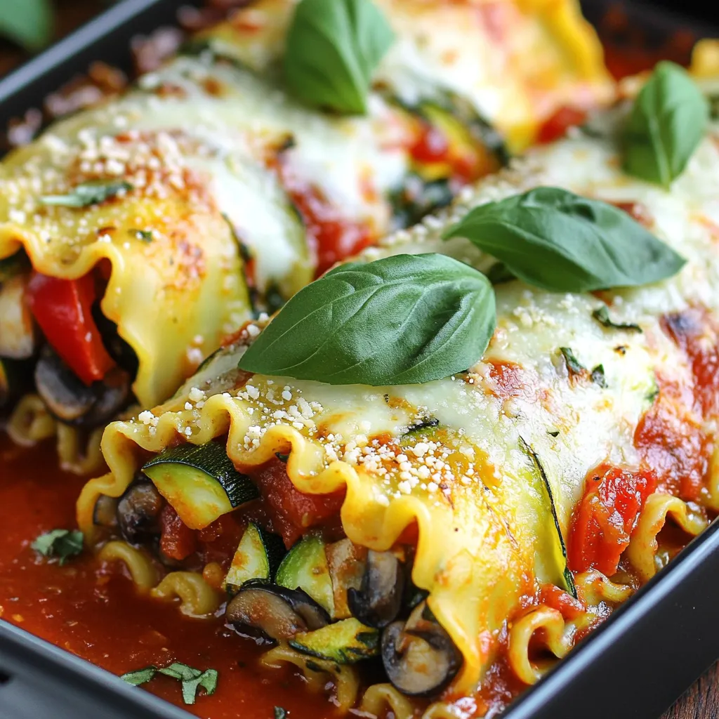 - 9 lasagna noodles - 1 medium zucchini, diced - 1 red bell pepper, diced - 1 cup mushrooms, sliced - 1 cup spinach, chopped - 1 cup ricotta cheese - 1 cup mozzarella cheese, shredded - 1/2 cup grated Parmesan cheese - 1 tablespoon olive oil - 2 cloves garlic, minced - 1 teaspoon dried oregano - 1 teaspoon dried basil - Salt and pepper to taste - 2 cups marinara sauce Roasted Veggie Lasagna Roll-Ups need fresh, tasty ingredients. Fresh veggies add flavor and color. I love using zucchini, red bell pepper, mushrooms, and spinach for this dish. They roast well, giving a sweet taste. For the cheese, I use ricotta, mozzarella, and Parmesan. They melt beautifully and create a creamy texture. Mixing them makes the filling rich and satisfying. Seasonings are key to making this dish pop. Olive oil keeps veggies moist. Garlic adds a punch. Oregano and basil give a warm, herbal flavor. Salt and pepper balance everything. Finally, marinara sauce brings it all together. It coats the roll-ups, adding moisture and taste. This sauce is an easy choice. You can use your favorite store-bought brand or make your own for a personal touch. With these ingredients, you create a cozy and comforting meal that warms the heart. First, preheat your oven to 400°F (200°C). This step gets the oven ready for baking. While it's heating, bring a large pot of salted water to a boil. Cook the lasagna noodles according to the package instructions. Aim for al dente, which means they should be firm to the bite. Once cooked, drain the noodles. Set them aside on a clean kitchen towel so they can cool. Next, gather your veggies. In a large mixing bowl, combine diced zucchini, red bell pepper, sliced mushrooms, and chopped spinach. Drizzle one tablespoon of olive oil over the veggies. Add minced garlic, oregano, basil, salt, and pepper. Toss everything well to coat the veggies evenly. Spread this veggie mixture in a single layer on a baking sheet. Roast in the oven for about 20-25 minutes. Look for the veggies to become tender and slightly caramelized. Once they are done, remove them from the oven and let them cool slightly. In a separate bowl, mix the ricotta cheese, half of the mozzarella cheese, and half of the Parmesan cheese together. This will be your filling. Now, take one lasagna noodle. Spread a generous spoonful of the ricotta mixture over it. Add a layer of the roasted veggies on top. Roll the noodle up tightly. Place it seam-side down in a baking dish. Repeat this process with the remaining noodles until all are filled. Pour the marinara sauce evenly over the top of the rolled noodles. Make sure each roll gets coated. Then, sprinkle the remaining mozzarella and Parmesan cheese over the sauce. Cover your baking dish with aluminum foil. Bake in the preheated oven for 25 minutes. After that time, remove the foil. Bake for an additional 10-15 minutes. Look for the cheese to be bubbly and golden. Let the roll-ups cool for a few minutes before serving. To get the best flavor, make sure to roast your veggies right. Here’s how: - Cut your zucchini, bell pepper, mushrooms, and spinach into small, even pieces. - Toss them in olive oil, minced garlic, oregano, basil, salt, and pepper. - Spread them out on a baking sheet. This helps them cook evenly. - Roast at 400°F (200°C) for 20-25 minutes. Look for a nice caramelization. Caramelization adds sweetness and depth. Make sure they are tender but not mushy. The right cheese mix is key to great flavor and texture. Here’s my method: - In a bowl, combine ricotta cheese, half of the mozzarella, and half of the Parmesan. - Mix until it’s smooth and creamy. This blend gives a rich taste. - If you want extra flavor, add a pinch of salt or some herbs. Mixing cheeses like this makes every bite delicious. Presentation makes a meal feel special. Here are some ideas for serving: - Place each roll-up on a plate with a bit of marinara sauce on the bottom. - Garnish with fresh basil leaves for color and taste. - Sprinkle extra Parmesan on top for a nice finish. - Serve with garlic bread on the side for a cozy touch. These small details will impress your friends and family! {{image_2}} You can swap veggies in this recipe for your favorites. Try using: - Carrots, diced - Broccoli florets - Eggplant, diced - Kale, chopped For cheese, you can use: - Cottage cheese instead of ricotta - Provolone for a twist on mozzarella - Feta for a tangy bite These changes keep the dish fresh and fun. You still get that cozy feeling with each bite. Want to make this dish lighter? Here are some easy swaps: - Use whole wheat lasagna noodles for extra fiber. - Replace ricotta with low-fat cottage cheese. - Cut down on cheese by half for less fat. You can also add more vegetables. Extra spinach or zucchini boosts nutrition without adding calories. If you're looking for a dairy-free meal, it's simple to adjust. Here’s how: - Use vegan ricotta or cashew cheese instead of dairy ricotta. - Choose a plant-based mozzarella that melts well. - For Parmesan, try nutritional yeast for a cheesy flavor. These vegan options keep the dish creamy and satisfying while being kind to your diet. To keep your roasted veggie lasagna roll-ups fresh, place them in an airtight container. Make sure they are fully cooled before storing. This helps prevent sogginess. Store them in the fridge for up to three days. If you notice any off smells or changes in texture, it’s best to discard them. For the best results, reheat your roll-ups in the oven. Preheat your oven to 350°F (175°C). Place the roll-ups in a baking dish and cover with foil. Heat for about 20 minutes. This keeps the cheese melty and the pasta tender. You can also use a microwave. Heat individual roll-ups for 1-2 minutes. Add a splash of water to keep them moist. Freezing is a great option for meal prep. After baking, allow the roll-ups to cool completely. Wrap each roll-up tightly in plastic wrap. Place them in a freezer-safe bag or container. They can be frozen for up to three months. To thaw, move them to the fridge overnight. Then, reheat as described above for a cozy meal anytime. Roasted veggie lasagna roll-ups last about 3 to 5 days in the fridge. Keep them in an airtight container to maintain freshness. If you see mold or an off smell, it's best to toss them out. Always trust your senses when checking food! Yes, you can prepare these roll-ups ahead of time! You can assemble them and store them in the fridge for up to 24 hours before baking. Just cover the dish with foil or plastic wrap to keep them fresh. If you want to prep further, roast the veggies and store them separately. You can try several sauces for added flavor. Alfredo sauce gives a creamy touch. Pesto adds a fresh, herb-filled twist. For a zesty kick, use a spicy arrabbiata. Experiment with these sauces to find your favorite! This blog post covered how to make delicious roasted veggie lasagna roll-ups. We discussed the key ingredients, from fresh veggies to cheesy goodness. I shared easy steps to prepare, assemble, and bake your dish. Plus, I offered tips for perfecting your recipe. In closing, don't be afraid to try new ingredients or variations. Cooking can be fun and creative. Enjoy your meal, and share it with family and friends!